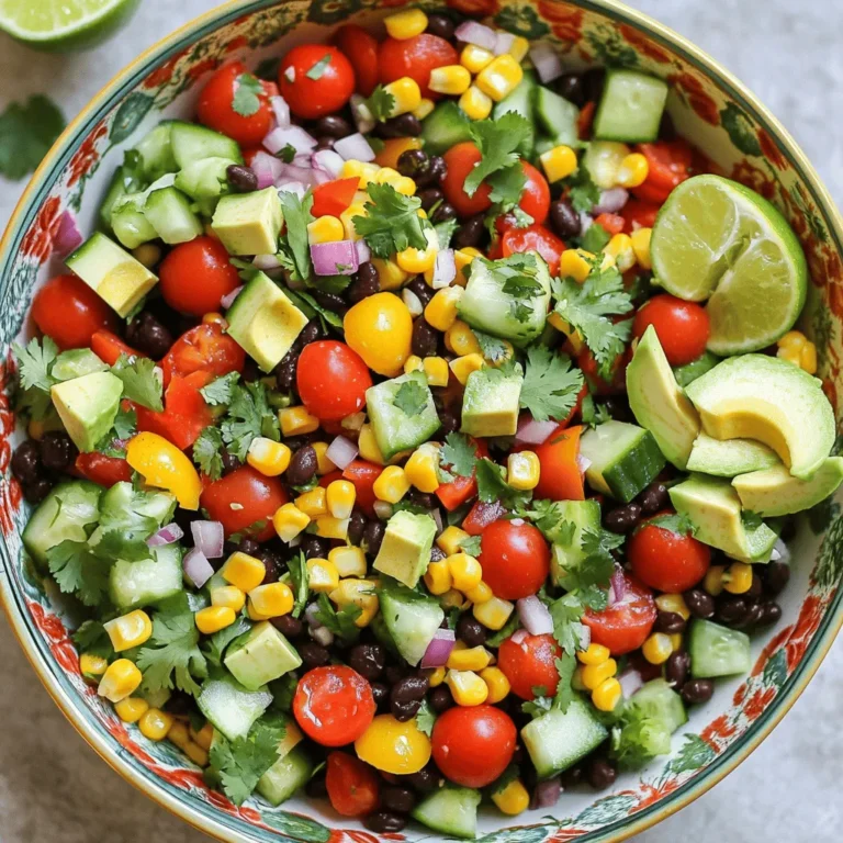 - 1 cup cherry tomatoes, halved - 1 cup cucumber, diced - 1 cup assorted bell peppers, diced - 1 cup corn kernels - 1 ripe avocado, diced - 1/4 cup red onion, finely chopped - 1/4 cup fresh cilantro, chopped - 1 can black beans, drained and rinsed - 2 fresh limes (juice) - 3 tablespoons extra-virgin olive oil - 1 teaspoon ground cumin - Sea salt and black pepper - Optional: 1 jalapeño, minced For a vibrant Mexican chopped salad, fresh ingredients matter. Each item adds a unique taste and texture. You want a mix of colors and flavors. This salad shines with its bright hues and crunch. Fresh Produce Requirements bring life to the dish. Cherry tomatoes offer sweetness. Cucumbers add crispness. Bell peppers lend a burst of color. Corn kernels give a sweet finish. Avocado brings creaminess, while red onion adds a sharp bite. Finally, cilantro rounds it out with a fresh herb taste. Additional Ingredients elevate the salad further. Black beans add protein and fiber. Lime juice gives a zesty kick. Extra-virgin olive oil adds richness. Ground cumin warms the flavors. Sea salt and black pepper enhance everything. If you like heat, minced jalapeño can spice things up. Gather all these ingredients for the full recipe and prepare to enjoy a salad that bursts with flavor and freshness. Start by gathering all your ingredients in a large mixing bowl. Here’s what you need: - 1 cup cherry tomatoes, halved - 1 cup cucumber, diced into bite-sized pieces - 1 cup assorted bell peppers, diced into small cubes - 1 cup corn kernels, freshly cooked or canned, drained - 1 can (15 oz) black beans, thoroughly drained and rinsed - 1 ripe avocado, diced - 1/4 cup red onion, finely chopped - Optional: 1 jalapeño, deseeded and minced for spice Add each ingredient to the bowl. The colors will make your salad pop! Next, take a separate small bowl. Whisk together the juice of 2 fresh limes, 3 tablespoons of extra-virgin olive oil, 1 teaspoon of ground cumin, and a pinch of sea salt and black pepper. Whisk until well combined. This step creates a fresh and zesty dressing that brings all the flavors together. Now, drizzle the dressing over the salad mixture in the large bowl. Gently toss everything together using a spatula or wooden spoon. This helps coat all the ingredients evenly with the dressing. Then, fold in 1/4 cup of chopped cilantro. This adds a fresh taste that brightens the salad. Taste the salad and adjust the seasoning as needed. You can add more salt, pepper, or lime juice to find your perfect flavor balance. Finally, let your salad rest for about 10 minutes at room temperature. This short pause allows the flavors to mingle. Your vibrant Mexican Chopped Salad is now ready to delight your taste buds! Check the [Full Recipe] for more tips and details. - Use fresh ingredients for the best flavor. Fresh tomatoes and crisp cucumbers make a big difference. - Adjust lime juice based on taste preference. Some like it tart, while others prefer less acid. - Serve in a vibrant bowl. A bright dish makes the salad look more inviting. - Garnish with additional cilantro and lime wedges. This adds color and a fresh pop. - Pair with grilled chicken or fish. This makes for a well-rounded meal. - Serve as a side dish or main course. It’s versatile and can fit any occasion. {{image_4}} You can change up your Mexican chopped salad in many ways. Here are two great ideas: - Substitute quinoa or farro for added protein. These grains boost nutrition and make the salad more filling. - Use different beans like pinto or kidney. This swap adds variety and new flavors to your dish. The dressing is key to this salad's taste. Here are some fun options: - Try a yogurt-based dressing for creaminess. It will give your salad a smooth texture and a tangy flavor. - Add chili powder or smoked paprika for extra flavor. This simple change will kick up the heat and add depth. Everyone can enjoy this salad with a few tweaks: - Make it vegan by omitting the honey from dressings. This ensures it fits a plant-based diet. - Use certified gluten-free ingredients for a gluten-free option. This way, those with gluten sensitivities can enjoy without worry. Overall, feel free to experiment with these variations. They make the salad your own and keep it fresh. For a complete guide, check out the Full Recipe. Store leftovers in an airtight container in the fridge. This helps keep the salad fresh. You should consume it within 2-3 days for the best taste and texture. To store long-term, freeze the ingredients separately. Avoid freezing the avocado since it can get mushy. When you’re ready to eat, thaw the ingredients and assemble the salad. It keeps the flavors bright and fresh. Keep the dressing separate until you are ready to serve. This prevents the salad from getting soggy. Add the avocado just before serving to stop it from browning. These steps help keep your Mexican chopped salad looking and tasting great! For the full recipe and more tips, check out the vibrant Mexican chopped salad recipe. You can make this salad more filling by adding grilled chicken, tofu, or quinoa. Each of these options provides protein and keeps you satisfied longer. Grilled chicken adds a savory flavor. Tofu is a great choice for a vegetarian option. Quinoa gives a nice nutty taste and extra texture. Yes, you can prepare this salad ahead of time. First, chop your ingredients and store them in separate containers. Keep the dressing in another container. Just combine everything right before you serve it. This helps keep the salad fresh and crisp. If you don’t have black beans, you can use other beans like chickpeas or lentils. Chickpeas add a creamy texture and a nutty flavor. Lentils are great for added protein and fiber. Both options work well in this salad and keep it delicious. For the Full Recipe, check the main section above. This blog post shared how to make a vibrant Mexican Chopped Salad. We covered fresh produce requirements, additional ingredients, and step-by-step instructions. Tips for perfecting your salad and suggestions for variations were included. I also shared how to store your salad for short- and long-term use. Enjoy this salad as a main dish or side. It's fresh, tasty, and adaptable. With these easy steps, you can create a dish that impresses at any meal. Let your creativity shine with different ingredients and dressings. Happy salad-making!