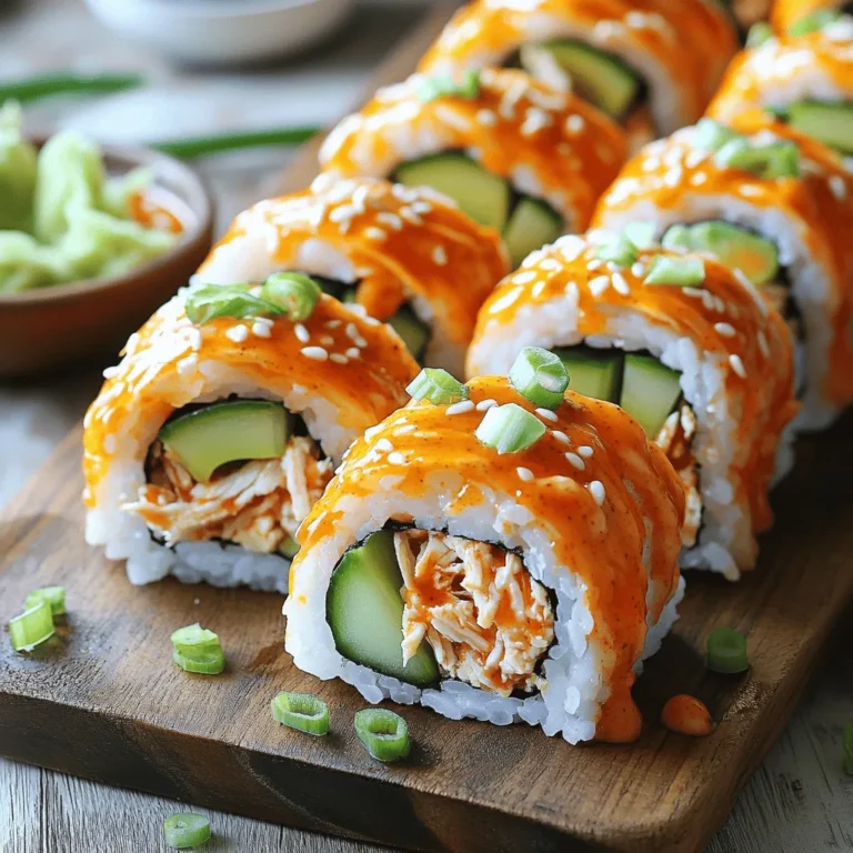 - Main Ingredients for Sushi Rolls - 2 cups sushi rice - 2 ½ cups water - ¼ cup rice vinegar - 1 tablespoon sugar - 1 teaspoon salt - 1 cup cooked chicken, shredded - ¼ cup buffalo sauce - 1 ripe avocado, sliced - ½ cucumber, julienned - ¼ cup cream cheese, softened - 4 sheets nori (seaweed) - Green onions, finely sliced for garnish - Sesame seeds for garnish - Essential Tools and Equipment - Bamboo sushi mat - Fine mesh strainer - Medium-sized pot or rice cooker - Small saucepan - Sharp knife - Mixing bowls - Damp cloth for knife To make Tailgate Buffalo Chicken Sushi Rolls, gather these ingredients and tools. Each item plays a key role in your sushi-making adventure. The sushi rice forms the base, while the buffalo chicken brings the fun and flavor. Don't forget the creamy avocado and crispy cucumber for texture. Your bamboo sushi mat will help you roll everything up tightly. These ingredients work together to create a delicious and unique dish that everyone will love. Rinsing and Cooking Sushi Rice First, rinse 2 cups of sushi rice under cold water. Use a fine mesh strainer until the water is clear. This step removes extra starch, which helps the rice cook well. Next, cook the rice. In a rice cooker or pot, add the rinsed rice with 2 ½ cups of water. Cook it according to your rice cooker’s instructions. If you’re using a pot, bring it to a boil. Then, cover and lower the heat. Cook for about 18 to 20 minutes until soft. Making Sushi Vinegar While the rice is cooking, make the sushi vinegar. In a small saucepan, mix ¼ cup of rice vinegar, 1 tablespoon of sugar, and 1 teaspoon of salt. Heat it gently over low heat until the sugar dissolves. Once the rice is cooked, transfer it to a large bowl. Gently mix in the vinegar mixture and let it cool at room temperature. Preparing the Buffalo Chicken Filling In a separate bowl, take 1 cup of shredded chicken. Pour in ¼ cup of buffalo sauce and stir well. Make sure the chicken is fully coated in the sauce for a tasty kick. Rolling Technique for Sushi Now, grab a bamboo sushi mat. Place one sheet of nori, shiny side down. With wet hands, spread about ½ cup of sushi rice evenly on the nori. Leave a 1-inch border at the top. In the center, add the buffalo chicken, slices of avocado, julienned cucumber, and a dollop of cream cheese. Carefully lift the bamboo mat closest to you and roll the sushi tightly away from you. Apply gentle pressure to keep everything compact. When you reach the edge of the nori, moisten it with a little water to seal the roll. Cutting the Sushi Rolls Use a sharp knife to slice the roll into 6 to 8 pieces. Keep the knife wet to make clean cuts. Wipe the blade after each slice for the best results. Garnishing for Visual Appeal To finish, garnish the rolls. Sprinkle finely sliced green onions and sesame seeds on top. Arrange the sushi rolls on a platter. Serve with extra buffalo sauce for dipping, and maybe some pickled ginger and wasabi for a fun touch. Enjoy your tailgate buffalo chicken sushi rolls! For the full recipe, check out the detailed steps above. - Key Cooking Methods: Start by rinsing the sushi rice in cold water. Use a fine mesh strainer until the water is clear. This removes extra starch and helps the rice cook evenly. You can cook it in a rice cooker or on the stove. If using a pot, bring water to a boil, then reduce heat and cover. Cook for about 18-20 minutes. - Ideal Vinegar Mixture Ratio: After the rice cooks, make your sushi vinegar. Heat rice vinegar, sugar, and salt together until dissolved. A good ratio is ¼ cup vinegar, 1 tablespoon sugar, and 1 teaspoon salt. Mix this into the rice gently when it's still warm. This adds flavor and helps the rice stick. - Using a Bamboo Sushi Mat: A bamboo mat is key to rolling sushi. Place a sheet of nori on the mat, shiny side down. Wet your hands to stop the rice from sticking. Spread rice evenly, leaving a 1-inch border at the top. - Common Mistakes to Avoid: Don't overfill your sushi! Too many ingredients make it hard to roll. Also, make sure to press the roll tightly. This keeps everything inside. If the nori tears, don’t panic. Just roll gently and keep going. - Suggestions for Extra Ingredients: You can add more fun flavors. Try diced jalapeños for heat or shredded carrots for crunch. Cream cheese adds creaminess, so don't skip it! - Pairing with Dipping Sauces: Buffalo chicken sushi rolls go great with extra buffalo sauce for dipping. You can also use ranch or blue cheese dressing for a classic touch. Try adding some pickled ginger and wasabi for a burst of flavor. These tips will help you make the best Tailgate Buffalo Chicken Sushi Rolls. Enjoy the fun of sushi-making! For the complete recipe, check the [Full Recipe]. {{image_4}} Alternative Proteins You can swap the chicken with turkey or shrimp. Grilled steak also works great. Each protein brings its own flavor. Vegetarian Options For a meatless roll, use tofu or tempeh. You can marinate them in buffalo sauce. Add roasted vegetables for extra taste and texture. Spicy Buffalo Chicken If you love heat, add more buffalo sauce. You can also mix in jalapeños for a kick. This will make your sushi rolls even more exciting. Asian-Inspired Alternatives Try using teriyaki sauce instead of buffalo. It gives a sweet and savory touch. You can add pickled carrots and daikon for a fresh twist. Creative Plating Ideas Arrange your sushi rolls on a long platter. Use a wooden board for a rustic look. You can also fan out the sushi for a stunning display. Serving with Side Dishes Pair your sushi with edamame or seaweed salad. These sides add balance to your meal. You can also serve with extra buffalo sauce for dipping. For the Full Recipe, check back to ensure you have all the steps. To keep your sushi rolls fresh, store them in the fridge. Wrap each roll tightly in plastic wrap. This keeps them from drying out. Place the wrapped rolls in an airtight container. This extra seal helps keep them fresh longer. When you want to eat them again, take them out of the fridge. Sushi rolls taste best when eaten cold. If you want to warm them, use a microwave. Just heat them for a few seconds. Keep an eye on them, so they don't get too hot. You can freeze your sushi rolls if you have extra. Start by wrapping each roll in plastic wrap. This prevents freezer burn. After wrapping, place the rolls in a freezer-safe bag. Squeeze out all the air before sealing. To thaw frozen sushi, move it to the fridge. Let it sit for a few hours or overnight. This slow thawing helps keep the rice from getting mushy. Enjoy your Tailgate Buffalo Chicken Sushi Rolls later with ease! For more details, you can refer to the Full Recipe. You can use apple cider vinegar or white vinegar. Both options give a similar tang. If you need a milder taste, try lemon juice. Each will change the flavor slightly, but they work well in this recipe. Yes, you can prepare them a few hours in advance. Keep the rolls in the fridge, covered with a damp cloth. This helps prevent the rice from drying out. Enjoy them cold or let them sit at room temperature for a bit before serving. Wet your hands before handling the rice. This helps keep it from sticking to your fingers. You can also lightly coat your hands with a little water or oil. Using a clean, sharp knife to slice the rolls will also help. Yes, sushi made with cooked chicken is safe to eat. Cooking the chicken kills any harmful bacteria. This makes it a great option for those who are unsure about raw fish. Rinse the sushi rice well before cooking. This removes excess starch and helps it cook evenly. Use a rice cooker for consistent results. Once cooked, mix in the vinegar gently, and let it cool without stirring too much. This will give you the perfect texture for rolling. For the full recipe and detailed steps, check out the Tailgate Buffalo Chicken Sushi Rolls recipe! Making Buffalo Chicken Sushi Rolls is fun and rewarding. We covered the main ingredients, essential tools, and step-by-step instructions. You learned how to prepare sushi rice, fill rolls, and present them beautifully. I shared tips to perfect your rice and avoid common mistakes. Feel free to experiment with variations and storage methods. These rolls are versatile and can match your taste. Enjoy making sushi and impress your friends with your skills!