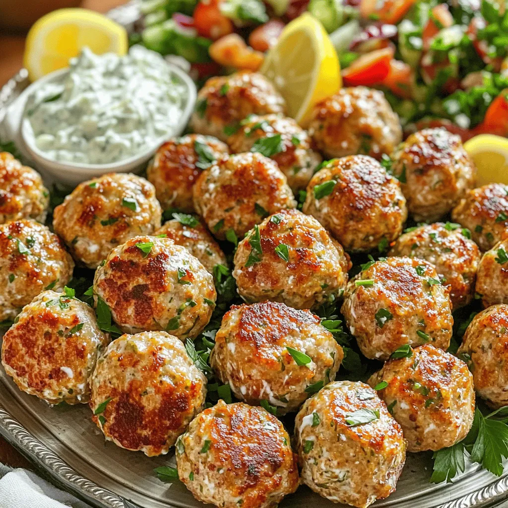 - 1 pound ground turkey - 1/2 cup breadcrumbs - 1/4 cup grated Parmesan cheese - 1 small onion, finely chopped - 2 cloves garlic, minced - 1 large egg - 1/4 cup fresh parsley, finely chopped - 1 tablespoon fresh oregano, finely chopped (or 1 teaspoon dried) - 1 teaspoon dried thyme - 1/2 teaspoon salt - 1/4 teaspoon black pepper - 1 tablespoon olive oil (for cooking) - Zest of 1 lemon The key to juicy Greek turkey meatballs lies in the mix of fresh herbs and quality ingredients. Ground turkey gives a light flavor, but we boost it with: - Zest of Lemon: This adds brightness and freshness. - Fresh Oregano: It brings a classic Mediterranean taste. - Garlic and Onion: These create a savory base that deepens flavor. Using fresh herbs over dried ones can elevate your dish. The combination of these ingredients makes each bite flavorful and juicy. You can swap ingredients based on what you have. Here are some ideas: - Ground Turkey: Try ground chicken or lean beef for a different taste. - Breadcrumbs: Use crushed crackers or oats if you want a gluten-free option. - Parmesan Cheese: Feta cheese adds a nice tangy twist. - Fresh Herbs: If you lack fresh parsley or oregano, dried herbs also work. Just use less. These substitutions keep the dish fun and flexible. Check out the Full Recipe for more details on making these juicy meatballs! Start by gathering your ingredients. In a large bowl, mix together the ground turkey, breadcrumbs, and grated Parmesan cheese. Add the finely chopped onion and minced garlic for taste. The lemon zest gives a fresh pop! Next, crack the egg into the bowl. It helps bind everything together. Now, sprinkle in the chopped parsley, fresh oregano, dried thyme, salt, and black pepper. Mix gently with your hands or a spoon. Be careful not to overmix. This keeps your meatballs tender and juicy. Once your mixture is ready, it’s time to form the meatballs. With clean hands, take a scoop of the mixture. Roll it into a ball about 1 to 1.5 inches wide. This size helps them cook evenly. You should make around 20 meatballs. Place them on a plate or tray to keep them organized. Heat a large skillet over medium heat. Add olive oil when the pan is hot. You want to see it shimmer. Carefully place the meatballs in the skillet, but don’t crowd them. This helps them brown nicely. Cook each meatball for about 5-6 minutes per side. Look for a golden brown color. To be sure they are done, check the internal temperature. It should be at least 165°F. After cooking, let the meatballs rest on a plate for a few minutes. This helps the juices settle, giving you the perfect bite. For the full recipe, you can refer to the full recipe section. Enjoy your tasty Greek turkey meatballs! To keep your meatballs juicy, use fresh ground turkey. It has more fat than lean turkey. Adding breadcrumbs helps trap moisture. The egg also binds and adds richness. Mix gently, so you don’t break the meat's fibers. Overmixing will make them tough. One common mistake is overcrowding the pan. This will steam your meatballs instead of browning them. Cook in batches to get a nice crust. Also, avoid skipping the resting step. Letting them rest helps the juices settle. Lastly, don’t forget to check the internal temperature. It must reach 165°F to ensure safety. For added flavor, use fresh herbs. Parsley and oregano brighten the dish. You can also add lemon zest for a fresh punch. If you like spice, try red pepper flakes. For a twist, mix in feta cheese for a salty bite. Serve these meatballs with tzatziki sauce for a refreshing dip. For the full recipe, check out the entire article! {{image_4}} You can change the flavor of your Greek turkey meatballs by adding herbs and spices. Try fresh dill for a lighter taste. You can also add cumin for a warm, earthy flavor. If you like heat, a pinch of red pepper flakes works well too. Mix and match to find your favorite combo! Not in the mood for turkey? You can use ground chicken or lean beef instead. Both options keep the meatballs juicy and flavorful. If you want a plant-based option, try crumbled tofu or lentils. Just make sure to adjust the cooking time for different proteins. How you serve these meatballs can change the meal. You can place them on a bed of rice or quinoa for a hearty dish. Wrap them in pita bread with lettuce and tzatziki for a fun sandwich. You can also serve them as appetizers with toothpicks for easy snacking. Explore these ideas and make it your own! For the full recipe, check the detailed instructions above. After making your juicy Greek turkey meatballs, allow them to cool. Place them in an airtight container. They can last in the fridge for up to four days. Always label the container with the date. This helps you keep track of freshness. When ready to eat, just take out the meatballs. If you want to store meatballs for longer, freezing is a great idea. First, let them cool completely. Then, arrange them in a single layer on a baking sheet. Freeze them until firm, about 1-2 hours. Once frozen, transfer the meatballs to a freezer bag. Remove as much air as possible. You can keep them in the freezer for up to three months. To reheat your meatballs, you have a few options. The oven works well. Preheat it to 350°F. Place the meatballs on a baking sheet. Heat them for about 15-20 minutes, or until warm. You can also use the microwave. Heat them in a microwave-safe dish for 1-2 minutes. If you want to avoid drying out the meatballs, cover them with a damp paper towel. This keeps them juicy. For a full recipe, check the earlier sections of this article. To make turkey meatballs tender, don't overmix the meat. When mixing, combine all ingredients gently. Overmixing can lead to tough meatballs. Adding moisture helps too. Use ingredients like breadcrumbs and eggs, which retain moisture during cooking. You can also mix in some grated vegetables, like zucchini or carrots, to add more moisture. Yes, you can use ground chicken instead of turkey. Ground chicken has a similar texture and flavor. Make sure to check the fat content. Chicken may have less fat than turkey, which can affect juiciness. To keep them moist, follow the same steps in the recipe. Cook meatballs on the stove for about 5-6 minutes per side. This timing ensures they brown nicely and cook all the way through. The internal temperature should reach 165°F. If you are unsure, use a meat thermometer. This way, you’ll know your meatballs are safe to eat. For even cooking, avoid overcrowding the pan when adding meatballs. For the complete recipe, check out the Full Recipe section. We covered the key ingredients for tasty meatballs and their alternatives. I shared steps to make them juicy and highlighted tips to avoid common mistakes. You can try fun variations or store them well for later. Remember, cooking is about enjoying the process. Keep experimenting with flavors and techniques. With practice, you'll create perfect meatballs every time. Embrace your kitchen adventures!