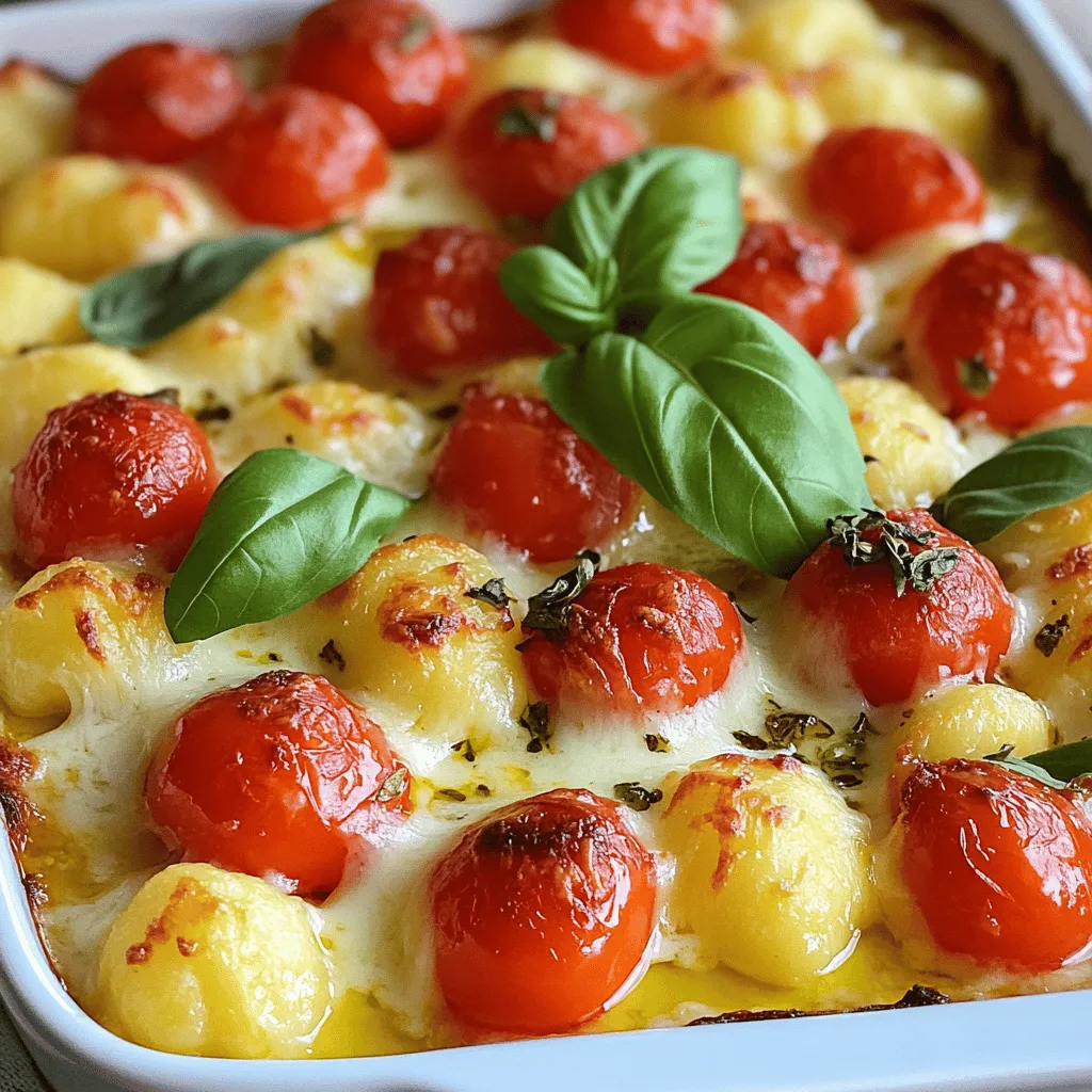 - 1 lb (450g) fresh potato gnocchi - 2 cups homemade or store-bought marinara sauce - 1 cup cherry tomatoes, halved - 1 cup mozzarella cheese, shredded - ½ cup Parmesan cheese, finely grated - 1 teaspoon dried basil - 1 teaspoon dried oregano - ½ teaspoon red pepper flakes (optional) - Salt and freshly ground black pepper to taste - Fresh basil leaves, for garnish - 2 tablespoons extra-virgin olive oil The main ingredients for your Tomato Gnocchi Bake create a lovely mix of flavors. Start with fresh potato gnocchi, which gives a soft and pillowy texture. You can find these at most grocery stores. Next, choose a good marinara sauce. Use homemade sauce for more flavor, or grab your favorite store-bought version. Cherry tomatoes add a sweet touch. Halve them to let their juices mingle with the sauce. The cheeses bring richness. Mozzarella melts beautifully, while Parmesan adds a salty kick. For seasonings, dried basil and oregano enhance the Italian flavor. If you like heat, add red pepper flakes. Adjust salt and pepper to your taste. Finally, drizzle olive oil on top. This adds a nice finish and helps the bake brown evenly. You can find the Full Recipe above to guide you through each step. Enjoy making this hearty meal! - Preheat the oven to 375°F (190°C). - Cook the gnocchi in salted water until they float. First, set your oven to 375°F (190°C). This heat will help our dish cook evenly. Next, grab a large pot and fill it with water. Add a good amount of salt and bring it to a boil. Once boiling, gently add the gnocchi. Keep an eye on them. They will float when they are ready, which takes about 2-3 minutes. When they float, drain them carefully and set aside. - Combine cooked gnocchi with marinara sauce and tomatoes. - Layer ingredients in a baking dish with cheese. Now, it's time to mix! In a big bowl, combine your cooked gnocchi with the marinara sauce and halved cherry tomatoes. Gently stir so all the gnocchi get coated in that tasty sauce. Next, lightly grease a baking dish with olive oil. Spread half of the gnocchi mixture in the dish. Sprinkle half of the mozzarella and Parmesan cheese on top. This will create a nice cheesy layer. Then, add the rest of the gnocchi mixture on top. Make sure it is spread out evenly. Finish this layer with the remaining mozzarella and Parmesan cheese. Drizzle a bit of olive oil on top. Season with salt and pepper to taste. - Cover and bake for 20 minutes. - Uncover and bake for an additional 10-15 minutes. Cover your baking dish tightly with aluminum foil. This helps keep the moisture in while baking. Place the dish in the preheated oven for 20 minutes. After that, carefully remove the foil. Bake it uncovered for another 10-15 minutes. You want the cheese to be bubbly and golden brown. When it looks perfect, take it out and let it cool for a few minutes before serving. For the full recipe, refer to the delightful Tomato Gnocchi Bake. Enjoy your meal! - Use fresh gnocchi for superior texture. Fresh gnocchi cooks quickly and stays soft. - Don’t overboil the gnocchi. Boil them just until they float. This keeps them tender. - Consider adding garlic or onions to the sauce. These add a nice depth to your dish. - Experiment with cheese types for different flavors. Try feta or goat cheese for a twist. - Serve in individual ramekins for a charming touch. It makes each serving special and fun. - Garnish with fresh basil and drizzled olive oil. This brightens the dish and adds flavor. Using these tips will elevate your Tomato Gnocchi Bake experience. For the complete details on making this dish, check the Full Recipe. {{image_4}} You can make this dish lighter and still tasty. Try using whole wheat gnocchi for more fiber. Zucchini noodles also work well and add nutrients. You can swap in low-fat cheese to cut calories without losing flavor. For extra taste, add sautéed vegetables. Spinach or bell peppers mix well with the sauce. You can also add cooked sausage or ground meat for a hearty twist. These options boost flavor and protein, making the dish more filling. If you need gluten-free gnocchi, many brands offer options made from rice or corn. For a dairy-free version, use vegan cheese substitutes. These changes let everyone enjoy this meal, no matter their diet. Remember, you can find the full recipe above to create your own delicious version! Let your Tomato Gnocchi Bake cool before storing. This step helps keep the texture nice. Once cooled, transfer it to airtight containers for refrigeration. This will keep it fresh for up to three days. For the best texture, reheat the bake in the oven. Set your oven to 350°F (175°C) and cover the dish with foil. This helps warm it evenly. You can also use the microwave if you need a quick fix. Just be aware that it might get a bit soggy. You can freeze the Tomato Gnocchi Bake before or after baking. If you freeze it before baking, just wrap it well. When you’re ready to eat, thaw it completely before reheating. This ensures it warms properly and tastes great. The best way to cook gnocchi is simple. Start with salted water in a large pot. Bring it to a boil. Once boiling, add your fresh potato gnocchi. Cook for about 2-3 minutes. You'll know they are ready when they float to the top. After they float, drain the gnocchi right away. This keeps them tender and fluffy. For extra flavor, you can add a bit of olive oil to the water. It helps to keep them from sticking together. Yes, you can make Tomato Gnocchi Bake ahead of time. Prepare the dish as directed, but don’t bake it. After mixing the gnocchi and sauce, layer it in your baking dish. Cover it tightly with plastic wrap or foil. You can store it in the fridge for up to 24 hours. When you're ready to eat, just bake it as directed. You may need to add a few extra minutes to the baking time. Tomato Gnocchi Bake lasts about 3-4 days in the fridge. Make sure to store it in an airtight container. This keeps it fresh and safe to eat. If you want to enjoy it later, consider freezing it. It can last up to three months in the freezer. Just thaw it completely in the fridge before reheating. For the best taste, reheat it in the oven. The texture stays nice that way. This blog post covered how to make a tasty Tomato Gnocchi Bake. We went through the key ingredients, cooking steps, and helpful tips. You now know how to add your own twist with variations and store your dish properly. Remember, using fresh ingredients makes a big difference. Enjoy experimenting and creating your perfect bake. Simple techniques can lead to delicious meals every time. I hope you feel ready to try this dish and share it with others. Happy cooking!