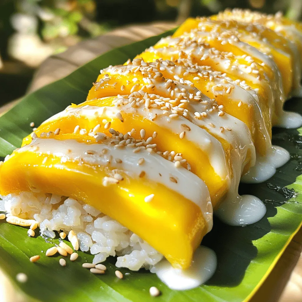 To make Sweet Mango Sticky Rice Rolls, you need the following ingredients: - 1 cup glutinous rice - 1 ½ cups coconut milk - 2 tablespoons sugar - ¼ teaspoon salt - 2 ripe mangoes, peeled and sliced into thin strips These ingredients work together to create a creamy and sweet treat. You can enhance your rolls with these optional toppings: - 2 tablespoons toasted sesame seeds - Shredded coconut These garnishes add texture and flavor to your dish. You can choose any of them based on your taste. Here are the kitchen tools you will need: - Bamboo steamer or steam-safe dish - Cheesecloth (for easy rice removal) - Mixing bowls Having the right equipment makes cooking easier and more fun! To start, rinse the glutinous rice under cold water. Do this several times until the water runs clear. This step is key to removing excess starch. It helps keep the rice from getting too gummy. After rinsing, soak the rice in fresh water. Aim for at least 4 hours, but overnight is best. When ready to cook, drain the rice well. Next, we need to steam the rice. Set up a bamboo steamer or a steam-safe dish. Line your steamer basket with cheesecloth. This makes it easy to remove the rice later. Spread the drained rice evenly in the steamer. Steam the rice for about 20 to 25 minutes. Check for doneness by looking for a translucent and tender texture. While the rice is steaming, prepare the coconut sauce. Pour 1 ½ cups of coconut milk into a saucepan. Add 2 tablespoons of sugar and ¼ teaspoon of salt. Heat this mixture over medium-low heat. Stir until the sugar dissolves completely. Avoid boiling the sauce to keep it smooth. Now for the fun part—assembling the rolls! Lay out banana leaves or parchment paper on your work surface. Take a handful of the sticky rice. Mold it into a rectangle about ½ inch thick on the leaf or paper. Leave some space around the edges. Then, add a few strips of sliced mango in the center, laying them lengthwise. Carefully fold the edges of the banana leaf or parchment over the rice and mango. Roll tightly to enclose the filling. Repeat these steps with the remaining rice and mango. Finally, arrange the rolls on a platter and drizzle with coconut sauce. Don't forget to sprinkle toasted sesame seeds on top for added flavor. To make great sticky rice, soak the rice for at least four hours. If you can, soak it overnight. This helps the rice absorb water and become tender. When you steam it, use a bamboo steamer or a heat-safe dish. Line the steamer with cheesecloth. This makes it easy to lift the rice out. Steam the rice for about 20 to 25 minutes. The rice should be translucent and soft. If it seems too dry, add a bit more coconut milk afterward. If you can't find glutinous rice, you can try using jasmine rice. It won’t be as sticky, but it still tastes good. For the coconut milk, you can use almond milk or oat milk if you need a dairy-free option. In a pinch, sugar can be replaced with honey or agave syrup. You can also switch mango for other fruits like bananas or strawberries for a fun twist. These rolls pair well with a sweet drink like coconut water or Thai iced tea. You might also try serving them with fresh fruit on the side. For a complete meal, consider adding a light salad. A mix of greens with a tangy dressing would balance the sweet rolls nicely. Feel free to drizzle extra coconut sauce over the top for added flavor. Try to arrange the rolls on a nice platter for a beautiful presentation. For the full recipe, check out the Sweet Mango Sticky Rice Rolls recipe above. {{image_4}} You can switch up the flavors in your sweet mango sticky rice rolls. Try using other fruits like bananas, strawberries, or even peaches. Each fruit brings its own taste and texture. For example, bananas add creaminess, while strawberries add a fresh bite. You can mix and match fruits to find your favorite combo. Just slice the fruit thinly and add it in the same way as mango. Making this recipe vegan or gluten-free is easy. To make it vegan, ensure your coconut milk has no added ingredients that come from animals. Most brands are already vegan. For a gluten-free option, use certified gluten-free products. Glutinous rice is naturally gluten-free, so you’re already set there. Just double-check any sauces or toppings you use. They should also be gluten-free to keep the rolls safe for all diets. How you serve the rolls can make a big difference. You can create a beautiful dessert platter. Arrange the rolls on a large plate and drizzle coconut sauce on top. Add some fresh fruit on the side for color. You could also cut the rolls into bite-sized pieces. This makes them perfect for parties or snacks. Presenting them this way allows guests to enjoy them easily. To store leftover Sweet Mango Sticky Rice Rolls, place them in an airtight container. They will stay fresh for up to three days in the fridge. Make sure the rolls are completely cool before sealing them. This keeps the moisture in and the rolls soft. If you notice any excess moisture in the container, use a paper towel to absorb it. To freeze the rolls, wrap each one tightly in plastic wrap. Then, place them in a freezer-safe bag or container. They can be frozen for up to one month. When you want to eat them, remove the rolls from the freezer and let them thaw in the fridge overnight. To reheat, steam them for a few minutes until warmed through. This helps maintain their texture and flavor. Look for signs that your rolls are no longer good to eat. If you see mold or an off smell, it's time to toss them. If the rice feels dry or hard, it may not taste good anymore. Always trust your senses. When in doubt, it's better to be safe and not eat them. Enjoy your Sweet Mango Sticky Rice Rolls while they're fresh! It takes about 30 minutes to prep and 1 hour and 15 minutes total. You will spend around 4 hours soaking the rice, so plan ahead. Cooking the rice takes about 20 to 25 minutes. After that, you mix the rice with coconut sauce and assemble the rolls. Glutinous rice is key for this recipe. It gives the rolls their sticky texture. You can try using jasmine rice, but it won't be as sticky. Other rice types will not give the same results. Stick to glutinous rice for the best flavor and texture. Yes, you can make the rolls ahead of time. Just keep them in the fridge. They taste best fresh, but you can store them for up to 2 days. Wrap them well to keep them from drying out. The texture may change a bit when stored. This dish comes from Southeast Asia, especially Thailand. It is often served as a dessert or snack. Sweet mango sticky rice is a popular street food. The dish is a symbol of Thai culture and is enjoyed during special occasions. To make these rolls gluten-free, use glutinous rice as it is naturally gluten-free. For nut-free, avoid any nut toppings. If you're vegan, ensure your coconut milk is dairy-free. You can also swap the sugar for a vegan sweetener if needed. You now know how to make delicious Sweet Mango Sticky Rice Rolls. We covered essential ingredients, from glutinous rice to ripe mangoes. I shared tips on best practices for cooking and garnishing. You can even explore variations like using different fruits. Remember, storing leftovers properly ensures you enjoy them later. This dish not only tastes great but also reflects rich cultural traditions. Enjoy your cooking journey!