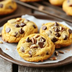 - 1 cup pumpkin puree - 1/2 cup unsalted butter - 1 cup brown sugar - 1/2 cup granulated sugar - 1 large egg - 1 teaspoon vanilla extract I love using pumpkin puree in these cookies. It gives them a soft texture and rich flavor. The unsalted butter makes them creamy, while the mix of brown and granulated sugar adds sweetness. A large egg helps bind everything together, and vanilla extract gives a warm aroma. - 2 cups all-purpose flour - 1/2 teaspoon baking soda - 1/2 teaspoon baking powder - 1 teaspoon ground cinnamon - 1/2 teaspoon ground nutmeg - 1/4 teaspoon ground ginger - 1/2 teaspoon sea salt The dry ingredients are key for a good cookie. All-purpose flour adds structure. Baking soda and baking powder help the cookies rise. The spices—cinnamon, nutmeg, and ginger—bring that fall flavor that everyone loves. Sea salt enhances all the tastes in the cookie. - 1 cup chocolate chips - 1/2 cup chopped pecans or walnuts Chocolate chips are a must for sweetness and texture. You can also add pecans or walnuts for a nice crunch. These add-ins make the cookies even more special. For the full recipe, check out [Full Recipe]. Enjoy creating these tasty treats! - Preheat oven to 350°F (175°C). - Line a baking sheet with parchment paper. I start by preheating the oven to 350°F. This step is key for even baking. Next, I line my baking sheet with parchment paper. This makes cleanup easy and helps the cookies not stick. - Cream the butter and sugars. - Incorporate pumpkin puree, egg, and vanilla. In a large bowl, I cream softened butter with brown and white sugars. I mix until it’s fluffy. This takes about 2 to 3 minutes. Then, I add in the pumpkin puree, egg, and vanilla extract. I stir it on low speed until all the wet ingredients blend well. - Whisk flour and spices together. - Gradually mix with the wet ingredients. In another bowl, I whisk together flour, baking soda, baking powder, cinnamon, nutmeg, ginger, and salt. This step helps the spices mix evenly. I then slowly add this dry mixture to the wet mix. I stir gently until just combined, being careful not to overmix. - Fold in chocolate chips and nuts. - Portion dough onto baking sheet. Now comes the fun part! I fold in the chocolate chips and, if I want, some chopped nuts. This adds a nice crunch. Then, I use a spoon to scoop rounded tablespoons of dough onto the prepared baking sheet. I make sure to leave space between each scoop for them to spread. - Bake for 12-15 minutes. - Cooling time before serving. I place the baking sheet in the oven and set my timer for 12 minutes. I keep an eye on them. The cookies should turn golden around the edges but still be soft in the center. Once baked, I let them cool on the sheet for about 5 minutes. Then, I move them to a wire rack to cool completely. For the full recipe, check out [Full Recipe]. To make the best chocolate chip pumpkin cookies, start with room temperature ingredients. This helps the butter mix well, giving your cookies a nice, soft texture. Also, avoid overmixing the dough. When you mix too much, it can make the cookies tough. Just mix until you see no dry flour. You can make these cookies even better by adding spices. Try a pinch of allspice or cloves for a warm flavor. You can also use decorative toppings before baking. Sprinkle a few chocolate chips or nuts on top of the dough for a nice look. For the best results, use a light-colored baking sheet. Dark sheets can cause the cookies to brown too quickly. Also, always use parchment paper. It stops the cookies from sticking and makes cleanup easy. These small tips can help you bake perfect cookies every time. For a full recipe, check the section above. {{image_4}} You can make these cookies gluten-free with simple swaps. Use a mix of almond flour and coconut flour instead of all-purpose flour. A good ratio is 1 cup almond flour and 1/3 cup coconut flour. This blend keeps your cookies soft and chewy. Remember to add a bit more baking soda, about 1/4 teaspoon. This helps them rise nicely. To make vegan cookies, swap the egg and butter. Use 1/4 cup unsweetened applesauce in place of the egg. For the butter, use 1/2 cup of coconut oil or a dairy-free butter. This keeps the cookies moist and tasty. Check your chocolate chips to ensure they are dairy-free as well. You can make these cookies unique with fun add-ins. Try adding 1/2 cup of chopped pecans or walnuts for a nutty crunch. You can also mix in dried cranberries or raisins for a fruity touch. For a chocolate twist, use flavored chocolate chips like mint or orange. These small changes make each batch special and exciting. For the full recipe, check out the instructions above. To keep your cookies fresh, use an airtight container. A glass or plastic container works well. Place parchment paper between layers to prevent sticking. Store them at room temperature for up to a week. If you want to keep them longer, consider freezing. You can freeze both unbaked and baked cookies. For unbaked cookies, scoop dough onto a baking sheet, then freeze for two hours. Once frozen, transfer them to a zip-top bag. For baked cookies, let them cool completely before wrapping them in plastic wrap. Store them in a freezer-safe bag. They can last up to three months. To thaw, take out the cookies and let them sit at room temperature for about 30 minutes. If you want, you can bake the frozen dough straight from the freezer. Just add a couple of minutes to the baking time. To enjoy soft cookies again, use the oven or microwave. For the oven, preheat to 350°F (175°C). Place cookies on a baking sheet and warm for about 5 minutes. For the microwave, heat for 10-15 seconds. This method keeps them soft and delicious. Enjoy your cookies warm, and they will taste freshly baked every time! Yes, you can use fresh pumpkin. To prepare fresh pumpkin, you must first roast it. Cut the pumpkin in half, scoop out the seeds, and place the halves cut-side down on a baking sheet. Roast at 400°F (200°C) for about 40-50 minutes. Once cool, scoop the flesh out and mash it. Measure 1 cup for the recipe. Fresh pumpkin has a nice flavor, but it may be slightly more watery than canned. Drain any excess liquid before mixing. You can use white sugar or coconut sugar as a substitute. White sugar will make the cookies a bit less moist. Coconut sugar adds a nice flavor and keeps some moisture. If you substitute, use the same amount. If you prefer a richer taste, you can use maple syrup. Just reduce the liquid in the recipe slightly. Look for golden edges and a soft center. They should not look wet. If the edges are lightly brown, it's a good sign. The cookies will continue to cook on the baking sheet after you take them out. Let them rest for five minutes before moving them to a cooling rack. Yes, you can make these cookies ahead of time. Once baked, let them cool completely. Store them in an airtight container at room temperature for up to a week. If you want to freeze them, place the cooled cookies in a freezer-safe bag. They will last for up to three months. To serve, simply thaw them at room temperature or warm them in the oven for a few minutes. Making chocolate chip pumpkin cookies is fun and easy. You start by mixing wet and dry ingredients, then folding in chocolate chips. You can add nuts or spices for extra flavor. Remember to store any leftovers properly to keep them fresh. These cookies can also be frozen for future enjoyment. With these tips, you will bake cookies that friends and family will love. Enjoy the sweet, spiced taste anytime!