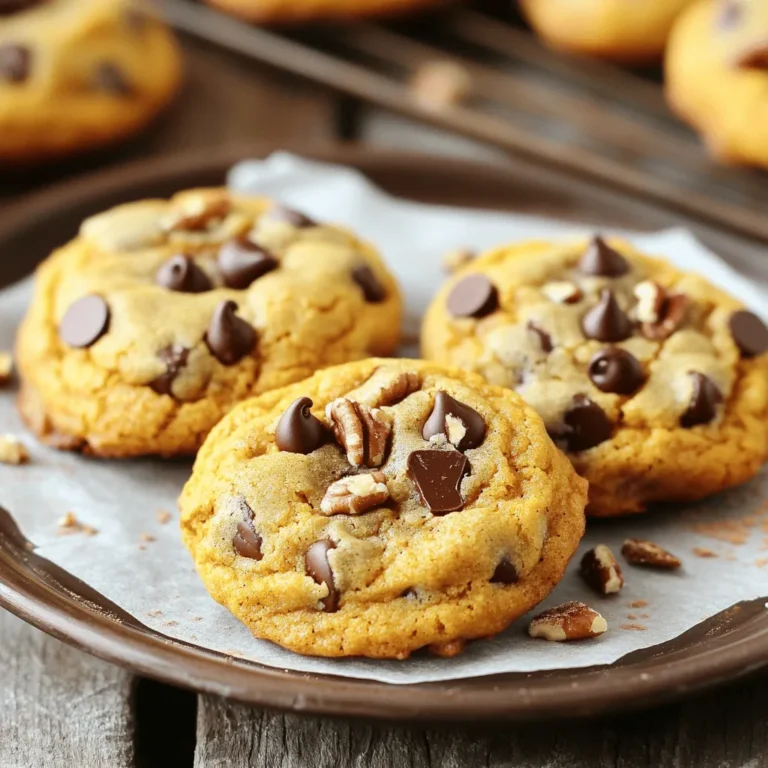 - 1 cup pumpkin puree - 1/2 cup unsalted butter - 1 cup brown sugar - 1/2 cup granulated sugar - 1 large egg - 1 teaspoon vanilla extract I love using pumpkin puree in these cookies. It gives them a soft texture and rich flavor. The unsalted butter makes them creamy, while the mix of brown and granulated sugar adds sweetness. A large egg helps bind everything together, and vanilla extract gives a warm aroma. - 2 cups all-purpose flour - 1/2 teaspoon baking soda - 1/2 teaspoon baking powder - 1 teaspoon ground cinnamon - 1/2 teaspoon ground nutmeg - 1/4 teaspoon ground ginger - 1/2 teaspoon sea salt The dry ingredients are key for a good cookie. All-purpose flour adds structure. Baking soda and baking powder help the cookies rise. The spices—cinnamon, nutmeg, and ginger—bring that fall flavor that everyone loves. Sea salt enhances all the tastes in the cookie. - 1 cup chocolate chips - 1/2 cup chopped pecans or walnuts Chocolate chips are a must for sweetness and texture. You can also add pecans or walnuts for a nice crunch. These add-ins make the cookies even more special. For the full recipe, check out [Full Recipe]. Enjoy creating these tasty treats! - Preheat oven to 350°F (175°C). - Line a baking sheet with parchment paper. I start by preheating the oven to 350°F. This step is key for even baking. Next, I line my baking sheet with parchment paper. This makes cleanup easy and helps the cookies not stick. - Cream the butter and sugars. - Incorporate pumpkin puree, egg, and vanilla. In a large bowl, I cream softened butter with brown and white sugars. I mix until it’s fluffy. This takes about 2 to 3 minutes. Then, I add in the pumpkin puree, egg, and vanilla extract. I stir it on low speed until all the wet ingredients blend well. - Whisk flour and spices together. - Gradually mix with the wet ingredients. In another bowl, I whisk together flour, baking soda, baking powder, cinnamon, nutmeg, ginger, and salt. This step helps the spices mix evenly. I then slowly add this dry mixture to the wet mix. I stir gently until just combined, being careful not to overmix. - Fold in chocolate chips and nuts. - Portion dough onto baking sheet. Now comes the fun part! I fold in the chocolate chips and, if I want, some chopped nuts. This adds a nice crunch. Then, I use a spoon to scoop rounded tablespoons of dough onto the prepared baking sheet. I make sure to leave space between each scoop for them to spread. - Bake for 12-15 minutes. - Cooling time before serving. I place the baking sheet in the oven and set my timer for 12 minutes. I keep an eye on them. The cookies should turn golden around the edges but still be soft in the center. Once baked, I let them cool on the sheet for about 5 minutes. Then, I move them to a wire rack to cool completely. For the full recipe, check out [Full Recipe]. To make the best chocolate chip pumpkin cookies, start with room temperature ingredients. This helps the butter mix well, giving your cookies a nice, soft texture. Also, avoid overmixing the dough. When you mix too much, it can make the cookies tough. Just mix until you see no dry flour. You can make these cookies even better by adding spices. Try a pinch of allspice or cloves for a warm flavor. You can also use decorative toppings before baking. Sprinkle a few chocolate chips or nuts on top of the dough for a nice look. For the best results, use a light-colored baking sheet. Dark sheets can cause the cookies to brown too quickly. Also, always use parchment paper. It stops the cookies from sticking and makes cleanup easy. These small tips can help you bake perfect cookies every time. For a full recipe, check the section above. {{image_4}} You can make these cookies gluten-free with simple swaps. Use a mix of almond flour and coconut flour instead of all-purpose flour. A good ratio is 1 cup almond flour and 1/3 cup coconut flour. This blend keeps your cookies soft and chewy. Remember to add a bit more baking soda, about 1/4 teaspoon. This helps them rise nicely. To make vegan cookies, swap the egg and butter. Use 1/4 cup unsweetened applesauce in place of the egg. For the butter, use 1/2 cup of coconut oil or a dairy-free butter. This keeps the cookies moist and tasty. Check your chocolate chips to ensure they are dairy-free as well. You can make these cookies unique with fun add-ins. Try adding 1/2 cup of chopped pecans or walnuts for a nutty crunch. You can also mix in dried cranberries or raisins for a fruity touch. For a chocolate twist, use flavored chocolate chips like mint or orange. These small changes make each batch special and exciting. For the full recipe, check out the instructions above. To keep your cookies fresh, use an airtight container. A glass or plastic container works well. Place parchment paper between layers to prevent sticking. Store them at room temperature for up to a week. If you want to keep them longer, consider freezing. You can freeze both unbaked and baked cookies. For unbaked cookies, scoop dough onto a baking sheet, then freeze for two hours. Once frozen, transfer them to a zip-top bag. For baked cookies, let them cool completely before wrapping them in plastic wrap. Store them in a freezer-safe bag. They can last up to three months. To thaw, take out the cookies and let them sit at room temperature for about 30 minutes. If you want, you can bake the frozen dough straight from the freezer. Just add a couple of minutes to the baking time. To enjoy soft cookies again, use the oven or microwave. For the oven, preheat to 350°F (175°C). Place cookies on a baking sheet and warm for about 5 minutes. For the microwave, heat for 10-15 seconds. This method keeps them soft and delicious. Enjoy your cookies warm, and they will taste freshly baked every time! Yes, you can use fresh pumpkin. To prepare fresh pumpkin, you must first roast it. Cut the pumpkin in half, scoop out the seeds, and place the halves cut-side down on a baking sheet. Roast at 400°F (200°C) for about 40-50 minutes. Once cool, scoop the flesh out and mash it. Measure 1 cup for the recipe. Fresh pumpkin has a nice flavor, but it may be slightly more watery than canned. Drain any excess liquid before mixing. You can use white sugar or coconut sugar as a substitute. White sugar will make the cookies a bit less moist. Coconut sugar adds a nice flavor and keeps some moisture. If you substitute, use the same amount. If you prefer a richer taste, you can use maple syrup. Just reduce the liquid in the recipe slightly. Look for golden edges and a soft center. They should not look wet. If the edges are lightly brown, it's a good sign. The cookies will continue to cook on the baking sheet after you take them out. Let them rest for five minutes before moving them to a cooling rack. Yes, you can make these cookies ahead of time. Once baked, let them cool completely. Store them in an airtight container at room temperature for up to a week. If you want to freeze them, place the cooled cookies in a freezer-safe bag. They will last for up to three months. To serve, simply thaw them at room temperature or warm them in the oven for a few minutes. Making chocolate chip pumpkin cookies is fun and easy. You start by mixing wet and dry ingredients, then folding in chocolate chips. You can add nuts or spices for extra flavor. Remember to store any leftovers properly to keep them fresh. These cookies can also be frozen for future enjoyment. With these tips, you will bake cookies that friends and family will love. Enjoy the sweet, spiced taste anytime!
