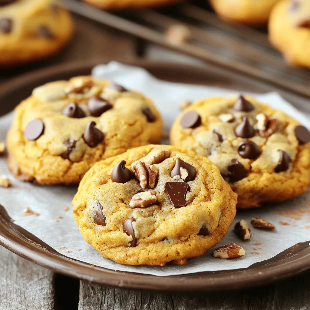 - 1 cup pumpkin puree - 1/2 cup unsalted butter - 1 cup brown sugar - 1/2 cup granulated sugar - 1 large egg - 1 teaspoon vanilla extract I love using pumpkin puree in these cookies. It gives them a soft texture and rich flavor. The unsalted butter makes them creamy, while the mix of brown and granulated sugar adds sweetness. A large egg helps bind everything together, and vanilla extract gives a warm aroma. - 2 cups all-purpose flour - 1/2 teaspoon baking soda - 1/2 teaspoon baking powder - 1 teaspoon ground cinnamon - 1/2 teaspoon ground nutmeg - 1/4 teaspoon ground ginger - 1/2 teaspoon sea salt The dry ingredients are key for a good cookie. All-purpose flour adds structure. Baking soda and baking powder help the cookies rise. The spices—cinnamon, nutmeg, and ginger—bring that fall flavor that everyone loves. Sea salt enhances all the tastes in the cookie. - 1 cup chocolate chips - 1/2 cup chopped pecans or walnuts Chocolate chips are a must for sweetness and texture. You can also add pecans or walnuts for a nice crunch. These add-ins make the cookies even more special. For the full recipe, check out [Full Recipe]. Enjoy creating these tasty treats! - Preheat oven to 350°F (175°C). - Line a baking sheet with parchment paper. I start by preheating the oven to 350°F. This step is key for even baking. Next, I line my baking sheet with parchment paper. This makes cleanup easy and helps the cookies not stick. - Cream the butter and sugars. - Incorporate pumpkin puree, egg, and vanilla. In a large bowl, I cream softened butter with brown and white sugars. I mix until it’s fluffy. This takes about 2 to 3 minutes. Then, I add in the pumpkin puree, egg, and vanilla extract. I stir it on low speed until all the wet ingredients blend well. - Whisk flour and spices together. - Gradually mix with the wet ingredients. In another bowl, I whisk together flour, baking soda, baking powder, cinnamon, nutmeg, ginger, and salt. This step helps the spices mix evenly. I then slowly add this dry mixture to the wet mix. I stir gently until just combined, being careful not to overmix. - Fold in chocolate chips and nuts. - Portion dough onto baking sheet. Now comes the fun part! I fold in the chocolate chips and, if I want, some chopped nuts. This adds a nice crunch. Then, I use a spoon to scoop rounded tablespoons of dough onto the prepared baking sheet. I make sure to leave space between each scoop for them to spread. - Bake for 12-15 minutes. - Cooling time before serving. I place the baking sheet in the oven and set my timer for 12 minutes. I keep an eye on them. The cookies should turn golden around the edges but still be soft in the center. Once baked, I let them cool on the sheet for about 5 minutes. Then, I move them to a wire rack to cool completely. For the full recipe, check out [Full Recipe]. To make the best chocolate chip pumpkin cookies, start with room temperature ingredients. This helps the butter mix well, giving your cookies a nice, soft texture. Also, avoid overmixing the dough. When you mix too much, it can make the cookies tough. Just mix until you see no dry flour. You can make these cookies even better by adding spices. Try a pinch of allspice or cloves for a warm flavor. You can also use decorative toppings before baking. Sprinkle a few chocolate chips or nuts on top of the dough for a nice look. For the best results, use a light-colored baking sheet. Dark sheets can cause the cookies to brown too quickly. Also, always use parchment paper. It stops the cookies from sticking and makes cleanup easy. These small tips can help you bake perfect cookies every time. For a full recipe, check the section above. {{image_4}} You can make these cookies gluten-free with simple swaps. Use a mix of almond flour and coconut flour instead of all-purpose flour. A good ratio is 1 cup almond flour and 1/3 cup coconut flour. This blend keeps your cookies soft and chewy. Remember to add a bit more baking soda, about 1/4 teaspoon. This helps them rise nicely. To make vegan cookies, swap the egg and butter. Use 1/4 cup unsweetened applesauce in place of the egg. For the butter, use 1/2 cup of coconut oil or a dairy-free butter. This keeps the cookies moist and tasty. Check your chocolate chips to ensure they are dairy-free as well. You can make these cookies unique with fun add-ins. Try adding 1/2 cup of chopped pecans or walnuts for a nutty crunch. You can also mix in dried cranberries or raisins for a fruity touch. For a chocolate twist, use flavored chocolate chips like mint or orange. These small changes make each batch special and exciting. For the full recipe, check out the instructions above. To keep your cookies fresh, use an airtight container. A glass or plastic container works well. Place parchment paper between layers to prevent sticking. Store them at room temperature for up to a week. If you want to keep them longer, consider freezing. You can freeze both unbaked and baked cookies. For unbaked cookies, scoop dough onto a baking sheet, then freeze for two hours. Once frozen, transfer them to a zip-top bag. For baked cookies, let them cool completely before wrapping them in plastic wrap. Store them in a freezer-safe bag. They can last up to three months. To thaw, take out the cookies and let them sit at room temperature for about 30 minutes. If you want, you can bake the frozen dough straight from the freezer. Just add a couple of minutes to the baking time. To enjoy soft cookies again, use the oven or microwave. For the oven, preheat to 350°F (175°C). Place cookies on a baking sheet and warm for about 5 minutes. For the microwave, heat for 10-15 seconds. This method keeps them soft and delicious. Enjoy your cookies warm, and they will taste freshly baked every time! Yes, you can use fresh pumpkin. To prepare fresh pumpkin, you must first roast it. Cut the pumpkin in half, scoop out the seeds, and place the halves cut-side down on a baking sheet. Roast at 400°F (200°C) for about 40-50 minutes. Once cool, scoop the flesh out and mash it. Measure 1 cup for the recipe. Fresh pumpkin has a nice flavor, but it may be slightly more watery than canned. Drain any excess liquid before mixing. You can use white sugar or coconut sugar as a substitute. White sugar will make the cookies a bit less moist. Coconut sugar adds a nice flavor and keeps some moisture. If you substitute, use the same amount. If you prefer a richer taste, you can use maple syrup. Just reduce the liquid in the recipe slightly. Look for golden edges and a soft center. They should not look wet. If the edges are lightly brown, it's a good sign. The cookies will continue to cook on the baking sheet after you take them out. Let them rest for five minutes before moving them to a cooling rack. Yes, you can make these cookies ahead of time. Once baked, let them cool completely. Store them in an airtight container at room temperature for up to a week. If you want to freeze them, place the cooled cookies in a freezer-safe bag. They will last for up to three months. To serve, simply thaw them at room temperature or warm them in the oven for a few minutes. Making chocolate chip pumpkin cookies is fun and easy. You start by mixing wet and dry ingredients, then folding in chocolate chips. You can add nuts or spices for extra flavor. Remember to store any leftovers properly to keep them fresh. These cookies can also be frozen for future enjoyment. With these tips, you will bake cookies that friends and family will love. Enjoy the sweet, spiced taste anytime!
