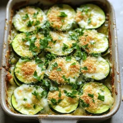 - 4 medium zucchinis, sliced into thin rounds - 4 tablespoons unsalted butter - 4 cloves garlic, finely minced - 1 cup shredded mozzarella cheese - 1/2 cup grated Parmesan cheese I love using fresh zucchinis for this dish. They bring a lovely texture and taste. Unsalted butter is key as it lets the garlic shine. I always use fresh garlic because it makes everything pop. The blend of mozzarella and Parmesan adds creaminess and depth. - 1 teaspoon dried oregano - 1 teaspoon dried thyme - Salt and black pepper to taste Seasonings really enhance the flavors. Dried oregano and thyme work well with zucchini. A pinch of salt and some black pepper balance everything perfectly. - 1/2 cup panko breadcrumbs - Fresh parsley for garnish Panko breadcrumbs are my secret to a crunchy topping. They add a delightful texture. Fresh parsley not only looks great but also adds a fresh taste. For the full recipe, check the detailed instructions. - Step 1: Preheat the oven Preheat your oven to 375°F (190°C). This is key for the best bake. - Step 2: Sauté garlic in butter In a large skillet, melt 4 tablespoons of unsalted butter over medium heat. Once melted and bubbling, add 4 cloves of minced garlic. Stir for 1-2 minutes until fragrant. Watch closely to avoid burning the garlic. - Step 3: Add zucchini and seasonings Next, add 4 sliced zucchinis to the skillet. Season with salt, black pepper, 1 teaspoon of dried oregano, and 1 teaspoon of dried thyme. Cook for 5-7 minutes, stirring often. The zucchinis should be tender but still have some crunch. - Step 4: Cool the mixture Remove the skillet from heat and let the zucchini mix cool for 2-3 minutes. Cooling helps keep the cheese from melting too fast. - Step 5: Mix with cheeses In a big bowl, combine the zucchini mixture with 1 cup of shredded mozzarella cheese and 1/2 cup of grated Parmesan cheese. Stir well to mix everything evenly. - Step 6: Prepare the casserole Grease a 9x13-inch casserole dish with cooking spray or extra butter. Pour the zucchini mix into the dish and spread it out evenly. - Step 7: Add the topping In a small bowl, combine 1/2 cup of panko breadcrumbs with the remaining Parmesan cheese. Sprinkle this mix over the top for a crunchy finish. - Step 8: Bake and garnish Place the casserole in your preheated oven. Bake for 25-30 minutes until the top is golden and bubbly. After baking, let it rest for 5 minutes. Garnish with chopped parsley before serving. For the complete cooking steps, check the Full Recipe. Enjoy your garlic butter zucchini casserole! To make your Garlic Butter Zucchini Casserole shine, pay attention to a few key steps. First, avoid burnt garlic. When you sauté garlic, keep a close eye on it. Garlic cooks quickly. If it turns too brown, it can taste bitter. Aim for a light golden color for the best flavor. Next, ensure your zucchini retains its crunch. Cook the zucchini just enough to soften slightly. It should still have some bite. If you cook it too long, it becomes mushy. Remember, you want that nice mix of tender and crunchy in every bite. When serving your casserole, think about presentation. You can serve it warm right from the dish for a casual feel. For a fancier look, place individual portions on plates. Garnish each plate with more chopped parsley. A sprinkle of extra Parmesan cheese adds elegance too. Pair your casserole with side dishes. A fresh salad or crusty bread complements the flavors well. You might also enjoy it with grilled chicken or fish for a balanced meal. Want to boost the flavor of your casserole? Add spices or herbs. A pinch of red pepper flakes gives it a nice kick. You can also try fresh herbs like basil or chives for a burst of freshness. If you’re a cheese lover, consider alternative cheese options. Cheddar cheese adds a sharp flavor. Feta cheese can bring a nice tang. Experiment with different cheeses to find your favorite combination. You can even mix and match to create a unique twist on this classic dish. {{image_4}} You can switch the cheeses in this casserole for new tastes. Cheddar cheese adds a sharp flavor, making the dish rich and creamy. Feta cheese offers a tangy twist, giving a Mediterranean touch. If you prefer dairy-free options, vegan cheese substitutes work well. Look for vegan mozzarella or cheddar to keep the same texture. Boost the protein in your casserole by adding ground turkey or chicken. Cook the meat separately and mix it in with the zucchini. This addition makes the dish heartier. You can also use beans like black beans or chickpeas for a plant-based option. They add protein and fiber, making the meal more filling. Feel free to add other vegetables to your casserole. Bell peppers and onions can enhance the flavor and color. Just chop them up and sauté with the zucchini. You can also use summer squash for a similar texture. Mixing in different veggies makes the dish fun and colorful. You can find more ideas in the Full Recipe. To keep your Garlic Butter Zucchini Casserole fresh, store leftovers in the fridge. Place the casserole in an airtight container. This will help seal in moisture and flavor. If you do not have an airtight container, cover the dish tightly with plastic wrap. This will also work well. Consume the leftovers within three to four days for the best taste. If you want to save the casserole for later, freezing is a great option. Allow the casserole to cool completely before freezing. Transfer it to a freezer-safe container. You can also wrap the dish tightly in aluminum foil. It will keep well for up to three months. For reheating, first thaw it in the fridge overnight. Then, reheat it in the oven at 350°F (175°C) until heated through, about 20-25 minutes. In the fridge, the casserole lasts for about three to four days. After this time, it may not taste as good. Look for signs that it has gone bad, like a sour smell or mold. If you see any discoloration or an off smell, it’s best to throw it away. Enjoy your Garlic Butter Zucchini Casserole fresh for the best flavor! Yes, you can prepare this casserole ahead of time. To do this, follow these tips: - Prep the Zucchini: Slice the zucchinis and sauté them with garlic as the recipe states. - Cool the Mixture: Let the mixture cool down before mixing in the cheeses. - Assemble the Casserole: Place the mixture in your greased baking dish and cover it tightly with foil. - Refrigerate: Store it in the fridge for up to 24 hours. - Bake When Ready: When you want to bake it, remove it from the fridge, uncover, and bake as the recipe suggests. This method saves time and is perfect for busy days. Yes, it can be gluten-free! Here are some alternatives: - Use Gluten-Free Breadcrumbs: Instead of panko, choose gluten-free breadcrumbs for the topping. - Check Cheese Labels: Ensure that the cheeses you use are gluten-free, as some brands may add fillers. - Watch Seasonings: Most dried herbs and spices are gluten-free, but check for any added ingredients. These swaps make the casserole safe for gluten-free eaters. You can easily make this casserole more filling by adding: - Whole Grains: Mix in cooked quinoa or brown rice to add fiber and protein. - Proteins: Incorporate cooked chicken, turkey, or even beans for extra heartiness. - Nuts or Seeds: Sprinkle some toasted nuts or seeds for added texture and nutrition. These options will turn your dish into a more balanced meal. For the complete recipe, check out the Full Recipe. In this blog post, we explored how to make a delicious garlic butter zucchini casserole. We covered the main ingredients like zucchini, garlic, and cheese. You learned step-by-step instructions, tips for perfecting your dish, and exciting variations. This casserole is versatile, easy to store, and fun to share. You can customize it to fit your taste. Enjoy this simple yet tasty meal that everyone will love. Happy cooking!