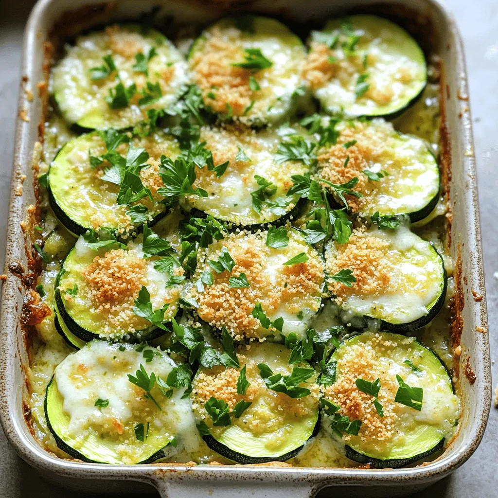 - 4 medium zucchinis, sliced into thin rounds - 4 tablespoons unsalted butter - 4 cloves garlic, finely minced - 1 cup shredded mozzarella cheese - 1/2 cup grated Parmesan cheese I love using fresh zucchinis for this dish. They bring a lovely texture and taste. Unsalted butter is key as it lets the garlic shine. I always use fresh garlic because it makes everything pop. The blend of mozzarella and Parmesan adds creaminess and depth. - 1 teaspoon dried oregano - 1 teaspoon dried thyme - Salt and black pepper to taste Seasonings really enhance the flavors. Dried oregano and thyme work well with zucchini. A pinch of salt and some black pepper balance everything perfectly. - 1/2 cup panko breadcrumbs - Fresh parsley for garnish Panko breadcrumbs are my secret to a crunchy topping. They add a delightful texture. Fresh parsley not only looks great but also adds a fresh taste. For the full recipe, check the detailed instructions. - Step 1: Preheat the oven Preheat your oven to 375°F (190°C). This is key for the best bake. - Step 2: Sauté garlic in butter In a large skillet, melt 4 tablespoons of unsalted butter over medium heat. Once melted and bubbling, add 4 cloves of minced garlic. Stir for 1-2 minutes until fragrant. Watch closely to avoid burning the garlic. - Step 3: Add zucchini and seasonings Next, add 4 sliced zucchinis to the skillet. Season with salt, black pepper, 1 teaspoon of dried oregano, and 1 teaspoon of dried thyme. Cook for 5-7 minutes, stirring often. The zucchinis should be tender but still have some crunch. - Step 4: Cool the mixture Remove the skillet from heat and let the zucchini mix cool for 2-3 minutes. Cooling helps keep the cheese from melting too fast. - Step 5: Mix with cheeses In a big bowl, combine the zucchini mixture with 1 cup of shredded mozzarella cheese and 1/2 cup of grated Parmesan cheese. Stir well to mix everything evenly. - Step 6: Prepare the casserole Grease a 9x13-inch casserole dish with cooking spray or extra butter. Pour the zucchini mix into the dish and spread it out evenly. - Step 7: Add the topping In a small bowl, combine 1/2 cup of panko breadcrumbs with the remaining Parmesan cheese. Sprinkle this mix over the top for a crunchy finish. - Step 8: Bake and garnish Place the casserole in your preheated oven. Bake for 25-30 minutes until the top is golden and bubbly. After baking, let it rest for 5 minutes. Garnish with chopped parsley before serving. For the complete cooking steps, check the Full Recipe. Enjoy your garlic butter zucchini casserole! To make your Garlic Butter Zucchini Casserole shine, pay attention to a few key steps. First, avoid burnt garlic. When you sauté garlic, keep a close eye on it. Garlic cooks quickly. If it turns too brown, it can taste bitter. Aim for a light golden color for the best flavor. Next, ensure your zucchini retains its crunch. Cook the zucchini just enough to soften slightly. It should still have some bite. If you cook it too long, it becomes mushy. Remember, you want that nice mix of tender and crunchy in every bite. When serving your casserole, think about presentation. You can serve it warm right from the dish for a casual feel. For a fancier look, place individual portions on plates. Garnish each plate with more chopped parsley. A sprinkle of extra Parmesan cheese adds elegance too. Pair your casserole with side dishes. A fresh salad or crusty bread complements the flavors well. You might also enjoy it with grilled chicken or fish for a balanced meal. Want to boost the flavor of your casserole? Add spices or herbs. A pinch of red pepper flakes gives it a nice kick. You can also try fresh herbs like basil or chives for a burst of freshness. If you’re a cheese lover, consider alternative cheese options. Cheddar cheese adds a sharp flavor. Feta cheese can bring a nice tang. Experiment with different cheeses to find your favorite combination. You can even mix and match to create a unique twist on this classic dish. {{image_4}} You can switch the cheeses in this casserole for new tastes. Cheddar cheese adds a sharp flavor, making the dish rich and creamy. Feta cheese offers a tangy twist, giving a Mediterranean touch. If you prefer dairy-free options, vegan cheese substitutes work well. Look for vegan mozzarella or cheddar to keep the same texture. Boost the protein in your casserole by adding ground turkey or chicken. Cook the meat separately and mix it in with the zucchini. This addition makes the dish heartier. You can also use beans like black beans or chickpeas for a plant-based option. They add protein and fiber, making the meal more filling. Feel free to add other vegetables to your casserole. Bell peppers and onions can enhance the flavor and color. Just chop them up and sauté with the zucchini. You can also use summer squash for a similar texture. Mixing in different veggies makes the dish fun and colorful. You can find more ideas in the Full Recipe. To keep your Garlic Butter Zucchini Casserole fresh, store leftovers in the fridge. Place the casserole in an airtight container. This will help seal in moisture and flavor. If you do not have an airtight container, cover the dish tightly with plastic wrap. This will also work well. Consume the leftovers within three to four days for the best taste. If you want to save the casserole for later, freezing is a great option. Allow the casserole to cool completely before freezing. Transfer it to a freezer-safe container. You can also wrap the dish tightly in aluminum foil. It will keep well for up to three months. For reheating, first thaw it in the fridge overnight. Then, reheat it in the oven at 350°F (175°C) until heated through, about 20-25 minutes. In the fridge, the casserole lasts for about three to four days. After this time, it may not taste as good. Look for signs that it has gone bad, like a sour smell or mold. If you see any discoloration or an off smell, it’s best to throw it away. Enjoy your Garlic Butter Zucchini Casserole fresh for the best flavor! Yes, you can prepare this casserole ahead of time. To do this, follow these tips: - Prep the Zucchini: Slice the zucchinis and sauté them with garlic as the recipe states. - Cool the Mixture: Let the mixture cool down before mixing in the cheeses. - Assemble the Casserole: Place the mixture in your greased baking dish and cover it tightly with foil. - Refrigerate: Store it in the fridge for up to 24 hours. - Bake When Ready: When you want to bake it, remove it from the fridge, uncover, and bake as the recipe suggests. This method saves time and is perfect for busy days. Yes, it can be gluten-free! Here are some alternatives: - Use Gluten-Free Breadcrumbs: Instead of panko, choose gluten-free breadcrumbs for the topping. - Check Cheese Labels: Ensure that the cheeses you use are gluten-free, as some brands may add fillers. - Watch Seasonings: Most dried herbs and spices are gluten-free, but check for any added ingredients. These swaps make the casserole safe for gluten-free eaters. You can easily make this casserole more filling by adding: - Whole Grains: Mix in cooked quinoa or brown rice to add fiber and protein. - Proteins: Incorporate cooked chicken, turkey, or even beans for extra heartiness. - Nuts or Seeds: Sprinkle some toasted nuts or seeds for added texture and nutrition. These options will turn your dish into a more balanced meal. For the complete recipe, check out the Full Recipe. In this blog post, we explored how to make a delicious garlic butter zucchini casserole. We covered the main ingredients like zucchini, garlic, and cheese. You learned step-by-step instructions, tips for perfecting your dish, and exciting variations. This casserole is versatile, easy to store, and fun to share. You can customize it to fit your taste. Enjoy this simple yet tasty meal that everyone will love. Happy cooking!