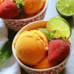 - 2 ripe mangoes, peeled and diced - 2 cups fresh strawberries, hulled and halved - 1/2 cup honey or maple syrup - 1 tablespoon freshly squeezed lime juice - 1 cup coconut water - Fresh mint leaves for garnish - Additional fruits for layering - High-speed blender or food processor - Shallow dish or silicone ice cube tray - Fork for mixing during freezing The main ingredients form the heart of the Mango Strawberry Sorbet. You need ripe mangoes and fresh strawberries for the best flavor. The honey or maple syrup adds the right sweetness. Lime juice adds a nice tang that brightens the taste. Coconut water gives it a smooth, tropical feel. For extra flavor, you can add mint leaves. They add freshness and a nice color. You can also layer in other fruits like kiwi or banana if you want. Having the right tools makes the process easier. A high-speed blender or food processor helps you blend the fruit smoothly. A shallow dish or silicone ice cube tray is perfect for freezing the mixture. You’ll also need a fork to stir the sorbet while it freezes. This helps it stay creamy and smooth. Follow the Full Recipe for a step-by-step guide to making this delicious treat! First, gather your fruits. You need two ripe mangoes and two cups of fresh strawberries. Peel and dice the mangoes into small chunks. Hull and halve the strawberries. Next, take a high-speed blender and add the mangoes, strawberries, half a cup of honey or maple syrup, one tablespoon of lime juice, and one cup of coconut water. This mix gives your sorbet its fresh and sweet flavor. Blend the mixture until it is smooth and creamy. This step is key for a great sorbet. While blending, pause as needed to scrape down the sides. This helps ensure that everything mixes well. You want a silky texture, so blend thoroughly. Once blended, pour your mixture into a shallow dish or ice cube tray. This helps it freeze evenly. Place it in the freezer for about 4 to 6 hours. This long freeze is what makes your sorbet firm and scoopable. To make your sorbet even smoother, stir it with a fork every hour while it freezes. This breaks up any ice crystals that form. It takes a bit of effort but is worth it for a creamy finish. After your sorbet is fully frozen, scoop it into chilled bowls or cones. For the best experience, let it sit at room temperature for 5 to 10 minutes before serving. This softens it just enough to make scooping easier. Enjoy your homemade mango strawberry sorbet as a fun and refreshing treat. For the full recipe, check out the detailed steps to create this delicious dessert! To make your sorbet just right, adjust the sweetness to your taste. Start with half a cup of honey or maple syrup. Blend it in and taste. If you want it sweeter, add more syrup, a little at a time. This way, you control the flavor. Stirring during freezing is really important. Every hour, use a fork to mix the sorbet. This keeps ice crystals small. A smooth texture is key to a great sorbet. For a beautiful presentation, serve your sorbet in chilled bowls. You can add a slice of fresh lime and a mint sprig on top. This gives your dessert a pop of color and freshness. Pair your sorbet with simple snacks like cookies or fresh fruit. They enhance the sweet, fruity taste of the sorbet. This sorbet is light and refreshing. Each serving has about 100 calories, depending on the sweetener you use. The mangoes and strawberries offer vitamins and antioxidants. They help your body stay healthy. This treat fits well into a balanced diet. It’s a great dessert option when you want something sweet without heavy cream or added sugars. Enjoy it guilt-free! {{image_4}} You can mix up this sorbet with other fruits. Pineapples add a tropical twist. Bananas can make it creamier. Feel free to experiment! Use fruits that you love or have on hand. This way, you create your own special sorbet. You can also change the sweetener. Honey works great, but so does maple syrup. You could try agave syrup too. Each sweetener gives a different taste. Adjust the amount based on how sweet you want it. If you want a creamier sorbet without dairy, try coconut cream. It gives a rich texture. You can also use almond milk. This keeps the dessert light yet satisfying. Both options are easy to find. Coconut milk is another great choice. It adds a nice flavor while staying dairy-free. Mix and match these bases to find your favorite creaminess level. Adding herbs or spices can take your sorbet to the next level. Basil gives a fresh taste. Just a few leaves can change everything. You can also try adding ginger. It adds a nice zing and warmth. To add these, simply chop finely and mix them into your fruit blend. Start with a little, then taste. You can always add more if you want a stronger flavor. This is a fun way to make your sorbet unique! For the Full Recipe, click here and discover how to make this delightful dessert! To keep your mango strawberry sorbet fresh, store it in airtight containers. This helps keep out air and moisture. Make sure the containers seal tightly. If you don’t have one, use plastic wrap over the sorbet, pressing it down to remove air. This reduces the chance of freezer burn. Freezer burn can harm the taste and texture of your sorbet. For the best flavor and texture, enjoy your sorbet within one month. After this time, the taste may change. It might still be safe to eat, but the quality could decline. To ensure you eat it while it's fresh, label your containers with the date. This simple step helps you track how long it has been in the freezer. If your sorbet becomes too hard, don’t worry! Start by letting it sit at room temperature for about 10 minutes. This softens it just enough to scoop. If it still feels too hard, use a fork to break it up. Then, remix it gently to restore that creamy texture. You can also blend it again if you want to make it smoother. Enjoy your delicious mango strawberry sorbet just like new! Yes, you can use frozen fruits. Frozen mangoes and strawberries can save time. They are often picked at peak ripeness. This means they can be just as flavorful. However, fresh fruits give a better texture. If you use frozen fruits, let them thaw for a bit. This helps when you blend them. You can store sorbet in the freezer for about one month. After that, it may lose its flavor and texture. To keep it fresh, place it in an airtight container. This helps prevent freezer burn. Always try to consume it sooner for the best taste. Yes, this recipe is great for kids. It has natural sugars from the fruits. You can adjust the sweetness by using less honey or maple syrup. This makes it healthy and tasty. Plus, it is a fun way to get kids to enjoy fruit. If your sorbet is too icy, try these tips. First, stir the mixture every hour while freezing. This breaks up ice crystals. Second, if it is too hard, let it sit for a few minutes. This softens it for easier scooping. Lastly, blending in a bit of coconut milk can add creaminess. Making mango strawberry sorbet is fun and simple. You need ripe mangoes, strawberries, honey, lime juice, and coconut water. Blend them until smooth. After freezing, stir to avoid ice. You can add mint or other fruits for flavor. Adjust sweetness to fit your taste. This healthy treat is great for hot days and easy to store. Try different fruits or herbs to mix things up. Store in airtight containers for freshness. Enjoy your delicious sorbet!