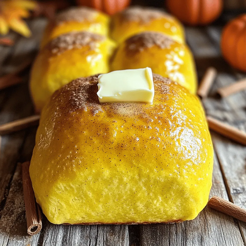 To make pillowy pumpkin dinner rolls, you need a few simple ingredients. Each one plays a key role in creating soft and fluffy rolls. Here’s what you will need: - 2 cups all-purpose flour, plus additional for dusting - 1 cup pumpkin puree (canned or homemade) - 1/4 cup warm milk (approximately 110°F) - 1/4 cup unsweetened applesauce - 2 tablespoons granulated sugar - 1 tablespoon active dry yeast - 1/2 teaspoon salt - 1/2 teaspoon ground cinnamon - 1/4 teaspoon ground nutmeg - 1/4 teaspoon ground ginger - 1/4 cup unsalted butter, melted - 1 egg (for egg wash) Each ingredient adds flavor and texture. The pumpkin puree gives the rolls a rich color and moistness. The warm milk helps the yeast wake up and grow. Applesauce adds sweetness and keeps the rolls soft. The spices—cinnamon, nutmeg, and ginger—create a warm, cozy flavor. Finally, the butter adds richness. You can find the full recipe to guide you through the steps to make these delightful rolls. Enjoy the process and the delicious results! 1. Start by combining warm milk and sugar in a small bowl. 2. Sprinkle active dry yeast over the mixture and let it sit for 5 to 10 minutes. 3. You want it to froth. This shows the yeast is alive and ready. 1. In a large bowl, mix together pumpkin puree, applesauce, and melted butter. 2. Add the frothy yeast mixture to this bowl. Blend until smooth and well combined. 1. In a separate bowl, mix all-purpose flour, salt, cinnamon, nutmeg, and ginger. 2. Gradually add the dry mixture to the pumpkin mixture. 3. Stir gently until just combined. 4. Transfer the dough to a floured surface and knead for about 5 to 7 minutes. 5. If the dough feels sticky, add a bit more flour while kneading. 1. Shape the kneaded dough into a ball and place it in a greased bowl. 2. Cover the bowl with a kitchen towel. Let it rise in a warm place for about 1 hour, or until it doubles in size. 3. Once risen, punch the dough down gently. 4. Turn it out onto a floured surface and divide it into 12 equal pieces. 5. Shape each piece into a ball. 1. Place the dough balls on a greased baking sheet. Make sure they are spaced out. 2. Cover with a towel and let them rise again for about 30 minutes. 3. Preheat your oven to 350°F (175°C). 4. Beat an egg in a small bowl and brush it over the tops of the rolls. 5. Bake the rolls for 15 to 20 minutes, or until golden brown and puffed. 6. Once baked, let them cool slightly before serving. If you want to explore this tasty recipe in full detail, please check the Full Recipe. Kneading is key for soft and fluffy rolls. It helps develop gluten, which gives dough its strength. Knead for about 5 to 7 minutes until smooth. Don't rush this step. The rising environment matters too. Find a warm spot, like near a sunny window or an oven set to low. Cover the dough with a towel to keep it warm and moist. This helps the dough rise well. You can enhance flavor with extra spices. Try adding a pinch of allspice or cloves for warmth. A touch of maple syrup can also add sweetness. Experiment to find your perfect mix. Serving ideas are fun, too! These rolls are great with butter or honey. A sprinkle of sea salt or cinnamon on top makes them even more special. Watch for signs of over-proofed dough. If the dough looks too puffy or collapses when you poke it, it’s over-proofed. This means it won’t rise well in the oven. Underbaking is another common issue. Check for a golden-brown color on top. If the rolls feel soft and doughy inside, they need more time. Trust your senses; they guide you well! {{image_4}} You can make your pumpkin dinner rolls even sweeter. Consider adding chocolate chips for a delightful surprise. Aim for about 1/2 cup of chips mixed into the dough. Dried fruit also works well, like raisins or cranberries. They add a nice chewiness and burst of flavor. Spices can change the taste of your rolls too. Try adding a pinch of cardamom or a hint of vanilla extract. These additions can give your rolls a fun twist. Remember, experimenting with flavors is part of the fun! Want to turn these rolls into a savory treat? Add fresh herbs like rosemary or thyme to the dough. A tablespoon of chopped herbs should do the trick. This adds a lovely aroma and flavor. Cheese is another great addition. You could fold in shredded cheese, like cheddar or mozzarella. Alternatively, try a cheese topping before baking. It melts beautifully and adds richness. If you need gluten-free rolls, swap the all-purpose flour for a gluten-free blend. Make sure the blend has xanthan gum to help with structure. You can replace the butter with a plant-based option for a vegan version. Use almond milk instead of regular milk. For the egg wash, brush the tops with almond milk or a bit of coconut milk. These swaps keep the rolls soft and tasty without any animal products. For the full recipe, check out the complete guide on making these delicious rolls. Enjoy your baking adventure! To keep your rolls fresh at room temperature, place them in a bread box or a large zip-top bag. Make sure they are completely cool before sealing. This helps keep the moisture in while preventing them from getting soggy. If you need to refrigerate them, wrap each roll in plastic wrap, then place them in a sealed container. This keeps them fresh for a few days. For long-term storage, freezing is the best option. Let the rolls cool completely, then place them in a zip-top bag. Make sure to remove as much air as possible before sealing. They will stay fresh in the freezer for up to three months. When you’re ready to enjoy them, take out the rolls and let them thaw at room temperature. To reheat, pop them in a preheated oven at 350°F (175°C) for about 10 minutes. This will revive their soft, fluffy texture. When stored correctly, these rolls can last about 3 to 5 days at room temperature. In the fridge, they can last for up to a week. However, if you notice any mold, an off smell, or a dry texture, it's best to toss them. Always trust your instincts about food safety. Enjoy these pillowy delights while they are at their best! Yes, you can prepare these rolls ahead of time. Here are some tips: - Make the dough: You can mix and knead the dough a day ahead. - First rise: Let it rise in the fridge overnight instead of at room temp. - Shape the rolls: After the first rise, shape them into balls. - Second rise: Let them rise at room temp before baking. This way, you save time on baking day. You can use several alternatives for pumpkin flavor: - Butternut squash puree: This gives a similar texture and taste. - Sweet potato puree: It adds a sweet flavor that works well. - Carrot puree: This option offers a different twist to the rolls. Look for these signs to know your rolls are done: - Color: They should be golden brown on top. - Size: The rolls will puff up and look fluffy. - Tap test: Tap the bottom; it should sound hollow if they are done. Absolutely! You can double the recipe: - Ingredients: Just use twice the amount of each ingredient. - Mixing: You might need a larger bowl for mixing. - Baking time: Keep an eye on baking time; larger batches may need extra time. These rolls go well with many meals: - Soups: Try them with a warm bowl of pumpkin or minestrone soup. - Salads: They complement fresh salads, adding a nice touch. - Roasted meats: They pair beautifully with turkey, chicken, or ham. Yes, you can use whole wheat flour: - Mix it: Try a mix of half all-purpose and half whole wheat flour. - Hydration: Whole wheat flour absorbs more liquid; add a bit more milk if needed. - Texture: The rolls will be denser but still delicious. For the full recipe, check out the detailed instructions. Enjoy baking! In this post, we covered how to make delicious pumpkin dinner rolls from scratch. You learned about the key ingredients, step-by-step instructions, and valuable tips for perfecting your rolls. We also explored tasty variations and proper storage to keep them fresh. Remember, baking is fun, and a little practice makes you better. Don’t fear mistakes; they help you learn. Enjoy baking these soft, flavorful rolls and share them with friends and family!
