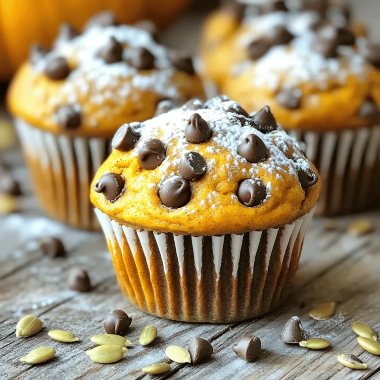 - 1 cup pumpkin puree - 1/2 cup cream cheese, softened to room temperature - 1/2 cup granulated sugar - 1/2 cup packed brown sugar - 2 large eggs - 1 teaspoon vanilla extract - 1/2 cup vegetable oil - 1 1/2 cups all-purpose flour - 1 teaspoon baking powder - 1 teaspoon baking soda - 1 teaspoon ground cinnamon - 1/2 teaspoon ground nutmeg - 1/2 teaspoon salt - 1 cup semi-sweet chocolate chips - Optional: Pumpkin seeds for topping Pumpkin puree brings a rich flavor and moisture. It is the star of these muffins. Choose canned or fresh puree. Both work well in this recipe. Cream cheese adds a creamy texture. It gives each muffin a delightful surprise. Make sure it is softened for easy mixing. Granulated sugar and brown sugar sweeten the muffins. The brown sugar gives a deeper flavor. It allows for a lovely caramel note. Eggs bind the ingredients together. They also help the muffins rise. Use large eggs for the best results. Vanilla extract adds warmth and depth. It enhances the other flavors. Vegetable oil keeps the muffins moist. It also helps to create a tender crumb. All-purpose flour is the base for the batter. It provides structure and stability. Baking powder and baking soda are leavening agents. They help the muffins rise and become fluffy. Spices like ground cinnamon and nutmeg give warmth. They create that cozy, fall flavor. A pinch of salt balances the sweetness. Semi-sweet chocolate chips add richness. They melt slightly as the muffins bake, creating pockets of chocolate. Optional pumpkin seeds can be added on top. They offer a crunchy texture that contrasts with the soft muffin. This detailed ingredient list helps you gather everything you need. For the full recipe, check out the complete instructions to create these delicious muffins. 1. First, preheat your oven to 350°F (175°C). This helps the muffins bake evenly. 2. Next, prepare your muffin tin. You can use paper liners or grease it with non-stick spray. This will keep the muffins from sticking. 3. In a large bowl, mix the pumpkin puree and cream cheese together. Combine them until smooth and creamy. 4. Add the granulated sugar and brown sugar to the bowl. Beat the mixture well until everything blends nicely. 5. Now, crack in the eggs and pour the vanilla extract. Stir until the mixture is well combined. 6. Slowly add the vegetable oil while mixing. This keeps the muffins moist and rich. 1. In another bowl, whisk together the dry ingredients. This includes flour, baking powder, baking soda, cinnamon, nutmeg, and salt. 2. Once mixed, slowly fold the dry ingredients into the wet mixture. Be gentle and stop mixing when everything is just combined. Overmixing can make your muffins tough. 3. Gently add the semi-sweet chocolate chips to the batter. Stir carefully to ensure they are evenly distributed. 1. Using a scoop or spoon, fill each muffin cup about two-thirds full with the batter. 2. If you want, sprinkle some pumpkin seeds on top. This adds a nice crunch. 3. Bake the muffins in your preheated oven for 18-20 minutes. Check for doneness by inserting a toothpick into a muffin. It should come out clean with a few moist crumbs. 4. Once baked, let the muffins cool in the pan for 5 minutes. Then, transfer them to a wire rack to cool completely. For the full recipe, refer to the earlier section. Enjoy your delightful muffins! To make the best chocolate chip pumpkin cream cheese muffins, avoid overmixing. When you mix the batter, stop as soon as the flour blends in. This keeps your muffins light and fluffy. Overmixing creates tough muffins, which we do not want! Accurate ingredient measurements are key too. Use a kitchen scale for precision. If you measure with cups, spoon the flour into the cup, then level it off. This helps avoid adding too much flour, which can make your muffins dense. Want to boost flavor? Adjust the spices! You can add more ground cinnamon or nutmeg if you love warm spices. A pinch of ground ginger adds a nice kick, too. Feel free to add extras like nuts or dried fruits. Chopped walnuts or pecans bring crunch. Dried cranberries or raisins add sweetness and chewiness. Just fold them in gently to keep your batter airy. When it comes to serving, presentation matters. Serve your muffins warm with a dusting of powdered sugar. It makes them look special and inviting. You can also add a dollop of whipped cream on the side for an extra treat. Pair your muffins with a warm drink. A cup of coffee or spiced chai complements the flavors well. If you prefer tea, choose something mild like chamomile. Enjoy your tasty creation! For the full recipe, check out the link to make these muffins at home. {{image_4}} You can change the flavor of your muffins easily. Instead of semi-sweet chocolate chips, try using white or dark chocolate. Each type gives a unique taste. White chocolate adds a sweet creamy touch. Dark chocolate gives a rich, bold flavor. You can also add seasonal spices like ginger or cloves. These spices pair well with pumpkin. They add warmth and depth to your muffins. Just a pinch can make a big difference. If you need a gluten-free option, swap all-purpose flour for gluten-free flour. Look for brands that measure like regular flour. This keeps your muffins fluffy and tasty. For a dairy-free choice, replace cream cheese with a dairy-free cream cheese. Many brands offer great alternatives. These swaps let everyone enjoy these muffins. You can make mini muffins or standard muffins. Mini muffins are perfect for snacks or kids. They bake faster, so check them at around 12-15 minutes. Standard muffins take about 18-20 minutes to bake. Adjusting the baking time helps you get the best results for any size. Keep an eye on them to avoid overbaking. To keep your chocolate chip pumpkin cream cheese muffins fresh, store them in air-tight containers. This prevents moisture loss and keeps them soft. Line the container with a paper towel to absorb any extra moisture. Place the muffins in a single layer. If you stack them, add more paper towels between layers to protect them. Freezing muffins is easy! Start by letting them cool completely. Wrap each muffin tightly in plastic wrap or aluminum foil. Then, place them in a freezer-safe bag or container. This method protects them from freezer burn. You can freeze muffins for up to three months. To thaw, leave them in the fridge overnight or let them sit at room temperature for a few hours. Reheating muffins is simple and quick. You can use the microwave or oven. For the microwave, place a muffin on a plate and heat it for about 15 to 20 seconds. If you want a little crispiness, use the oven. Preheat it to 350°F (175°C), and heat the muffins for 5 to 10 minutes. This keeps the muffins moist and tasty. Enjoy your muffins warm for the best flavor! How can I make my muffins more moist? To make your muffins moist, use fresh pumpkin puree. You can also add a bit more cream cheese. This adds richness and moisture. Make sure not to overmix the batter. Overmixing can lead to dry muffins. What can I use instead of pumpkin puree? If you don't have pumpkin puree, try using applesauce. It offers moisture and sweetness. You can also use mashed banana for a tasty twist. Both options will change the flavor slightly but still taste great. Can I use frozen pumpkin puree in this recipe? Yes, you can use frozen pumpkin puree. Just make sure to thaw it first. Drain any excess water that may form during thawing. This ensures your muffins won't be too watery. Why did my muffins sink? Muffins may sink if the batter is too heavy. This can happen if you overmix or add too much liquid. Make sure to follow the recipe closely. Also, check that your baking powder and baking soda are fresh. What should I do if the muffins are too dense? If your muffins are dense, try adding more leavening agents. You can add an extra half teaspoon of baking powder. Also, ensure your ingredients are at room temperature. This helps the batter mix better and rise more. How do I know how many muffins I should serve for a party? For a party, plan for about two muffins per person. If it's a larger gathering, consider serving a few extra. Muffins are usually a hit and disappear fast! How can I adjust the recipe if I want to make a smaller batch? To make a smaller batch, simply halve the recipe. Use one cup of pumpkin puree and reduce the other ingredients accordingly. This will give you six perfect muffins. Enjoy the delicious treat without too many leftovers! You now have all the steps to make perfect pumpkin muffins. From selecting quality ingredients to mastering baking techniques, each part matters. Remember to measure carefully and avoid overmixing for the best results. Don’t hesitate to customize your muffins with spices or toppings. Store them properly to keep them fresh, and enjoy them at breakfast or with coffee. These muffins can bring joy to any occasion. Now, it’s your turn to bake and share your delicious creations!