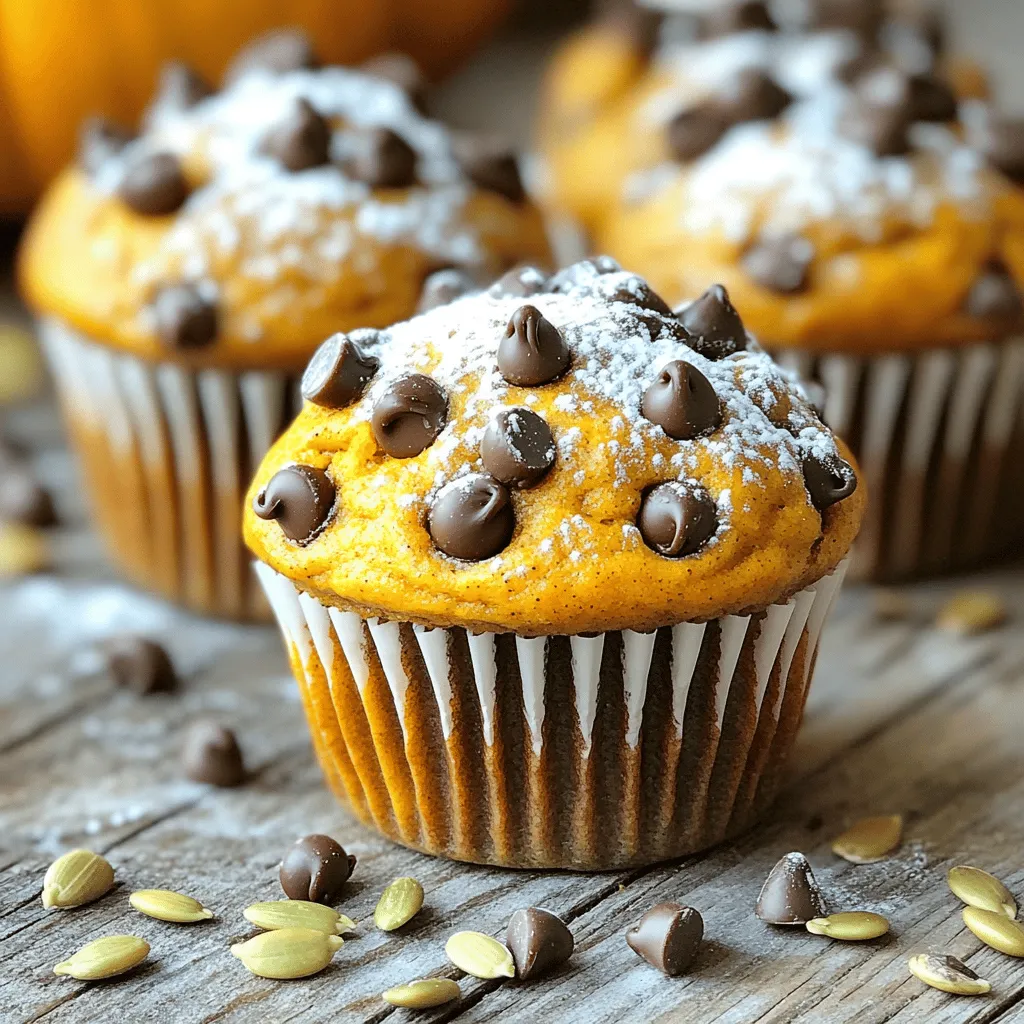 - 1 cup pumpkin puree - 1/2 cup cream cheese, softened to room temperature - 1/2 cup granulated sugar - 1/2 cup packed brown sugar - 2 large eggs - 1 teaspoon vanilla extract - 1/2 cup vegetable oil - 1 1/2 cups all-purpose flour - 1 teaspoon baking powder - 1 teaspoon baking soda - 1 teaspoon ground cinnamon - 1/2 teaspoon ground nutmeg - 1/2 teaspoon salt - 1 cup semi-sweet chocolate chips - Optional: Pumpkin seeds for topping Pumpkin puree brings a rich flavor and moisture. It is the star of these muffins. Choose canned or fresh puree. Both work well in this recipe. Cream cheese adds a creamy texture. It gives each muffin a delightful surprise. Make sure it is softened for easy mixing. Granulated sugar and brown sugar sweeten the muffins. The brown sugar gives a deeper flavor. It allows for a lovely caramel note. Eggs bind the ingredients together. They also help the muffins rise. Use large eggs for the best results. Vanilla extract adds warmth and depth. It enhances the other flavors. Vegetable oil keeps the muffins moist. It also helps to create a tender crumb. All-purpose flour is the base for the batter. It provides structure and stability. Baking powder and baking soda are leavening agents. They help the muffins rise and become fluffy. Spices like ground cinnamon and nutmeg give warmth. They create that cozy, fall flavor. A pinch of salt balances the sweetness. Semi-sweet chocolate chips add richness. They melt slightly as the muffins bake, creating pockets of chocolate. Optional pumpkin seeds can be added on top. They offer a crunchy texture that contrasts with the soft muffin. This detailed ingredient list helps you gather everything you need. For the full recipe, check out the complete instructions to create these delicious muffins. 1. First, preheat your oven to 350°F (175°C). This helps the muffins bake evenly. 2. Next, prepare your muffin tin. You can use paper liners or grease it with non-stick spray. This will keep the muffins from sticking. 3. In a large bowl, mix the pumpkin puree and cream cheese together. Combine them until smooth and creamy. 4. Add the granulated sugar and brown sugar to the bowl. Beat the mixture well until everything blends nicely. 5. Now, crack in the eggs and pour the vanilla extract. Stir until the mixture is well combined. 6. Slowly add the vegetable oil while mixing. This keeps the muffins moist and rich. 1. In another bowl, whisk together the dry ingredients. This includes flour, baking powder, baking soda, cinnamon, nutmeg, and salt. 2. Once mixed, slowly fold the dry ingredients into the wet mixture. Be gentle and stop mixing when everything is just combined. Overmixing can make your muffins tough. 3. Gently add the semi-sweet chocolate chips to the batter. Stir carefully to ensure they are evenly distributed. 1. Using a scoop or spoon, fill each muffin cup about two-thirds full with the batter. 2. If you want, sprinkle some pumpkin seeds on top. This adds a nice crunch. 3. Bake the muffins in your preheated oven for 18-20 minutes. Check for doneness by inserting a toothpick into a muffin. It should come out clean with a few moist crumbs. 4. Once baked, let the muffins cool in the pan for 5 minutes. Then, transfer them to a wire rack to cool completely. For the full recipe, refer to the earlier section. Enjoy your delightful muffins! To make the best chocolate chip pumpkin cream cheese muffins, avoid overmixing. When you mix the batter, stop as soon as the flour blends in. This keeps your muffins light and fluffy. Overmixing creates tough muffins, which we do not want! Accurate ingredient measurements are key too. Use a kitchen scale for precision. If you measure with cups, spoon the flour into the cup, then level it off. This helps avoid adding too much flour, which can make your muffins dense. Want to boost flavor? Adjust the spices! You can add more ground cinnamon or nutmeg if you love warm spices. A pinch of ground ginger adds a nice kick, too. Feel free to add extras like nuts or dried fruits. Chopped walnuts or pecans bring crunch. Dried cranberries or raisins add sweetness and chewiness. Just fold them in gently to keep your batter airy. When it comes to serving, presentation matters. Serve your muffins warm with a dusting of powdered sugar. It makes them look special and inviting. You can also add a dollop of whipped cream on the side for an extra treat. Pair your muffins with a warm drink. A cup of coffee or spiced chai complements the flavors well. If you prefer tea, choose something mild like chamomile. Enjoy your tasty creation! For the full recipe, check out the link to make these muffins at home. {{image_4}} You can change the flavor of your muffins easily. Instead of semi-sweet chocolate chips, try using white or dark chocolate. Each type gives a unique taste. White chocolate adds a sweet creamy touch. Dark chocolate gives a rich, bold flavor. You can also add seasonal spices like ginger or cloves. These spices pair well with pumpkin. They add warmth and depth to your muffins. Just a pinch can make a big difference. If you need a gluten-free option, swap all-purpose flour for gluten-free flour. Look for brands that measure like regular flour. This keeps your muffins fluffy and tasty. For a dairy-free choice, replace cream cheese with a dairy-free cream cheese. Many brands offer great alternatives. These swaps let everyone enjoy these muffins. You can make mini muffins or standard muffins. Mini muffins are perfect for snacks or kids. They bake faster, so check them at around 12-15 minutes. Standard muffins take about 18-20 minutes to bake. Adjusting the baking time helps you get the best results for any size. Keep an eye on them to avoid overbaking. To keep your chocolate chip pumpkin cream cheese muffins fresh, store them in air-tight containers. This prevents moisture loss and keeps them soft. Line the container with a paper towel to absorb any extra moisture. Place the muffins in a single layer. If you stack them, add more paper towels between layers to protect them. Freezing muffins is easy! Start by letting them cool completely. Wrap each muffin tightly in plastic wrap or aluminum foil. Then, place them in a freezer-safe bag or container. This method protects them from freezer burn. You can freeze muffins for up to three months. To thaw, leave them in the fridge overnight or let them sit at room temperature for a few hours. Reheating muffins is simple and quick. You can use the microwave or oven. For the microwave, place a muffin on a plate and heat it for about 15 to 20 seconds. If you want a little crispiness, use the oven. Preheat it to 350°F (175°C), and heat the muffins for 5 to 10 minutes. This keeps the muffins moist and tasty. Enjoy your muffins warm for the best flavor! How can I make my muffins more moist? To make your muffins moist, use fresh pumpkin puree. You can also add a bit more cream cheese. This adds richness and moisture. Make sure not to overmix the batter. Overmixing can lead to dry muffins. What can I use instead of pumpkin puree? If you don't have pumpkin puree, try using applesauce. It offers moisture and sweetness. You can also use mashed banana for a tasty twist. Both options will change the flavor slightly but still taste great. Can I use frozen pumpkin puree in this recipe? Yes, you can use frozen pumpkin puree. Just make sure to thaw it first. Drain any excess water that may form during thawing. This ensures your muffins won't be too watery. Why did my muffins sink? Muffins may sink if the batter is too heavy. This can happen if you overmix or add too much liquid. Make sure to follow the recipe closely. Also, check that your baking powder and baking soda are fresh. What should I do if the muffins are too dense? If your muffins are dense, try adding more leavening agents. You can add an extra half teaspoon of baking powder. Also, ensure your ingredients are at room temperature. This helps the batter mix better and rise more. How do I know how many muffins I should serve for a party? For a party, plan for about two muffins per person. If it's a larger gathering, consider serving a few extra. Muffins are usually a hit and disappear fast! How can I adjust the recipe if I want to make a smaller batch? To make a smaller batch, simply halve the recipe. Use one cup of pumpkin puree and reduce the other ingredients accordingly. This will give you six perfect muffins. Enjoy the delicious treat without too many leftovers! You now have all the steps to make perfect pumpkin muffins. From selecting quality ingredients to mastering baking techniques, each part matters. Remember to measure carefully and avoid overmixing for the best results. Don’t hesitate to customize your muffins with spices or toppings. Store them properly to keep them fresh, and enjoy them at breakfast or with coffee. These muffins can bring joy to any occasion. Now, it’s your turn to bake and share your delicious creations!