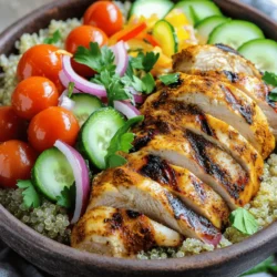 - 1 pound boneless, skinless chicken thighs - 2 tablespoons olive oil - 2 teaspoons ground cumin - 2 teaspoons ground paprika - 1 teaspoon ground turmeric - 1 teaspoon ground coriander - ½ teaspoon cayenne pepper - 4 cloves garlic, minced - Zest and juice of 1 lemon - Salt and freshly ground black pepper to taste - 2 cups cooked quinoa or fluffy rice For a perfect Chicken Shawarma Bowl, the main ingredient is chicken thighs. They stay juicy and tender when cooked. The marinade brings out rich flavors. It contains olive oil, spices, garlic, lemon zest, and juice. Each component plays a key role in making the chicken tasty. - 1 cup cherry tomatoes, halved - 1 cucumber, finely diced - ½ cup red onion, thinly sliced - 1 cup fresh parsley, roughly chopped The fresh vegetables add color and crunch. Cherry tomatoes burst with sweetness. Cucumbers bring a refreshing crunch. Red onion gives a mild bite. I also like to add parsley for a bright finish. These veggies make the dish vibrant and healthy. - ½ cup tahini sauce for drizzling - Optional: pickled vegetables for a tangy garnish Tahini sauce is a must-have for this bowl. It adds creaminess and flavor. You can drizzle it generously over the chicken and grains. For an extra punch, add pickled vegetables. They offer a tangy contrast and elevate the taste. This combination of ingredients makes the Chicken Shawarma Bowl not just delicious but also fun to prepare. You can find the full recipe to guide you through each step. To start, gather your marinade ingredients. In a medium bowl, mix: - 2 tablespoons olive oil - 2 teaspoons ground cumin - 2 teaspoons ground paprika - 1 teaspoon ground turmeric - 1 teaspoon ground coriander - ½ teaspoon cayenne pepper - 4 cloves garlic, minced - Zest and juice of 1 lemon - Salt and pepper to taste Whisk these together until smooth. This mix will give your chicken great flavor. Next, add the chicken thighs. Make sure they are coated well in the marinade. Cover the bowl with plastic wrap. Let it sit in the fridge for at least one hour. For the best taste, leave it overnight. When you are ready to cook, preheat your grill or grill pan to medium-high heat. Take the chicken from the fridge. Let it sit for about 10 minutes to reach room temperature. This helps it cook evenly. Grill the chicken for about 6-7 minutes on each side. You want the chicken to reach an internal temperature of 165°F (75°C). This step ensures it is fully cooked. After grilling, let the chicken rest for 5 minutes. Resting keeps it juicy. Then, slice the chicken into thin strips. Now it’s time to build your bowl. Start with a base. Use 2 cups of cooked quinoa or fluffy rice. Place it in each serving bowl. Next, arrange the sliced chicken on top of the grain. Add a mix of fresh veggies. Use: - 1 cup cherry tomatoes, halved - 1 cucumber, finely diced - ½ cup red onion, thinly sliced - 1 cup fresh parsley, roughly chopped This makes your bowl look colorful and fresh. Finally, drizzle with ½ cup of tahini sauce. If you like tangy flavors, add pickled vegetables on top. Serve your Chicken Shawarma Bowl warm. Enjoy the burst of flavors! For more detailed steps, check the Full Recipe. Marinating chicken is key for great flavors. Always use a mix of oil, spices, and acid. For this recipe, lemon juice adds a nice zing. Make sure to coat the chicken fully in the marinade. Cover it tightly in the fridge. For the best taste, marinate for at least one hour. If you have time, marinate overnight for deeper flavor. You don’t have to grill your chicken if you prefer. You can use a skillet or oven instead. Just make sure your pan is hot before adding the chicken. Cook on medium heat to keep it juicy. Avoid overcooking; aim for an internal temperature of 165°F. Letting the chicken rest after cooking keeps it moist. A well-arranged bowl is eye-catching and tasty. Start with a base of quinoa or rice. Lay the sliced chicken on top neatly. Add colorful veggies for a vibrant look. Sprinkle parsley for freshness and color. Drizzle tahini sauce generously over the top. For extra fun, add pickled vegetables on the side. Serve while warm for the best experience. Check the [Full Recipe] for more tips and steps! {{image_4}} You can easily change the Chicken Shawarma Bowl to fit your needs. If you want a gluten-free option, use quinoa or rice as your base. Both are naturally gluten-free and perfect for this dish. You can also swap the chicken for chickpeas, tofu, or tempeh for a vegan option. These proteins take on the marinade well, making them tasty. To add some kick, try a spicy twist! You can increase the cayenne pepper or add harissa. If you prefer herbs, use fresh dill or mint for a fragrant change. For sauces, tahini is classic, but you could use yogurt sauce or even hot sauce. Each choice can change the bowl's flavor profile and keep meals exciting. Feel free to explore other grains for your base. Farro, bulgur, or even couscous work great. Each grain adds a unique texture. You can also serve the chicken over a bed of fresh greens. This makes the dish lighter and more refreshing. If you want something quick, wrap the ingredients in a flatbread. It makes for a fun and portable meal. After enjoying your Chicken Shawarma Bowl, store leftovers in the fridge. Use an airtight container for best results. This helps keep your meal fresh for up to three days. If you want to save it longer, freeze the chicken and grains separately. Place them in freezer bags and remove as much air as possible. This way, they can last for up to three months. When it's time to eat your leftovers, reheating is key. For chicken, use a skillet on medium heat. Add a splash of water to keep it moist. Heat for about 5 minutes, stirring often. For grains and vegetables, you can use the microwave. Place them in a bowl with a lid. Heat for 1-2 minutes, stirring halfway through. This keeps everything fresh and tasty. To make meal prep easy, prepare ingredients in advance. Marinate the chicken the night before. Cook grains and chop vegetables ahead of time. Store them in separate containers. Use clear glass containers to see what you have. This helps you grab and go during busy days. You can mix and match for quick meals throughout the week. For a balanced bowl, add protein, grains, and fresh veggies. Chicken shawarma is a popular Middle Eastern dish. Its roots trace back to the Ottoman Empire. People enjoy this dish worldwide for its rich flavors. Shawarma uses marinated meat, typically grilled and served with toppings. The spices in shawarma include cumin, paprika, and turmeric. These spices add depth and warmth to the dish. Shawarma is often served in wraps or bowls, making it versatile. It symbolizes the blend of cultures and flavors in the region. To add more heat to your chicken shawarma, adjust the cayenne pepper. You can also add chili powder for extra spice. If you like it really hot, try adding sliced jalapeños. Mixing in a dash of hot sauce can also boost the flavor. Remember to taste as you go to find your perfect level of heat. You can start with a little spice and add more if needed. This way, you control the heat and enjoy every bite. Yes, you can prepare your chicken shawarma bowl ahead of time. Cooked chicken stays fresh in the fridge for about four days. Store your chicken and veggies separately to keep them fresh. You can also cook the grains in advance and store them. When you're ready to eat, just reheat your chicken and grains. This method saves time and makes meals easy. You can enjoy a delicious chicken shawarma bowl all week long with smart planning. To make your Chicken Shawarma Bowl, start with juicy marinated chicken thighs. Layer fresh veggies like tomatoes and cucumbers, then top with creamy tahini sauce. Remember, don’t skip the details—how you store and reheat leftovers matters! You can also try new flavors or bases to match your taste. This dish is versatile and easy to customize. Enjoy making it your own. Eating well can be fun and rewarding!