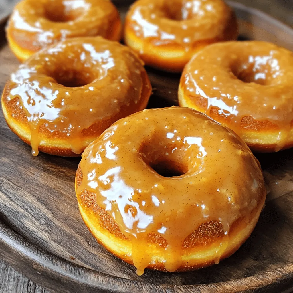 - 1 cup canned pumpkin puree - 1/2 cup granulated sugar - 1/4 cup packed brown sugar - 2 large eggs - 1/4 cup vegetable oil - 1/4 cup buttermilk - 1 teaspoon pure vanilla extract - 1 3/4 cups all-purpose flour - 1 teaspoon baking powder - 1 teaspoon baking soda - 1 teaspoon ground cinnamon - 1/2 teaspoon ground nutmeg - 1/2 teaspoon salt - 1 cup powdered sugar - 3 tablespoons pure maple syrup - 1-2 tablespoons milk (adjust for consistency) - Donut pan - Mixing bowls - Whisk - Piping bag or zip-lock bag When making these donuts, you want fresh and quality ingredients. Canned pumpkin puree gives a rich flavor. The sugars add sweetness and help with texture. Eggs bind everything together, while oil and buttermilk keep them moist. Use all-purpose flour for the right structure. Baking powder and soda help the donuts rise. Cinnamon and nutmeg give that warm, cozy spice we love in fall. For the glaze, powdered sugar and maple syrup create a smooth coat. Adjusting with milk makes it just right for dipping. Do not forget the tools! A donut pan shapes the donuts perfectly. Mixing bowls and a whisk help mix well. A piping bag or zip-lock bag makes filling the pan easy. You can find the full recipe to make these treats perfectly. Enjoy your baking! 1. First, preheat your oven to 350°F (175°C). This step is key for even baking. 2. Next, grease your donut pan well. This will help the donuts come out easily. 3. In a large bowl, whisk together the wet ingredients. Combine canned pumpkin puree, granulated sugar, brown sugar, eggs, vegetable oil, buttermilk, and vanilla extract. Mix until smooth. 4. In a separate bowl, mix the dry ingredients. Combine all-purpose flour, baking powder, baking soda, cinnamon, nutmeg, and salt. Sift them together to avoid lumps. 1. Slowly add the dry ingredients into the wet mixture. Stir gently until just combined. Don’t worry about lumps; they add character. 2. Now, transfer the batter to a piping bag or zip-lock bag. Seal it tight, then snip off one corner. This makes piping the batter easier. 3. Carefully pipe the batter into the donut pan, filling each cavity about two-thirds full. 1. Place the filled donut pan in the oven. Bake for 12-15 minutes. 2. To check if they’re done, insert a toothpick. If it comes out clean, they’re ready. 3. Let the donuts cool in the pan for about 5 minutes. Then, move them to a wire rack to cool completely. 1. In a medium bowl, whisk together powdered sugar and maple syrup. 2. Gradually add milk until you achieve a pourable consistency. Make sure it clings to the spoon but is not too thick. 1. Once the donuts are cool, dip the tops into the maple glaze. Allow excess glaze to drip off. 2. Place the glazed donuts back on a wire rack. Let the glaze set for a few minutes. Enjoy the process; it’s part of the fun! For the full recipe, check out the details above! To get the best donuts, avoid overmixing the batter. Mix just until the dry ingredients are combined. A few lumps are okay. This helps keep the donuts soft and fluffy. Also, ensure the oven is properly preheated to 350°F (175°C). A hot oven helps the donuts rise well. If the oven is not hot enough, they might turn out dense and heavy. To achieve an even glaze, dip the tops of the donuts into the glaze while they are still warm. This allows the glaze to stick better. Make sure the glaze is thick but pourable. If the glaze is too thick, add milk one tablespoon at a time. If it’s too thin, add more powdered sugar. You want a nice, smooth finish that clings to the donuts. Arranging donuts on a platter can make them look inviting. Place them in a circle or in rows for a neat look. For added flair, sprinkle a pinch of ground cinnamon on top. You can also serve them with a small dish of maple syrup for dipping. This makes the experience even more fun! {{image_4}} You can change the taste of your donuts by adding fun flavors. Try mixing in chocolate chips for a sweet twist. Nuts also add a nice crunch. Walnuts or pecans work well. You can also explore using spices. Ginger or cloves can bring a warm, cozy flavor. These additions make your donuts unique and tasty. If you want to switch up the glaze, you have options. You can use honey or agave instead of maple syrup. This creates a different sweetness. You can also try flavored glazes like chocolate or vanilla. These alternatives can make your donuts even more special. Experiment and see what you like best! Want a lighter version of these donuts? You can use whole wheat flour instead of regular flour. This adds fiber and nutrients. You can also look for dairy-free substitutes for the buttermilk. Reducing sugar is another great way to make them healthier. You can still enjoy these treats without all the extra sugar. Making these small changes can help you enjoy your donuts with less guilt. For the full recipe, check the section above! To keep your maple glazed pumpkin donuts fresh, store them in an airtight container. This helps prevent them from drying out. If you plan to eat them within a few days, the fridge is a great spot. Just remember to let them cool completely before sealing them up. For longer storage, you can freeze them. Wrap each donut in plastic wrap and place them in a freezer bag. This keeps them fresh for a month or more. At room temperature, these donuts last about two days. After that, they may start to lose their taste and texture. Check for signs of spoilage, like an off smell or a dry, hard texture. If they feel hard or crumbly, it’s time to toss them. To revive your donuts, you can use the microwave. Heat them for about 10-15 seconds for a warm treat. If you want a crispier texture, pop them in the oven at 350°F for a few minutes. This makes them taste fresh again and enhances the glaze. Enjoy them warm for the best flavor. Yes, you can use fresh pumpkin. Fresh pumpkin gives a bright taste. However, it takes more time to prepare. You need to cook and puree it first. Canned pumpkin is already ready to use. It saves time and is easy to find. No donut pan? No problem! You can use a muffin tin instead. Just fill the cups about halfway. You can also make mini donuts using a mini muffin pan. Another fun idea is to free-form them on a baking sheet. To check if the donuts are done, use a toothpick. Insert it into the center of a donut. If it comes out clean, they are ready. Don’t forget to check a few donuts to be sure. Yes, you can make these donuts ahead of time. Bake them and let them cool completely. Store them in an airtight container. You can also freeze them for later. Just warm them up before glazing. These donuts can be made vegan! Replace eggs with flaxseed meal or applesauce. Use plant-based milk instead of buttermilk. Choose a vegan oil, too. These swaps keep the taste great while meeting vegan needs. You can find the full recipe for Maple Glazed Pumpkin Donuts [here](insert-link-here). This recipe includes all the steps and tips for making these tasty treats. Enjoy baking! You learned how to make Maple Glazed Pumpkin Donuts. We discussed the key ingredients, like pumpkin puree and maple syrup, and shared step-by-step instructions for baking. I provided tips for perfect texture, glazing techniques, and even variations for extra flavor. Remember, you can customize these donuts to fit your taste. With practice, you’ll impress everyone with your baking skills. Enjoy these delicious treats fresh or stored for later. Happy baking!