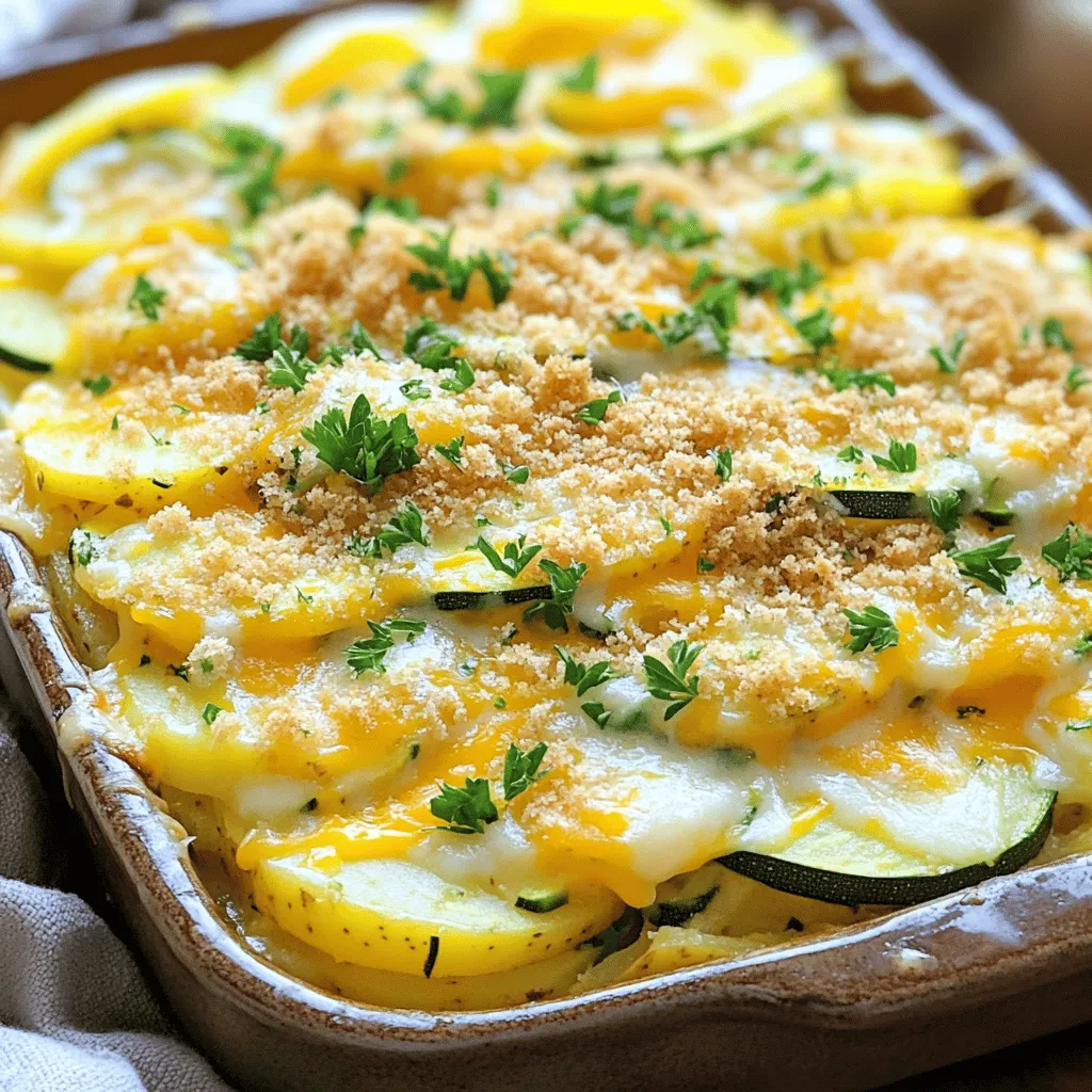 - 3 medium zucchinis, thinly sliced - 3 medium potatoes, thinly sliced - 1 medium onion, finely chopped - 2 cloves garlic, minced - 1 cup shredded cheese (cheddar or a blend) - 1 cup heavy cream - 1 teaspoon dried thyme - 1 teaspoon salt - 1/2 teaspoon black pepper - 2 tablespoons olive oil - 1/4 cup breadcrumbs (for topping) - Fresh parsley, chopped (for garnish) The zucchini in this dish adds a nice texture. It soaks up flavors and keeps the casserole moist. Potatoes provide a hearty base. They make the dish filling and comforting. Onion and garlic give it a warm, savory taste. Cheese and heavy cream create a rich, creamy layer. Seasonings like thyme, salt, and pepper bring everything together. Olive oil helps with cooking and adds flavor. Lastly, breadcrumbs on top give a nice crunch. - Variations on cheese (e.g., mozzarella, parmesan) - Alternative toppings (e.g., herbs, crispy onions) You can switch the cheese for mozzarella or parmesan if you like. These cheeses melt well and add depth. For toppings, consider fresh herbs or crispy onions for extra flavor and crunch. These small changes let you personalize the dish. - Casserole dish - Mixing bowls - Knife and chopping board - Whisk To make this dish, you need a casserole dish. It holds everything together while cooking. Mixing bowls help combine the ingredients. A knife and chopping board are essential for cutting vegetables. A whisk is great for mixing the cream and cheese smoothly. With the right tools, cooking becomes easier and more fun. For the full recipe, check out the details above! 1. Preheat your oven to 375°F (190°C). This makes sure it's hot enough to cook the casserole right. 2. Slice the zucchinis and potatoes thinly. Chop the onion finely and mince the garlic. Put all these in a big bowl. 3. Add dried thyme, salt, and black pepper to the bowl. Mix everything well so the flavors blend. 4. In another bowl, whisk the heavy cream with half of the shredded cheese until smooth. This will make the casserole creamy and rich. 1. Grease a 9x13-inch casserole dish with olive oil to avoid sticking. Start with half of the zucchini and potato mix, spreading it evenly in the dish. 2. Pour half of the cream mixture over the veggies. Let it soak in so every bite is tasty. 3. Repeat this process with the remaining veggies and the rest of the cream mix. Top it off with the leftover shredded cheese for extra flavor. 1. Cover the dish with aluminum foil to keep it moist. Bake in the preheated oven for 30 minutes. This helps the veggies soften up and the flavors mix. 2. Carefully remove the foil and bake for another 15-20 minutes. You want the top to turn golden brown. Check that the veggies are tender with a fork. 3. Once baked, let the casserole cool for a few minutes. Before serving, sprinkle some fresh parsley on top for color and taste. Enjoy this flavorful and comforting dish from the Full Recipe! To make your zucchini potato casserole taste even better, adjust the seasonings. You can add more thyme or sprinkle in some paprika for a kick. Fresh herbs like basil or oregano also work well. If you want protein, mix in some cooked chicken or sausage. This will give your dish a heartier feel and more flavor. For the perfect crispy topping, use fresh breadcrumbs mixed with a little olive oil. This helps them brown nicely in the oven. If you want a healthier option, try gluten-free breadcrumbs or crushed nuts. They add a nice crunch without using wheat. Pair this casserole with a fresh salad or steamed veggies. A light vinaigrette complements the dish well. To present your casserole nicely, serve it in the baking dish for a homely look. You can also add a sprinkle of extra cheese or fresh herbs on top for a colorful finish. For more ideas, check the Full Recipe. {{image_4}} To make this dish fit your needs, try some easy changes. You can add more vegetables to create a vegetarian version. Bell peppers, mushrooms, or spinach work well. Just chop them up and mix them in. If you want a dairy-free option, use coconut cream instead of heavy cream. You can also swap in vegan cheese for a creamy touch without dairy. Seasonal vegetables can add new flavors. In summer, toss in some fresh squash or tomatoes. In fall and winter, use root veggies like carrots or sweet potatoes. You can also switch herbs based on the season. Use fresh basil in summer and thyme or rosemary in winter for a cozy feel. Get creative with flavors! For a Mexican-inspired version, add jalapeños and spices like cumin and chili powder. This will give your casserole a nice kick. If you want a Mediterranean style, mix in olives and crumbled feta cheese. These options will change the dish while keeping it comforting and delicious. For the full recipe, check out the complete guide! To store your Zucchini Potato Casserole, let it cool first. This step helps prevent moisture that could make the dish soggy. Use an airtight container to keep it fresh. If you don’t have one, wrap it tightly with plastic wrap or foil. This keeps out air and helps maintain flavor. If you want to freeze the casserole, cut it into portions. Place the portions in freezer-safe bags or containers. Remove as much air as possible to avoid freezer burn. For long-term storage, this dish lasts up to three months in the freezer. When you are ready to eat, let it thaw overnight in the fridge. Reheat it in the oven at 350°F (175°C) until it’s hot all the way through. This helps keep the flavors and texture intact. In the fridge, the casserole can last about 3 to 5 days. If you freeze it, remember to use it within three months for the best taste. Look for signs of spoilage like a sour smell, discoloration, or mold. If you see any of these, it’s best to throw it away. Keeping track of your leftovers ensures you enjoy every bite of this comforting dish! Can I substitute other vegetables in this casserole? Yes, you can use other veggies. Carrots, bell peppers, or spinach work well. Just cut them in similar sizes. This adds flavor and nutrition. Is it necessary to peel the potatoes and zucchinis? Peeling is not needed. The skins add nutrients and texture. Just wash them well before slicing. How can I make this dish ahead of time? Prepare the casserole a day before. Store it in the fridge, covered. Bake it fresh when ready to serve. This saves time and keeps flavors strong. What can I serve with Zucchini Potato Casserole? This casserole pairs great with a salad or grilled chicken. You can also serve it with crusty bread for a hearty meal. How many calories are in Zucchini Potato Casserole? One serving has about 350-400 calories. This can vary based on cheese and cream used. Is this recipe suitable for meal prep? Yes, it’s perfect for meal prep. You can make it in batches. Just store it in containers for easy lunches or dinners. You have learned how to make a delicious Zucchini Potato Casserole. We covered all the key ingredients, tools, and steps. This dish is easy to customize with different flavors and textures. Remember, cooking is about trying new things. Don’t be afraid to tweak the recipe to suit your taste. Enjoy sharing this hearty meal with friends and family. With these tips, your casserole will be a hit every time!