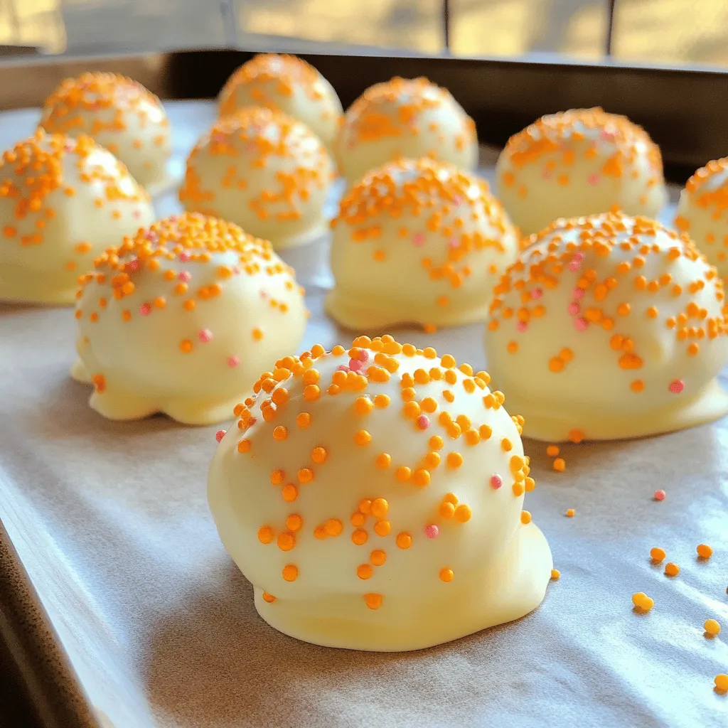 To make No-Bake Orange Creamsicle Truffles, you'll need a few simple ingredients. Here’s the list: - 1 cup crushed graham crackers - 1 cup cream cheese, softened to room temperature - 1/2 cup powdered sugar - Zest of 1 medium orange (about 1 tablespoon) - 1/4 cup freshly squeezed orange juice - 1 teaspoon pure vanilla extract - 1 cup white chocolate chips - Orange sprinkles for garnish These ingredients work together to create a creamy, sweet treat with an orange twist. The crushed graham crackers give a nice crunch, while the cream cheese adds smoothness. The orange zest and juice provide that classic creamsicle flavor. You can easily find these items at your local grocery store. If you're looking for a fun treat to make with kids or friends, this recipe is perfect. The vibrant colors and flavors will surely brighten your day. For the full recipe, including steps to prepare these delightful truffles, check out the [Full Recipe]. To start, gather a large mixing bowl. Combine the following ingredients: - 1 cup crushed graham crackers - 1 cup cream cheese, softened - 1/2 cup powdered sugar - Zest of 1 medium orange - 1/4 cup freshly squeezed orange juice - 1 teaspoon pure vanilla extract Mix these ingredients well with a hand mixer or spatula. You want the mixture to be smooth and hold together like dough. If it feels too sticky, add a bit more graham cracker crumbs. If it’s too dry, add a splash of orange juice. Now it's time to shape the truffles. Use clean hands to scoop out a small portion of the dough. Roll it into a ball about 1 inch in diameter. Place each ball on a parchment-lined baking sheet. It helps to keep the truffles uniform, so consider using a small cookie scoop for even portions. Next, melt the white chocolate. Place 1 cup of white chocolate chips in a microwave-safe bowl. Heat in 30-second bursts, stirring each time. Stop when the chocolate is smooth. Be careful not to overheat it. Once melted, take the truffles from the fridge. Dip each one into the chocolate, making sure it’s fully coated. Return the coated truffles to the baking sheet. Before the chocolate sets, sprinkle orange sprinkles on top. Chill the truffles for 15 minutes to harden the chocolate. For the full recipe, follow the steps outlined above. Enjoy making these delightful No-Bake Orange Creamsicle Truffles! To make your No-Bake Orange Creamsicle Truffles just right, start with room temperature ingredients. When cream cheese warms up, it blends better. It gives a smooth texture that makes the truffles melt in your mouth. Adjusting sweetness is also key. Some like it sweeter, while others prefer a milder taste. If you want a less sweet truffle, add less powdered sugar. Taste your mixture as you go. This way, you can find the perfect balance for your palate. These truffles pair well with drinks. Try serving them with a cold glass of milk or orange soda. Both drinks enhance the orange flavor. You can also add a scoop of vanilla ice cream on the side for extra creaminess. For garnishes, you can use fresh mint leaves. They add a pop of color and a fresh taste. You can also sprinkle more orange zest on top for a fun touch. The bright colors will make your treat even more inviting. How you display your truffles can make a big difference. Arrange them on a bright and colorful platter. You can even place fresh orange slices around them for a festive look. This simple touch makes your dessert stand out. Another fun idea is to use mini cupcake liners. Place each truffle in a liner for individual servings. This makes it easy for guests to grab one. Plus, it looks cute and fun. For a special touch, you can even add a small tag with the name of the treat. Don't forget to check out the Full Recipe for all the steps! {{image_4}} You can change the flavor of your truffles easily. Instead of orange, try lemon, lime, or grapefruit. Each fruit gives a fresh twist. For a berry option, use raspberry or strawberry juice. This change keeps the recipe fun and new! If you want a different chocolate, swap white chocolate for milk or dark chocolate. This substitution adds richness and depth. Just remember, dark chocolate can be more bitter, so adjust sugar if needed. If you need vegan options, use dairy-free cream cheese. Many brands offer good choices. For sweetening, use agave syrup instead of powdered sugar. This keeps the truffles tasty without dairy. For gluten-free needs, choose gluten-free graham crackers. Many stores sell them now. This way, anyone can enjoy your tasty truffles! Adding nuts can give your truffles a nice crunch. Chopped walnuts or almonds work well. You can mix them into the dough or sprinkle them on top. You can also combine flavors with other desserts. Try mixing in some chocolate chips or cookie crumbs for a fun texture. It makes each truffle unique! Explore these ideas to create your own version of No-Bake Orange Creamsicle Truffles! For the base recipe, check the Full Recipe. Enjoy experimenting! To keep your leftover truffles fresh, store them in an airtight container. A glass or plastic container works well. Place a layer of parchment paper between layers of truffles to prevent sticking. Keep the container in the fridge. The cool air helps keep the truffles firm and tasty. If you want to save some truffles for later, freezing is a great option. First, place them in a single layer on a baking sheet. Freeze them for about two hours until they are solid. Then, transfer the truffles to a freezer-safe bag or container. Be sure to remove as much air as possible. When you're ready to enjoy them, thaw the truffles in the fridge overnight. It keeps them creamy and delicious when you serve them. These truffles can last for about one week in the fridge. If you freeze them, they can last for up to three months. Just remember to check for any changes in texture or flavor before serving. Always enjoy your No-Bake Orange Creamsicle Truffles at their best! To make these truffles, you start by mixing crushed graham crackers, cream cheese, powdered sugar, orange zest, orange juice, and vanilla in a bowl. Blend until smooth. Then, roll the mixture into small balls. Chill them for about 30 minutes. Melt white chocolate in a bowl, then dip each truffle to coat. Finally, sprinkle with orange sprinkles and chill again for 15 minutes. Enjoy this simple yet tasty treat! For the full recipe, check the details above. Yes, you can use regular chocolate. Keep in mind, it will change the taste. Dark chocolate has a rich flavor. It may overpower the orange zest. Milk chocolate is sweeter and will still taste good. The texture remains similar, but the color will be darker. Choose based on your preference and enjoy the unique twist! Serve the truffles chilled for the best taste. Place them on a colorful platter. You can add extra orange zest or fresh orange slices around them for a fun touch. Pair with a glass of milk or orange juice to enhance the flavors. This makes your dessert table look vibrant and inviting! Absolutely! You can make these truffles a day ahead. Store them in an airtight container in the fridge. This keeps them fresh and tasty. If you want to make them even earlier, freeze them. Just thaw them in the fridge before serving. Enjoy these truffles anytime! You’ve learned how to make delicious No-Bake Orange Creamsicle Truffles. From mixing ingredients to shaping and storing, each step builds fun and flavor. Remember to explore variations and presentation ideas for a personal touch. These truffles are not just treats; they can also impress at gatherings. Enjoy making and sharing them with friends and family. Your creation will surely bring smiles and sweetness all around!
