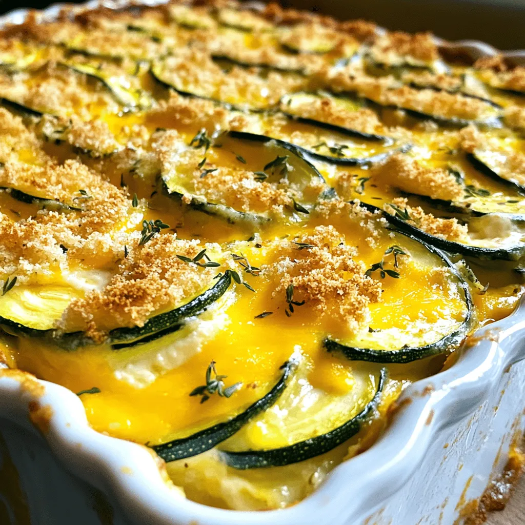 - 4 medium zucchinis, thinly sliced - 1 cup shredded cheddar cheese - 1 cup ricotta cheese - 1/2 cup grated Parmesan cheese - 1 medium onion, finely chopped - 3 cloves garlic, minced - 2 large eggs - 1 teaspoon dried oregano - 1/2 teaspoon crushed red pepper flakes (optional) - Salt and pepper to taste - 1 cup breadcrumbs - 2 tablespoons olive oil Gathering the right ingredients is key to making a great Cheesy Zucchini Casserole. Start with fresh, medium zucchinis. Their mild flavor and tender texture shine in this dish. You will need 4 zucchinis, sliced thin for even cooking. Next, cheese lovers will rejoice! Use 1 cup of shredded cheddar cheese for that creamy richness. The ricotta cheese adds a smooth layer of flavor. You’ll want 1 cup of ricotta to complement the cheddar. To boost the taste, add some grated Parmesan cheese. Just 1/2 cup will do. It adds a nice salty bite. Chopping one medium onion and mincing 3 cloves of garlic will enhance the smell and flavor. For binding, you need 2 large eggs. They help hold everything together. A teaspoon of dried oregano gives a wonderful herb note. If you like a bit of heat, add 1/2 teaspoon of crushed red pepper flakes. Finally, season with salt and pepper to taste. You’ll also need 1 cup of breadcrumbs for a crunchy top. Finish it off with 2 tablespoons of olive oil, which adds richness and helps the breadcrumbs brown. When you have all these ingredients ready, you're set to make a delicious casserole. Check the [Full Recipe] for more details on how to combine these ingredients into a tasty meal. - Preheat the oven to 375°F (190°C). This gets your oven ready for baking. - Sauté the onions and garlic. In a skillet, heat 2 tablespoons of olive oil over medium heat. Add the chopped onion. Cook for about 5 minutes until soft. Then, add minced garlic and cook for 1 more minute. - Combine zucchini, cheeses, eggs, and seasonings. In a large bowl, mix sliced zucchinis with ricotta, cheddar, Parmesan, eggs, oregano, and seasonings. - Mix thoroughly for even consistency. Make sure everything blends well so every bite has flavor. - Prepare and grease the baking dish. Use olive oil or cooking spray in a 9x13 inch baking dish. This helps prevent sticking. - Pour zucchini mixture into the dish and spread evenly. Use a spatula to flatten it out for even cooking. - Top with breadcrumbs and drizzle with olive oil. Mix breadcrumbs with a little olive oil and sprinkle on top for crunch. - Bake for 30-35 minutes until golden brown. Check it with a fork to see if the zucchini is tender. - Allow the casserole to cool for 10 minutes. This helps it set for easier serving. - Serve and enjoy! Feel free to add a fresh herb garnish for a nice touch. To boost the taste, use fresh herbs. Basil, parsley, or thyme can add a nice touch. You can also customize spices based on your own taste. A pinch of cumin or paprika can really change the dish. Experiment and find what you love! Slice the zucchini evenly for the best results. Thin slices cook faster and blend well with the cheese. For an extra cheesy finish, add a layer of cheese on top before baking. It gives a nice, melty crust that everyone loves. Every oven is different. You may need to adjust the baking time based on your own oven settings. Start with 30 minutes, but check for doneness. A fork should easily pierce the zucchini when it's tender. This ensures your casserole is perfectly cooked. For the full recipe, check the details above. {{image_4}} You can easily make this dish more colorful and tasty. Add bell peppers or mushrooms to the mix. Both add great flavor and texture. If you want a different cheese, try mozzarella instead of cheddar. It melts well and gives a nice stretch. If you want more protein, add cooked ground beef or turkey. This makes the casserole heartier and more filling. You can also mix in shredded chicken for a simple, tasty upgrade. Both options work well with the zucchini and cheese. For gluten-free eaters, use gluten-free breadcrumbs. They help keep the crunchy top without the gluten. You can also swap zucchini with other vegetables, like eggplant. This keeps the meal light while still being full of flavor. To keep your cheesy zucchini casserole fresh, store it in an airtight container in the fridge. This way, it stays tasty and safe to eat. For the best flavor and texture, enjoy it within 2-3 days. You can freeze the casserole either before or after baking. If you freeze it before baking, let it cool completely. Then, wrap it tightly in foil or plastic wrap. This helps keep it fresh. If you bake it first, let it cool down too. Then, wrap it well before placing it in the freezer. For the best texture when reheating, use the oven. Set it to 350°F (175°C) and warm the casserole until hot. This helps keep the crispy top. If you need a quick option, you can use the microwave. Just heat it for a minute or two until it's warm enough to enjoy. You can prepare and assemble the casserole, then cover and refrigerate it overnight. This lets the flavors blend well. When ready, just bake it straight from the fridge. This method saves time on busy days. Fresh zucchini is best for the best texture and flavor. However, you can use thawed frozen zucchini in a pinch. Just make sure to drain any extra water to avoid a soggy casserole. Fresh veggies always make a difference. This dish pairs well with a green salad, garlic bread, or grilled chicken. These sides add color and balance to your meal. They complement the creamy casserole nicely. The casserole is done when the top is golden brown. You can check if the zucchini is tender by piercing it with a fork. This simple test ensures you get a perfect bake every time. This blog post lays out an easy and tasty cheesy zucchini casserole recipe. You learned about must-have ingredients like zucchini and cheese, plus ways to enhance the flavor. I shared tips for perfecting texture and how to adapt the dish for different diets. Whether you want to prep ahead or store leftovers, you now have the tools to succeed. Enjoy making this dish and delight in the flavors. It’s a simple way to bring joy to your table!