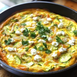 - 4 large eggs - 1 medium zucchini, grated - 1 cup feta cheese, crumbled - 1 small onion, finely chopped - 2 cloves garlic, minced - 1/4 cup milk - 2 tablespoons olive oil - Salt and black pepper to taste - Fresh parsley, chopped (for garnish) This recipe serves four people. Each serving has a good balance of protein and veggies. If you want to make more, just double or triple the ingredients. For six servings, use six eggs and 1 1/2 cups of feta cheese. Adjust the zucchini and other items as needed. When choosing zucchini, pick firm ones with smooth skin. They should feel heavy for their size. If you can't find feta cheese, try goat cheese or cottage cheese. Both options work well and add a unique taste. For a dairy-free version, use almond milk and a dairy-free cheese. These substitutes keep the dish delicious and creamy. - Preheat the oven to 375°F (190°C). - Prepare an oven-safe skillet. - Heat olive oil in the skillet over medium heat. - Add finely chopped onion and sauté for 3-4 minutes. - When the onion is soft, add minced garlic. - Stir in grated zucchini and cook for 3-5 minutes. - Season with salt and black pepper to taste. - In a bowl, whisk together eggs, milk, and crumbled feta. - Mix until the feta is evenly combined. - Pour the egg mixture into the skillet over the veggies. - Cook on the stovetop for 2-3 minutes. - Wait until the edges begin to set but the center is still runny. - Transfer the skillet to the preheated oven. - Bake for 15-20 minutes until puffy and set. - Check with a toothpick; it should come out clean. After baking, let it cool for a minute. Slice into wedges and garnish with fresh parsley. Enjoy your delicious frittata! For the full recipe, check the section above. To avoid a rubbery texture in your frittata, cook the eggs gently. Overcooking can make them tough. Use medium heat when cooking. This way, you get tender, fluffy eggs. For even cooking, stir the mixture gently. When you pour the egg mixture into the skillet, make sure it spreads evenly. Allow the edges to set a bit before moving it to the oven. This helps create a nice base. Pair your frittata with a fresh salad or cherry tomatoes. This adds color and crunch. You can also serve it with a side of crusty bread for a hearty meal. For gatherings, slice the frittata into wedges. Place them on a nice platter. Top with fresh parsley for a pop of green. You could drizzle some olive oil or lemon juice for extra flavor. A slice of this frittata has about 200 calories. It packs protein from the eggs and feta. It also offers healthy fats from olive oil. Zucchini is low in calories and high in fiber. It helps with digestion and keeps you full. Feta cheese adds calcium and flavor, making this dish tasty and healthy. You can find more details in the Full Recipe. {{image_4}} You can switch the feta for other cheeses. Goat cheese adds a tangy flavor. Cheddar gives a rich, creamy taste. Both work well with zucchini. Experiment and find your favorite! You can add more veggies for extra flavor. Bell peppers, spinach, or mushrooms are great choices. Seasonal veggies like asparagus or tomatoes can also shine in this dish. Pick what you love! Fresh herbs like basil or dill can enhance the taste. You might also try spices like paprika or black pepper. For added protein, mix in diced ham or fresh spinach. Each option makes the frittata more filling and flavorful. To keep your Zucchini and Feta Frittata fresh, store any leftovers right away. Let it cool down first. Place the frittata in an airtight container. This helps prevent it from drying out. You can also cover it tightly with plastic wrap. Refrigerate it within two hours of cooking. Use glass or plastic containers for best results. Glass containers are great for visible storage. They help you see the frittata without opening them. If you use plastic, make sure they are BPA-free. This ensures safety and health. Store the frittata for up to four days in the fridge. When you want to enjoy leftover frittata, reheat it gently. The best way is in the oven. Preheat the oven to 350°F (175°C). Place the frittata on a baking sheet. Cover it with foil to keep moisture in. Heat it for about 10-15 minutes until warm. You can also reheat it in the microwave. Use a microwave-safe plate and cover it with a damp paper towel. Heat it in short bursts of 30 seconds. Check it often to avoid overcooking. This keeps the frittata moist and tasty. To keep the texture just right, avoid high heat. High heat can make the frittata rubbery. Always reheat slowly, whether in the oven or microwave. This way, you enjoy a delicious meal that tastes fresh. For more details, check the Full Recipe. Yes, you can make this frittata ahead of time. Cook it fully, then cool it down. Store it in the fridge in an airtight container for up to three days. When you want to eat it, just reheat it in the oven or a skillet. This saves time on busy mornings. Yes, you can freeze the frittata. Cut it into wedges and wrap each piece tightly in plastic wrap. Place them in a freezer-safe bag or container. It can last for up to three months. To enjoy, thaw it in the fridge overnight and reheat in the oven. You can serve many things with a frittata. Here are some ideas: - Fresh salad - Sliced avocado - Roasted potatoes - Toast with butter - Cherry tomatoes These sides add color and flavor to your meal. A cooked frittata lasts about three to four days in the fridge. Store it in an airtight container. This keeps it fresh and tasty for your next meal. Yes, you can make a frittata without eggs. Try using these substitutes: - Silken tofu blended until smooth - Chickpea flour mixed with water - Flaxseed meal mixed with water These options give you a similar texture and flavor. They are great for a vegan option. For the best results, use the same amount as in the recipe. For detailed steps on making this dish, check the Full Recipe. This blog post guides you through making a delicious zucchini and feta frittata. We covered ingredients, how to prepare, and cooking steps. You learned tips for perfecting texture, serving ideas, and variations to try. Remember, you can make this dish your own with different veggies or cheese. Store leftovers properly and enjoy them later. Frittatas are easy to make ahead or freeze too. With these insights, you can cook and serve a tasty meal everyone will love. Enjoy your cooking journey!
