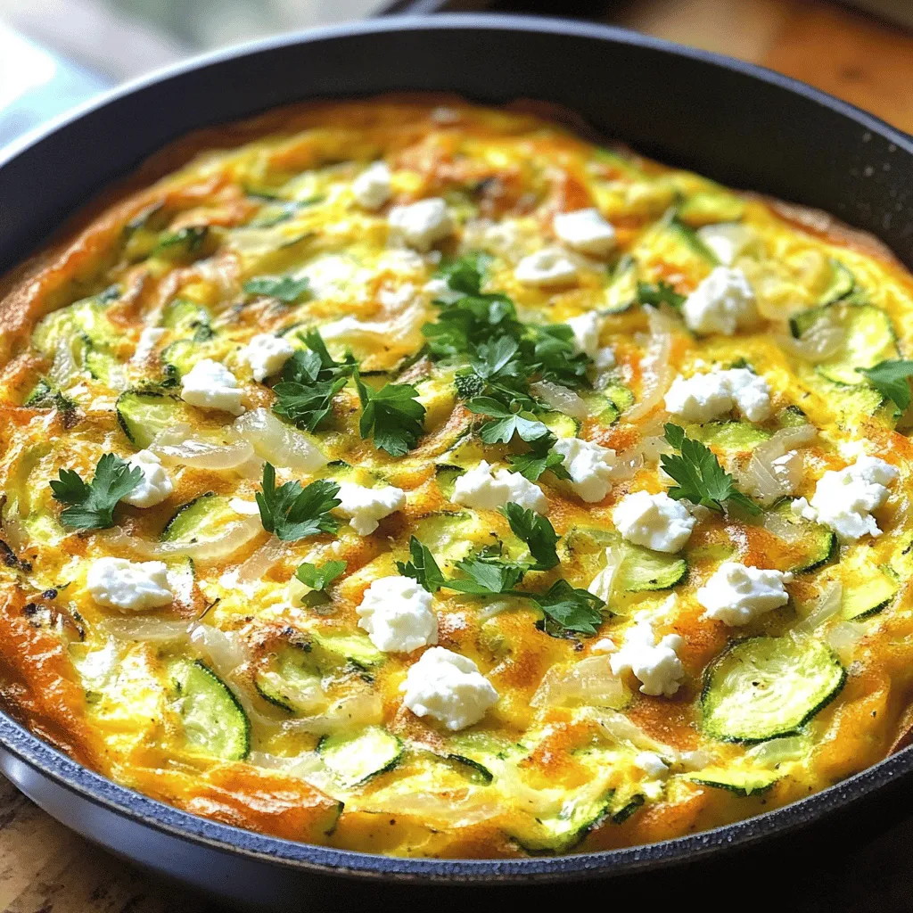 - 4 large eggs - 1 medium zucchini, grated - 1 cup feta cheese, crumbled - 1 small onion, finely chopped - 2 cloves garlic, minced - 1/4 cup milk - 2 tablespoons olive oil - Salt and black pepper to taste - Fresh parsley, chopped (for garnish) This recipe serves four people. Each serving has a good balance of protein and veggies. If you want to make more, just double or triple the ingredients. For six servings, use six eggs and 1 1/2 cups of feta cheese. Adjust the zucchini and other items as needed. When choosing zucchini, pick firm ones with smooth skin. They should feel heavy for their size. If you can't find feta cheese, try goat cheese or cottage cheese. Both options work well and add a unique taste. For a dairy-free version, use almond milk and a dairy-free cheese. These substitutes keep the dish delicious and creamy. - Preheat the oven to 375°F (190°C). - Prepare an oven-safe skillet. - Heat olive oil in the skillet over medium heat. - Add finely chopped onion and sauté for 3-4 minutes. - When the onion is soft, add minced garlic. - Stir in grated zucchini and cook for 3-5 minutes. - Season with salt and black pepper to taste. - In a bowl, whisk together eggs, milk, and crumbled feta. - Mix until the feta is evenly combined. - Pour the egg mixture into the skillet over the veggies. - Cook on the stovetop for 2-3 minutes. - Wait until the edges begin to set but the center is still runny. - Transfer the skillet to the preheated oven. - Bake for 15-20 minutes until puffy and set. - Check with a toothpick; it should come out clean. After baking, let it cool for a minute. Slice into wedges and garnish with fresh parsley. Enjoy your delicious frittata! For the full recipe, check the section above. To avoid a rubbery texture in your frittata, cook the eggs gently. Overcooking can make them tough. Use medium heat when cooking. This way, you get tender, fluffy eggs. For even cooking, stir the mixture gently. When you pour the egg mixture into the skillet, make sure it spreads evenly. Allow the edges to set a bit before moving it to the oven. This helps create a nice base. Pair your frittata with a fresh salad or cherry tomatoes. This adds color and crunch. You can also serve it with a side of crusty bread for a hearty meal. For gatherings, slice the frittata into wedges. Place them on a nice platter. Top with fresh parsley for a pop of green. You could drizzle some olive oil or lemon juice for extra flavor. A slice of this frittata has about 200 calories. It packs protein from the eggs and feta. It also offers healthy fats from olive oil. Zucchini is low in calories and high in fiber. It helps with digestion and keeps you full. Feta cheese adds calcium and flavor, making this dish tasty and healthy. You can find more details in the Full Recipe. {{image_4}} You can switch the feta for other cheeses. Goat cheese adds a tangy flavor. Cheddar gives a rich, creamy taste. Both work well with zucchini. Experiment and find your favorite! You can add more veggies for extra flavor. Bell peppers, spinach, or mushrooms are great choices. Seasonal veggies like asparagus or tomatoes can also shine in this dish. Pick what you love! Fresh herbs like basil or dill can enhance the taste. You might also try spices like paprika or black pepper. For added protein, mix in diced ham or fresh spinach. Each option makes the frittata more filling and flavorful. To keep your Zucchini and Feta Frittata fresh, store any leftovers right away. Let it cool down first. Place the frittata in an airtight container. This helps prevent it from drying out. You can also cover it tightly with plastic wrap. Refrigerate it within two hours of cooking. Use glass or plastic containers for best results. Glass containers are great for visible storage. They help you see the frittata without opening them. If you use plastic, make sure they are BPA-free. This ensures safety and health. Store the frittata for up to four days in the fridge. When you want to enjoy leftover frittata, reheat it gently. The best way is in the oven. Preheat the oven to 350°F (175°C). Place the frittata on a baking sheet. Cover it with foil to keep moisture in. Heat it for about 10-15 minutes until warm. You can also reheat it in the microwave. Use a microwave-safe plate and cover it with a damp paper towel. Heat it in short bursts of 30 seconds. Check it often to avoid overcooking. This keeps the frittata moist and tasty. To keep the texture just right, avoid high heat. High heat can make the frittata rubbery. Always reheat slowly, whether in the oven or microwave. This way, you enjoy a delicious meal that tastes fresh. For more details, check the Full Recipe. Yes, you can make this frittata ahead of time. Cook it fully, then cool it down. Store it in the fridge in an airtight container for up to three days. When you want to eat it, just reheat it in the oven or a skillet. This saves time on busy mornings. Yes, you can freeze the frittata. Cut it into wedges and wrap each piece tightly in plastic wrap. Place them in a freezer-safe bag or container. It can last for up to three months. To enjoy, thaw it in the fridge overnight and reheat in the oven. You can serve many things with a frittata. Here are some ideas: - Fresh salad - Sliced avocado - Roasted potatoes - Toast with butter - Cherry tomatoes These sides add color and flavor to your meal. A cooked frittata lasts about three to four days in the fridge. Store it in an airtight container. This keeps it fresh and tasty for your next meal. Yes, you can make a frittata without eggs. Try using these substitutes: - Silken tofu blended until smooth - Chickpea flour mixed with water - Flaxseed meal mixed with water These options give you a similar texture and flavor. They are great for a vegan option. For the best results, use the same amount as in the recipe. For detailed steps on making this dish, check the Full Recipe. This blog post guides you through making a delicious zucchini and feta frittata. We covered ingredients, how to prepare, and cooking steps. You learned tips for perfecting texture, serving ideas, and variations to try. Remember, you can make this dish your own with different veggies or cheese. Store leftovers properly and enjoy them later. Frittatas are easy to make ahead or freeze too. With these insights, you can cook and serve a tasty meal everyone will love. Enjoy your cooking journey!
