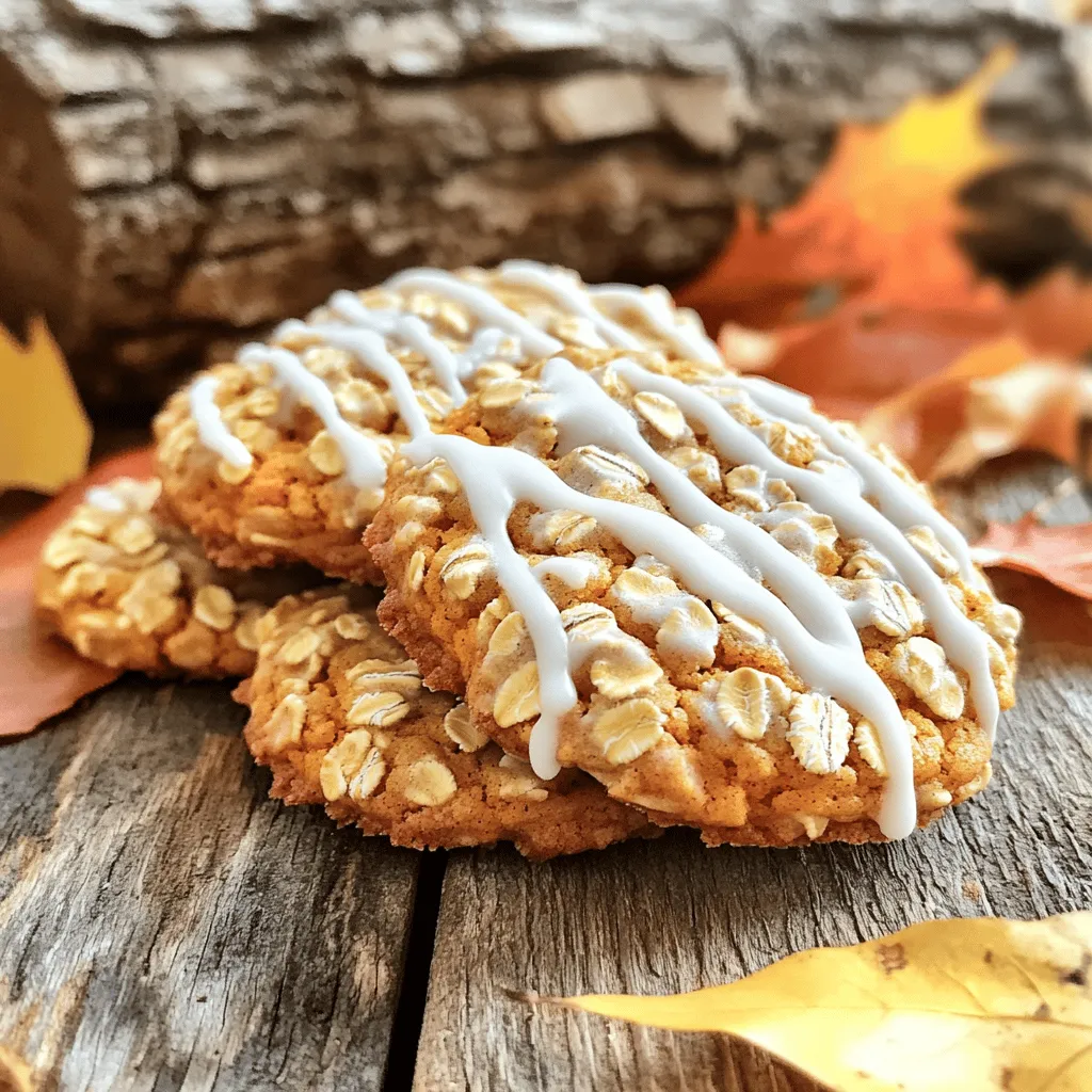 - 1 cup canned pumpkin puree - 1/2 cup brown sugar, packed - 1/4 cup granulated sugar - 1/2 cup unsalted butter, softened - 1 large egg - 1 teaspoon vanilla extract - 1 1/2 cups rolled oats - 1 cup all-purpose flour - 1 teaspoon baking soda - 1 teaspoon baking powder - 1 teaspoon ground cinnamon - 1/2 teaspoon ground nutmeg - 1/2 teaspoon ground ginger - 1/4 teaspoon salt - 1 cup powdered sugar (for icing) - 2 tablespoons milk (for icing) - 1/4 teaspoon vanilla extract (for icing) These ingredients come together to create the perfect cookie blend. The pumpkin gives a warm, rich flavor, while the oats add a nice chewy texture. Brown sugar adds depth, and the spices bring autumn to your kitchen. You can use canned pumpkin puree for ease, but fresh pumpkin works too. Just make sure it is pureed and cooked well. This recipe balances sweetness with spices, making it delightful for all ages. For the icing, you only need three simple items. This icing adds a sweet finish to each cookie. Be sure to mix until it is smooth. You want it to drizzle nicely over the cookies for that gourmet look. You can find the full recipe in the article to guide you step by step. Enjoy making these cookies! - Preheat the oven to 350°F (175°C). - Prepare the baking sheet with parchment paper. Start by setting your oven to 350°F (175°C). This is the perfect temperature for baking cookies. Next, line a baking sheet with parchment paper. This step keeps the cookies from sticking and makes cleanup easy. - Cream together butter and sugars. - Incorporate pumpkin, egg, and vanilla. In a large bowl, cream together the softened butter, brown sugar, and granulated sugar. Use an electric mixer to make this light and fluffy. This takes about 3 to 5 minutes. Then, mix in the pumpkin puree, egg, and vanilla. Stir until smooth and well combined. - Whisk together oats, flour, and spices. - Gradually mix dry ingredients into wet ingredients. In another bowl, whisk together the rolled oats, all-purpose flour, baking soda, baking powder, cinnamon, nutmeg, ginger, and salt. Make sure these dry ingredients are well mixed. Slowly add the dry mix to the wet ingredients. Stir gently until just combined. Avoid overmixing to keep the cookies soft. - Scoop dough onto the baking sheet. - Bake for 12-15 minutes. Using a cookie scoop or a tablespoon, drop portions of dough onto the prepared baking sheet. Leave about 2 inches between each scoop. Then, place the baking sheet in the oven. Bake for 12 to 15 minutes, or until the edges are golden and the centers are set. - Mix powdered sugar, milk, and vanilla. While the cookies bake, prepare the icing. In a small bowl, whisk together the powdered sugar, milk, and vanilla. Mix until smooth and thick enough to drizzle. - Cool cookies on a wire rack. - Drizzle icing over cooled cookies. Once the cookies are done, let them cool on the baking sheet for about 5 minutes. Then transfer them to a wire rack to cool completely. After they are cool, drizzle the sweet icing over the tops. This adds a tasty finish to your cookies. For the full recipe, check out the details above. - Ensure precise measurements for best results. Use measuring cups and spoons for accuracy. - Check cookies for doneness by looking at the edges. They should be lightly golden. - Consider adding nuts or chocolate chips for extra crunch. Pecans or walnuts work great! - Allow cookies to cool before icing. This helps the icing stick better and look nice. - Use a cookie scoop for uniform sizes. This makes sure each cookie bakes evenly. - Invest in quality baking sheets for even heat distribution. This helps prevent burnt bottoms. These tips will help you make delicious pumpkin and oatmeal cookies with icing. For the full recipe, check out the detailed instructions above. Enjoy baking! {{image_4}} You can easily change the taste of your pumpkin and oatmeal cookies. Adding dried fruit gives them a nice twist. I love using cranberries or raisins for extra sweetness. You can also try different spices. Allspice and cloves can add warmth and depth. A hint of nutmeg can also enhance the flavor. If you need a gluten-free option, choose gluten-free oats and flour. This way, everyone can enjoy them. For a dairy-free version, swap butter with coconut oil. This keeps the cookies soft and tasty while meeting dietary needs. The icing on these cookies is sweet and fun. You can try a cream cheese icing for a tangy twist. Just mix cream cheese with powdered sugar and a bit of milk. If you prefer chocolate, use a chocolate glaze instead. Just melt chocolate and drizzle it over the cookies for a rich treat. For the full recipe, check out the [Full Recipe]. Store your pumpkin and oatmeal cookies in an airtight container at room temperature. This keeps them soft and fresh. They will taste great for up to a week. If you want to share, they make perfect gifts! You can freeze these cookies for up to 3 months. To do this, place them in a single layer in a freezer-safe bag. When you want to enjoy them, take the cookies out. Let them sit at room temperature for about 30 minutes. This helps them return to their soft texture. If you want warm cookies, you can reheat them. Use a microwave or an oven. For the microwave, heat them for about 10-15 seconds. In the oven, preheat to 300°F and warm for about 5-10 minutes. Be careful not to over-bake them. You want them warm, not dry! For the full recipe, check the earlier section. Enjoy your tasty treats! To make these cookies softer, adjust the baking time. You can also add more moisture. A little extra pumpkin puree or milk can help keep them soft. Yes, you can replace canned pumpkin with fresh pumpkin. Just make sure it is cooked and pureed thoroughly. This ensures the right texture and flavor in your cookies. If your dough feels too dry, add a little more milk or pumpkin puree. This will help bring the dough together and improve the cookie's texture. You can use food coloring to tint the icing as desired. A few drops will create bright colors for your cookies, making them festive and fun. Yes, these cookies store well. You can make them in advance. Just wait to ice them until serving time for the best presentation. In this post, we explored how to make delicious pumpkin cookies. We covered ingredients, steps for prep, and tips for baking. From mixing the dough to adding icing, each step helps you create tasty treats. Remember, you can customize the flavors or adjust the recipe to fit your needs. Enjoy baking, and share these cookies with friends and family. They will love the warm, spiced flavor and soft texture. Happy baking!