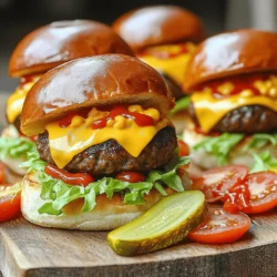 - 1 lb ground beef (80/20) - 12 slider buns - 6 slices of cheddar cheese, halved - Condiments and toppings To make these sliders, you need to gather some essential items. Start with one pound of ground beef. I prefer using the 80/20 blend. This gives the beef a good mix of flavor and juiciness. Next, grab twelve slider buns. Soft, fresh buns work best. You will also need cheese. I suggest six slices of cheddar cheese, cut in half. Don't forget the condiments! Ketchup, mustard, and your favorite toppings help create the perfect bite. - Bacon strips for bacon cheeseburger sliders - Avocado or guacamole for an extra twist Want to take your sliders up a notch? Consider adding bacon. A few crispy strips can turn regular sliders into delicious bacon cheeseburger sliders. You can also add creamy avocado or guacamole for an extra twist. They add great taste and creaminess. - Overview of calories, fat content, protein, and carbohydrates Cheeseburger sliders are tasty, but it's good to know what you eat. Each slider has about 200 calories. They also contain around 12 grams of fat and 10 grams of protein. Carbohydrates come in at about 18 grams per slider. If you're mindful of your diet, these numbers can help you enjoy your meal while keeping track of what you eat. For the full recipe, check the recipe section above! - First, I mix 1 pound of ground beef with seasonings. I use 1 teaspoon of garlic powder, 1 teaspoon of onion powder, and 1 teaspoon of smoked paprika. I add salt and pepper to taste. This mix gives great flavor to the beef. - Next, I divide the beef into 12 equal portions. I shape each portion into a small patty. I make sure the patties are a bit larger than the slider buns. This helps them fit nicely after cooking. - I heat my grill or skillet over medium-high heat until it is hot. I place the patties on it and cook for 3 to 4 minutes on one side. Then, I flip them and cook for another 2 minutes. I cook them until they reach my preferred doneness. - As the patties near the end of cooking, I add a half-slice of cheddar cheese on each one. I cover the grill or skillet with a lid. This helps the cheese melt quickly, usually in about a minute. - While the cheese melts, I toast the slider buns lightly. I can do this on the grill or in a toaster until they are golden brown. - To put the sliders together, I start with a cheesy patty on the bottom half of each toasted bun. Then, I add a handful of shredded lettuce, a spoonful of diced tomatoes, and a few slices of dill pickles on top. - Finally, I drizzle ketchup and mustard over everything. I place the top half of the bun on each slider, pressing down gently. - I serve the sliders warm. I keep extra toppings and condiments on the side for guests to customize their burgers as they like. For the full recipe, check the earlier section! To make tender sliders, avoid over-mixing the meat. When you mix the ground beef with seasonings, do it gently. This keeps the meat tender and juicy. If you mix too much, the sliders can become tough. For even browning, heat your grill or skillet well before adding the patties. Medium-high heat works best. Cook the patties for about 3-4 minutes on one side. Then flip them and cook for another 2 minutes. This method helps achieve that perfect golden crust. To boost flavor, use seasonings like garlic powder, onion powder, and smoked paprika. These add a great taste to your patties. You can also marinate the meat in your favorite sauce for extra zing. For cheese, cheddar is a classic choice. But you can try others like pepper jack or Swiss for variety. Each cheese brings its own flavor, adding fun to the sliders. At gatherings, you can serve sliders on a large platter. Stack them up for a fun look. Offer a variety of toppings, like shredded lettuce, diced tomatoes, and sliced pickles. This lets guests build their own sliders. Pair your sliders with sides like crispy fries or a fresh salad. For drinks, serve soda, beer, or lemonade. These pair nicely with the savory flavors of the sliders. For the full recipe, check out the detailed instructions above. {{image_4}} For bacon cheeseburger sliders, you'll need some extra ingredients. Here’s what to add: - 1 lb ground beef (80/20) - 6 slices of bacon, cooked and crumbled - 12 slider buns - 6 slices of cheddar cheese, halved - Condiments and toppings To make these sliders, mix the bacon with the beef before you shape the patties. This adds a nice crunch and flavor. Cook the patties as usual and top each with cheese. The cheese melts into the bacon, giving a rich taste. If you want vegetarian or vegan sliders, you can swap the beef. Use these options: - 1 lb plant-based burger patties - 12 slider buns - Vegan cheese slices - Condiments and toppings You can also use cooked black beans or chickpeas to make patties. Just mash them and mix with breadcrumbs and spices. This keeps the sliders hearty and satisfying. Breakfast sliders are a fun twist. Here’s how to make them: - 1 lb ground beef or breakfast sausage - 12 slider buns - 6 scrambled eggs - 6 slices of cooked bacon - Cheese slices (optional) - Condiments like hot sauce For breakfast sliders, cook the sausage or beef first. Then, scramble the eggs. Layer the sausage, eggs, and bacon on each slider bun. This combo is perfect for brunch or a morning gathering. For more details on how to create these delicious variations, check the Full Recipe. To keep your cooked sliders fresh, use an airtight container. Place wax paper between layers to prevent sticking. Store them in the fridge for up to three days. If you have leftovers, assemble the sliders just before serving. This keeps the buns from getting soggy. For best results, reheat sliders in the oven. Preheat your oven to 350°F (175°C). Place the sliders on a baking sheet and cover with foil. Heat for about 10-15 minutes, or until warm. You can also use a microwave, but this may make the buns chewy. Heat them for about 30 seconds, then check. If you want to freeze sliders, do so before cooking. Wrap each patty tightly in plastic wrap. Then, place them in a freezer bag. Store them for up to three months. When ready to eat, thaw them in the fridge overnight. Cook them as normal, then assemble with buns and toppings. Cheeseburger sliders can last in the fridge for about 3 to 4 days. Make sure to store them in an airtight container. This keeps them fresh and safe to eat. If you want to enjoy them later, I recommend eating them within this time frame. Yes, you can make cheeseburger sliders ahead of time. You can cook the patties and store them in the fridge. Assemble the sliders just before serving to keep the buns fresh. You can also prep all the toppings ahead. This helps save time on busy days. Many local eateries and chains serve great cheeseburger sliders. Some popular places include: - Shake Shack - White Castle - Red Robin These spots often have unique spins on sliders, making your dining experience fun. You can also check out local diners that might have homemade-style sliders. You learned how to make delicious cheeseburger sliders. We covered the needed ingredients, preparation steps, and cooking tips. I shared ways to customize your sliders with optional toppings and variations. You now have great ideas for serving and storing your sliders. Try these steps at your next gathering, and impress your friends. Enjoy creating tasty sliders that everyone will love!