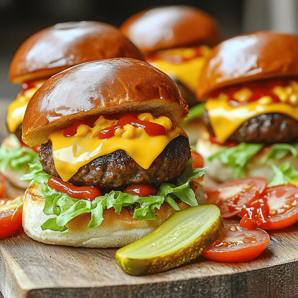 - 1 lb ground beef (80/20) - 12 slider buns - 6 slices of cheddar cheese, halved - Condiments and toppings To make these sliders, you need to gather some essential items. Start with one pound of ground beef. I prefer using the 80/20 blend. This gives the beef a good mix of flavor and juiciness. Next, grab twelve slider buns. Soft, fresh buns work best. You will also need cheese. I suggest six slices of cheddar cheese, cut in half. Don't forget the condiments! Ketchup, mustard, and your favorite toppings help create the perfect bite. - Bacon strips for bacon cheeseburger sliders - Avocado or guacamole for an extra twist Want to take your sliders up a notch? Consider adding bacon. A few crispy strips can turn regular sliders into delicious bacon cheeseburger sliders. You can also add creamy avocado or guacamole for an extra twist. They add great taste and creaminess. - Overview of calories, fat content, protein, and carbohydrates Cheeseburger sliders are tasty, but it's good to know what you eat. Each slider has about 200 calories. They also contain around 12 grams of fat and 10 grams of protein. Carbohydrates come in at about 18 grams per slider. If you're mindful of your diet, these numbers can help you enjoy your meal while keeping track of what you eat. For the full recipe, check the recipe section above! - First, I mix 1 pound of ground beef with seasonings. I use 1 teaspoon of garlic powder, 1 teaspoon of onion powder, and 1 teaspoon of smoked paprika. I add salt and pepper to taste. This mix gives great flavor to the beef. - Next, I divide the beef into 12 equal portions. I shape each portion into a small patty. I make sure the patties are a bit larger than the slider buns. This helps them fit nicely after cooking. - I heat my grill or skillet over medium-high heat until it is hot. I place the patties on it and cook for 3 to 4 minutes on one side. Then, I flip them and cook for another 2 minutes. I cook them until they reach my preferred doneness. - As the patties near the end of cooking, I add a half-slice of cheddar cheese on each one. I cover the grill or skillet with a lid. This helps the cheese melt quickly, usually in about a minute. - While the cheese melts, I toast the slider buns lightly. I can do this on the grill or in a toaster until they are golden brown. - To put the sliders together, I start with a cheesy patty on the bottom half of each toasted bun. Then, I add a handful of shredded lettuce, a spoonful of diced tomatoes, and a few slices of dill pickles on top. - Finally, I drizzle ketchup and mustard over everything. I place the top half of the bun on each slider, pressing down gently. - I serve the sliders warm. I keep extra toppings and condiments on the side for guests to customize their burgers as they like. For the full recipe, check the earlier section! To make tender sliders, avoid over-mixing the meat. When you mix the ground beef with seasonings, do it gently. This keeps the meat tender and juicy. If you mix too much, the sliders can become tough. For even browning, heat your grill or skillet well before adding the patties. Medium-high heat works best. Cook the patties for about 3-4 minutes on one side. Then flip them and cook for another 2 minutes. This method helps achieve that perfect golden crust. To boost flavor, use seasonings like garlic powder, onion powder, and smoked paprika. These add a great taste to your patties. You can also marinate the meat in your favorite sauce for extra zing. For cheese, cheddar is a classic choice. But you can try others like pepper jack or Swiss for variety. Each cheese brings its own flavor, adding fun to the sliders. At gatherings, you can serve sliders on a large platter. Stack them up for a fun look. Offer a variety of toppings, like shredded lettuce, diced tomatoes, and sliced pickles. This lets guests build their own sliders. Pair your sliders with sides like crispy fries or a fresh salad. For drinks, serve soda, beer, or lemonade. These pair nicely with the savory flavors of the sliders. For the full recipe, check out the detailed instructions above. {{image_4}} For bacon cheeseburger sliders, you'll need some extra ingredients. Here’s what to add: - 1 lb ground beef (80/20) - 6 slices of bacon, cooked and crumbled - 12 slider buns - 6 slices of cheddar cheese, halved - Condiments and toppings To make these sliders, mix the bacon with the beef before you shape the patties. This adds a nice crunch and flavor. Cook the patties as usual and top each with cheese. The cheese melts into the bacon, giving a rich taste. If you want vegetarian or vegan sliders, you can swap the beef. Use these options: - 1 lb plant-based burger patties - 12 slider buns - Vegan cheese slices - Condiments and toppings You can also use cooked black beans or chickpeas to make patties. Just mash them and mix with breadcrumbs and spices. This keeps the sliders hearty and satisfying. Breakfast sliders are a fun twist. Here’s how to make them: - 1 lb ground beef or breakfast sausage - 12 slider buns - 6 scrambled eggs - 6 slices of cooked bacon - Cheese slices (optional) - Condiments like hot sauce For breakfast sliders, cook the sausage or beef first. Then, scramble the eggs. Layer the sausage, eggs, and bacon on each slider bun. This combo is perfect for brunch or a morning gathering. For more details on how to create these delicious variations, check the Full Recipe. To keep your cooked sliders fresh, use an airtight container. Place wax paper between layers to prevent sticking. Store them in the fridge for up to three days. If you have leftovers, assemble the sliders just before serving. This keeps the buns from getting soggy. For best results, reheat sliders in the oven. Preheat your oven to 350°F (175°C). Place the sliders on a baking sheet and cover with foil. Heat for about 10-15 minutes, or until warm. You can also use a microwave, but this may make the buns chewy. Heat them for about 30 seconds, then check. If you want to freeze sliders, do so before cooking. Wrap each patty tightly in plastic wrap. Then, place them in a freezer bag. Store them for up to three months. When ready to eat, thaw them in the fridge overnight. Cook them as normal, then assemble with buns and toppings. Cheeseburger sliders can last in the fridge for about 3 to 4 days. Make sure to store them in an airtight container. This keeps them fresh and safe to eat. If you want to enjoy them later, I recommend eating them within this time frame. Yes, you can make cheeseburger sliders ahead of time. You can cook the patties and store them in the fridge. Assemble the sliders just before serving to keep the buns fresh. You can also prep all the toppings ahead. This helps save time on busy days. Many local eateries and chains serve great cheeseburger sliders. Some popular places include: - Shake Shack - White Castle - Red Robin These spots often have unique spins on sliders, making your dining experience fun. You can also check out local diners that might have homemade-style sliders. You learned how to make delicious cheeseburger sliders. We covered the needed ingredients, preparation steps, and cooking tips. I shared ways to customize your sliders with optional toppings and variations. You now have great ideas for serving and storing your sliders. Try these steps at your next gathering, and impress your friends. Enjoy creating tasty sliders that everyone will love!