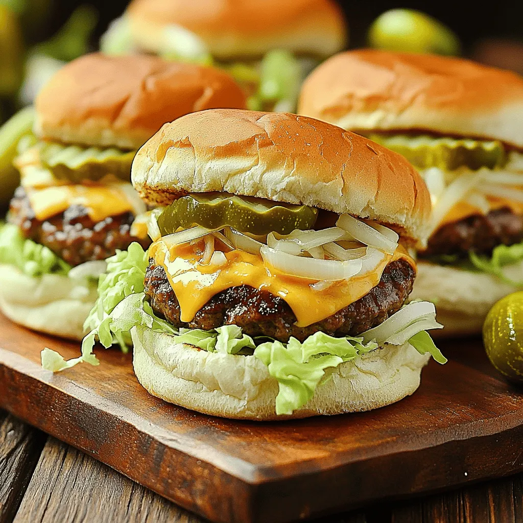 - 1 lb (450g) ground beef - 8 slider buns - 4 slices American cheese, each slice halved - 1 cup shredded lettuce - 1 small onion, finely chopped - 8 dill pickle slices - ½ cup mayonnaise - 2 tablespoons ketchup - 2 tablespoons yellow mustard - 1 tablespoon sweet pickle relish - 1 tablespoon onion powder - 1 tablespoon garlic powder - Salt and pepper, to taste To create these Copycat Big Mac Sliders, you need a few key ingredients. First, ground beef forms the base of the sliders. It brings the savory flavor and juicy texture everyone loves. Next, slider buns hold all the goodness together. Choose soft, fresh buns for the best experience. American cheese adds creaminess and that classic taste. Halving the slices helps them fit perfectly on each slider. Now, let’s talk toppings. Shredded lettuce, finely chopped onions, and dill pickle slices add crunch and freshness. They balance the richness of the beef and cheese. Don’t forget the special sauce! This is key to mimicking that famous flavor. It combines mayonnaise, ketchup, yellow mustard, and sweet pickle relish. This sauce adds tanginess and creaminess, making every bite heavenly. For an extra flavor boost, consider optional seasonings like onion powder, garlic powder, salt, and pepper. They enhance the beef's taste and bring warmth to each slider. You can find the full recipe in the section above, which details how to turn these ingredients into a delicious meal everyone will enjoy. 1. Preheat your oven to 350°F (175°C). This helps cook your sliders evenly. 2. Lightly grease a baking dish. This keeps the patties from sticking. 3. In a large bowl, combine ground beef, onion powder, garlic powder, salt, and pepper. 4. Use your hands or a spoon to mix well. This ensures all flavors blend. 5. Form the mixture into small patties. Shape them to fit the slider buns. 1. Arrange the patties in the greased baking dish. Make sure they have space. 2. Bake in the oven for about 15-20 minutes. They are done when juices run clear. 1. While the patties bake, prepare the special sauce. In a bowl, mix mayonnaise, ketchup, yellow mustard, and sweet pickle relish. 2. Stir until the sauce is creamy and smooth. 3. After baking, take the patties out of the oven. Place each patty on the bottom half of a slider bun. 4. Add half a slice of American cheese on each patty. The heat will melt the cheese slightly. 5. Spoon special sauce generously over the cheese. 6. Layer on shredded lettuce, chopped onions, and a dill pickle slice for crunch. 7. Cover with the top half of the buns. 8. For extra flavor, brush the tops of the buns with melted butter. 9. Return the sliders to the oven for 5 more minutes. This warms the buns and gives them a nice toast. 10. Once done, cut the sliders into individual servings. Serve warm for a tasty treat. For the full recipe, check the link provided. Enjoy your delicious Copycat Big Mac Sliders! For juicy patties, always use fresh ground beef. Aim for an 80/20 lean-to-fat ratio. This mix keeps the patties moist and tasty. Form the patties gently; avoid packing them too tight. This helps them stay tender. To melt cheese effectively, place the cheese on hot patties right after baking. Cover the dish with foil for a minute. This traps steam and helps the cheese melt evenly. Using fresh toppings makes a big difference. Fresh lettuce, chopped onions, and dill pickles add crunch and taste. Pre-packaged toppings may lack flavor and freshness. Choose fresh ingredients whenever you can. Brushing melted butter on the buns adds rich flavor. It also gives them a crispy texture. Just a light brush before baking can elevate your sliders. For a beautiful display, serve the sliders on a bright platter. Add a small bowl of extra special sauce for dipping. This makes it fun for guests. Pair your sliders with crispy fries or a fresh salad. This adds color and variety to your meal. You can also include pickles on the side for a classic touch. {{image_4}} You can switch the ground beef for other meats. Turkey or chicken works well. For a plant-based version, try veggie patties or black bean patties. Each option gives a new twist, so feel free to experiment! Toppings can take your sliders to the next level. Try adding crispy bacon for crunch. Jalapeños add heat if you like spice. Different cheeses, like pepper jack or cheddar, can also change the flavor. Get creative and mix it up! The sauce is key for flavor. You can spice it up by adding hot sauce or sriracha. Try mixing in barbecue sauce for a smoky taste. A dash of mustard can add tang. Each change makes your sliders unique and fun to enjoy! To keep your leftover sliders fresh, store them in an airtight container. Place a piece of parchment paper between the sliders to prevent them from sticking. You can also wrap them tightly in plastic wrap. This method helps keep the flavors intact and prevents sogginess. Store them in the fridge for up to three days. If you want to enjoy these sliders later, freezing is a great option. Start by cooling the patties completely. Once cooled, wrap each patty in plastic wrap. Then, place them in a freezer-safe bag. Label the bag with the date to keep track. You can freeze the patties for up to three months. When you're ready to eat, just thaw them in the fridge overnight. To reheat your sliders while keeping them tasty, use the oven. Preheat it to 350°F (175°C). Place the sliders on a baking sheet and cover them with foil. Heat for about 10-15 minutes or until warmed through. This method helps keep the buns soft and the patties juicy. For best results, avoid the microwave, as it can make the sliders rubbery. Copycat Big Mac Sliders are mini burgers inspired by the famous Big Mac. They pack the same flavors into a bite-sized treat. You get juicy beef patties, melty cheese, and a special sauce that tastes just like the original. Add fresh lettuce, onions, and pickles, and you have a perfect comfort food. The sliders are fun for parties or family dinners. These sliders are quick to prepare. It takes about 15 minutes to prep and 20 minutes to cook. So, in just 40 minutes, you can serve a plate of eight sliders. This makes them great for busy weeknights or last-minute gatherings. You won’t spend hours in the kitchen. Yes, you can easily customize these sliders to fit your taste. Try using ground turkey or chicken for a lighter option. You can swap American cheese for cheddar or pepper jack for extra flavor. Feel free to add toppings like bacon or jalapeños for a spicy kick. Each person can make their own version, so everyone is happy. In this guide, we covered how to make tasty sliders. We detailed the main ingredients, special sauce, and optional seasonings. You'll find step-by-step instructions, tips for cooking, and ways to enhance flavor. We also shared storage practices and answered common questions about customization and preparation times. Enjoy making these sliders your own. They are fun, delicious, and perfect for any occasion. Your cooking will shine with these easy steps!