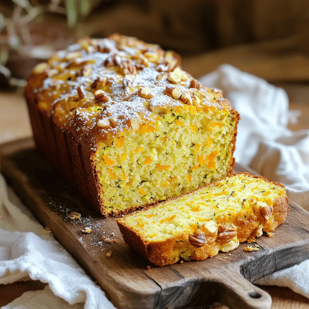 To make Zucchini Orange Bread, you need fresh ingredients. Here’s a list of the key items: - 2 cups freshly grated zucchini (about 2 medium zucchinis) - 1 cup granulated sugar - 1/2 cup packed brown sugar - 1/2 cup vegetable oil - 3 large eggs, at room temperature - 1 teaspoon pure vanilla extract - Zest from 1 medium orange - 1/4 cup freshly squeezed orange juice - 2 cups all-purpose flour - 1 teaspoon baking soda - 1/2 teaspoon baking powder - 1 teaspoon ground cinnamon - 1/2 teaspoon salt - 1/4 teaspoon ground nutmeg These ingredients create a moist and flavorful bread. The zucchini adds moisture and texture, while the orange zest and juice bring a bright, citrusy flavor. You can customize your Zucchini Orange Bread with optional add-ins. Here are some ideas: - 1/2 cup chopped walnuts or pecans for crunch - 1/2 cup chocolate chips for sweetness - 1/2 cup dried cranberries or raisins for a fruity twist These add-ins can change the taste and texture of your bread. Feel free to experiment and find your favorite mix! If you need to swap some ingredients, here are some easy substitutions: - Use applesauce instead of vegetable oil for a lighter option. - Substitute honey or maple syrup for granulated sugar for a natural sweetener. - Replace all-purpose flour with almond flour for a gluten-free version. These substitutions will keep your Zucchini Orange Bread delicious while fitting your diet. For the full recipe, check out the provided details. Start by preheating your oven to 350°F (175°C). This is key for even baking. While the oven heats up, take a 9x5 inch loaf pan. Lightly grease it with oil or use non-stick spray. This helps the bread come out easily after baking. In a large mixing bowl, add 2 cups of freshly grated zucchini. This gives the bread moisture. Next, pour in 1 cup of granulated sugar and 1/2 cup of packed brown sugar. Stir in 1/2 cup of vegetable oil for richness. Crack in 3 large eggs, making sure they are at room temperature. Add 1 teaspoon of pure vanilla extract, the zest from 1 medium orange, and 1/4 cup of freshly squeezed orange juice. Whisk these ingredients together until well combined. This mixture will create a flavorful base for the bread. In a separate bowl, sift together 2 cups of all-purpose flour, 1 teaspoon of baking soda, 1/2 teaspoon of baking powder, 1 teaspoon of ground cinnamon, 1/2 teaspoon of salt, and 1/4 teaspoon of ground nutmeg. Sifting helps to aerate the flour. Slowly fold the dry mixture into the wet mixture. Use a spatula or wooden spoon to mix gently. It's fine if a few lumps remain; overmixing can make the bread tough. If you want extra crunch, fold in 1/2 cup of chopped walnuts or pecans. Once mixed, pour the batter into your prepared loaf pan. Use a spatula to smooth the top. Now you are ready to bake! To make your zucchini orange bread moist and tasty, start with fresh zucchini. Grate it just before using. This keeps the moisture high. Squeeze out some excess water if it looks too wet. The orange zest and juice add bright flavor. Don't skip these! They balance the bread's sweetness. For an extra boost, try adding a bit of vanilla extract. It enhances the overall flavor. Preheat your oven to 350°F (175°C). This is key for even baking. Bake the bread for 55 to 65 minutes. Every oven is different, so check after 55 minutes. Insert a toothpick into the center. If it comes out clean or with a few crumbs, it's ready. Let it cool in the pan for about 10 minutes before moving it to a wire rack. If your bread turns out too dry, it may have baked too long. Check your oven temperature with an oven thermometer. If it's too low, the bread may not rise well. If it sinks in the middle, you may have overmixed the batter. Mix just until combined. Lastly, if it sticks to the pan, make sure to grease it well. This helps with easy release. For more details, check the Full Recipe. {{image_4}} You can make this bread gluten-free. Use a gluten-free flour blend. Look for one that has a good balance of starch and protein. This mix will keep the bread light and fluffy. Follow the same steps in the recipe. Just swap out the flour. Check the baking time, as it may vary slightly. Feel free to add other fruits. Chopped apples or crushed pineapple work well in this recipe. They add natural sweetness and moisture. You can also mix in spices. Try a pinch of ginger for warmth or cloves for depth. These small changes create a unique flavor profile every time. When serving, consider toppings. Cream cheese is a classic choice. It pairs wonderfully with the orange flavor. You could also sprinkle some powdered sugar on top. For a crunchy twist, add chopped nuts or seeds. They give a nice texture contrast and boost nutrition. To keep your zucchini orange bread fresh, wrap it well. Use plastic wrap or aluminum foil. Store it at room temperature for up to three days. If you want to keep it longer, consider refrigeration. This can extend its life to about a week. However, it may lose some moisture. To prevent this, wrap it tightly. Freezing is a great option for longer storage. First, let the bread cool completely. Then, slice it if you prefer. Wrap each slice in plastic wrap. Place the wrapped slices in a freezer bag. Remove as much air as possible before sealing. You can freeze the bread for up to three months. When you’re ready to enjoy, just thaw it at room temperature. Reheating zucchini orange bread is simple. If it’s frozen, let it thaw first. Preheat your oven to 350°F (175°C). Place the bread on a baking sheet. Cover it with foil to keep it moist. Heat for about 10 to 15 minutes. If you like it warm, you can also use a microwave. Heat it for 10 to 15 seconds. Enjoy the warm, inviting aroma as it fills your kitchen! For the full recipe, check out the main article. Yes, you can use yellow squash. Both types of squash have similar moisture and texture. Your bread will still be moist and tasty. Yellow squash may add a slight color difference. In terms of flavor, it is mild and won’t change the taste much. To make your bread sweeter, you can add more sugar. Try adding an extra 1/4 cup of granulated sugar. You can also use honey or maple syrup instead. These will add sweetness and a unique flavor twist. Lastly, consider adding chocolate chips or dried fruit for added sweetness. Zucchini Orange Bread lasts about 3 to 5 days at room temperature. Keep it in an airtight container to stay fresh. If you want it to last longer, store it in the fridge for up to a week. You can also freeze it for up to 3 months. Just wrap it well to prevent freezer burn. Try the Full Recipe for a delicious treat! Zucchini Orange Bread offers a delightful mix of flavors and textures. We covered key ingredients, from zucchini to oranges, and explored fun variations. You learned how to prep, mix, and bake with easy steps. Plus, tips ensured your bread stays moist and tasty. As you experiment, remember to enjoy the process. Use the storage tips to keep your bread fresh longer. With these insights and your creativity, your baking adventures will surely impress. Make this bread your own and share it with others!