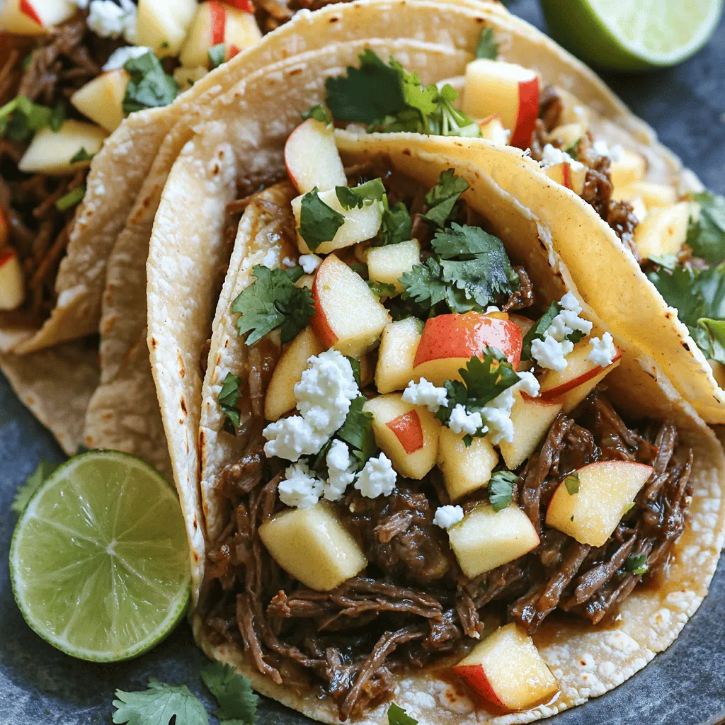 - 2 lbs beef short ribs - 2 cups apple cider - 1 large onion, finely chopped - 4 cloves garlic, minced - 2 teaspoons smoked paprika - 1 teaspoon ground cumin - 1 teaspoon chili powder - 2 tablespoons olive oil - Sea salt and freshly ground black pepper - 12 small corn tortillas - Fresh cilantro, chopped (for garnish) - 1 cup diced apples (for topping) - 1/2 cup crumbled queso fresco (for topping) - Lime wedges (for serving) The beauty of cider braised short rib street tacos lies in the balance of flavors. Each ingredient adds a unique touch. The beef short ribs bring deep, rich meatiness. Apple cider infuses sweetness and acidity, which tenderizes the meat. The onion and garlic create a savory base. Smoked paprika gives warmth and depth. Ground cumin and chili powder add a subtle kick. You’ll want to use fresh ingredients for the best taste. Quality tortillas matter too; they hold the filling well. - Calories per taco: About 200-250 calories, depending on toppings. - Macronutrient breakdown: Each taco has protein from the beef, carbs from the tortillas, and fats from the cheese. Using apple cider not only enhances flavor but also offers a touch of sweetness. It's a clever way to elevate a simple taco. If you want to explore more, check out the Full Recipe for detailed steps and tips. Start by seasoning the beef short ribs well. Use sea salt and freshly ground black pepper. This step is key for flavor. Next, heat olive oil in a heavy pot over medium-high heat. When the oil is hot, carefully add the short ribs. Sear each side for about 3-4 minutes. Browning the meat gives it a deep, rich taste that makes the dish special. After browning, remove the ribs and set them aside. In the same pot, add finely chopped onion and minced garlic. Sauté them for about 5 minutes. Stir occasionally until the onion turns soft and clear. This step builds a strong base for flavor. Now, add smoked paprika, ground cumin, and chili powder. Stir these spices into the onion and garlic mix. Cook for another minute to toast the spices. This brings out their flavors and adds depth to the dish. Now, it's time to deglaze the pot. Carefully pour in the apple cider. Use a wooden spoon to scrape up any tasty bits stuck to the pot. Bring the mixture to a gentle simmer. Return the seared short ribs to the pot. Make sure they are fully covered in the apple cider. Cover the pot with a lid and reduce the heat to low. Let the ribs braise for about 2.5 to 3 hours. Check the tenderness after this time. The meat should be so soft that it easily shreds apart with a fork. After braising, take the short ribs out of the pot and let them cool a bit. Use two forks to shred the meat, discarding any big chunks of fat. While the meat cools, warm a dry skillet over medium heat. Heat the corn tortillas for about 30 seconds on each side. Be careful not to let them get too crispy. Now, take a warm tortilla and add a generous portion of shredded short rib in the center. Top it off with diced apples, crumbled queso fresco, and fresh chopped cilantro. Serve these tacos right away. Add lime wedges for a zesty kick. For the full recipe, check out the details provided earlier. To make your cider braised short ribs perfect, cook them low and slow. Aim for a cooking time of about 2.5 to 3 hours. Keep the heat low to allow the meat to become tender. You will know the ribs are done when they easily shred with a fork. Look for a rich, dark color and a soft texture. Working with tortillas can be fun! Warm them in a dry skillet for about 30 seconds on each side. This makes them soft and easy to fold. Once warmed, add a good amount of shredded short rib to the center. Top with diced apples, crumbled queso fresco, and cilantro. For a nice touch, serve them on a colorful platter. This makes your tacos look as good as they taste. Want to kick up the flavor? Add more spices like cayenne for heat or smoked paprika for depth. You can also swap different apple types to change the sweetness. For a tart kick, use Granny Smith apples. For sweetness, Honeycrisp apples work great! These small changes can bring a new twist to your dish. Check out the Full Recipe for more details. {{image_4}} You can use other meats for these tacos. Pork short ribs work well. They bring a sweet and tender flavor. Chicken is another option. Use thighs for more juiciness. Cook them the same way as beef. This way, you get those deep flavors from the cider and spices. Toppings can change the taco game. Avocado adds creaminess and richness. Fresh salsa gives a bright and zesty kick. If you want heat, try jalapeños. Slice them thin and sprinkle over the meat. This adds a nice layer of spice to your tacos. Pair these tacos with sides for a full meal. Rice is a great choice. It soaks up the juicy cider flavor. Beans are also a good option. They add protein and texture. For drinks, consider a crisp cider or a light beer. These beverages enhance the apple notes in the dish. Enjoy your tacos with the right sides and drinks to elevate your meal. For the full recipe, check out the detailed guide above. After you make these tacos, you might have some leftovers. Store the short rib filling in an airtight container. Make sure it cools down first. This helps keep it fresh. The filling can last up to three days in the fridge. If you have any tacos already made, store them separately. The tortillas can become soggy if packed with the filling. Want to save some for later? You can freeze the short rib filling. Place it in a freezer-safe bag. Squeeze out as much air as you can before sealing. It can stay fresh for up to three months in the freezer. When you're ready to enjoy them again, take out the filling and let it thaw in the fridge overnight. To reheat, place it in a pot over low heat. Stir it often until it warms up. For the tacos, warm the corn tortillas in a skillet for about 30 seconds on each side. This makes them soft and easy to fold. Then, assemble your tacos as before. For the full recipe, refer to the previous section. Enjoy your tasty tacos! You can tell when short ribs are done by checking for tenderness. The meat should easily pull apart with a fork. It should not be tough or chewy. If it falls off the bone with little effort, you’re in good shape. The color should also be rich and dark, showing that it has cooked well. Taste a small piece to make sure it has good flavor. Yes, you can prepare these tacos ahead of time. Cook the short ribs and let them cool. Store the shredded meat in an airtight container in the fridge. You can also warm the tortillas and store them separately. When you’re ready to serve, just reheat everything. This makes it easy for busy days or gatherings. If you don’t have apple cider, you can use apple juice or white wine. Both options will change the flavor a bit. Apple juice adds sweetness, while white wine gives a tangy taste. You could even try using a mix of both for balance. Just make sure to taste as you go to keep the flavor right. Yes, these tacos work great for meal prep. You can cook a large batch of short ribs. Shred the meat and store it in the fridge for up to three days. Portion out the filling and tortillas for easy meals. Just heat the meat and tortillas when you are ready to eat. This saves time and makes meals simple. Small corn tortillas are best for these tacos. They have a nice flavor and texture that pairs well with the short ribs. Corn tortillas are also gluten-free, making them a great choice. Flour tortillas can be softer but may not hold as much filling. If you prefer flour, choose smaller ones to keep the balance. To make these tacos gluten-free, use corn tortillas instead of flour. Check the labels to ensure they are certified gluten-free. You can also look for gluten-free toppings like cheese and sauces. This way, you can enjoy all the flavors without the gluten. Always double-check your ingredients for hidden gluten sources. For the full recipe, refer back to the beginning for all the details! We’ve covered a lot about making delicious beef short rib tacos. You learned the key ingredients, cooking steps, and tips to enhance flavor. Remember, perfecting the braise brings out the best taste in your meat. Feel free to switch up toppings or even use different meats to suit your preferences. These tacos can be made ahead and stored well. Enjoy this tasty dish at your next meal or gathering. Trust me, they will impress everyone at the table!