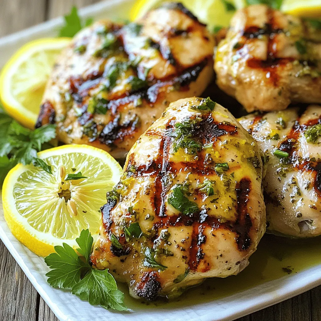 - 4 boneless, skinless chicken breasts - Zest of 2 medium-sized lemons - Juice of 2 medium-sized lemons - 1 tablespoon fresh rosemary, finely chopped - 1 tablespoon fresh thyme, finely chopped - 1 tablespoon fresh parsley, finely chopped - 3 cloves garlic, finely minced - 1/4 cup extra virgin olive oil - Salt and black pepper, to taste - Additional fresh herbs - Lemon wedges When I prepare Lemon Herb Grilled Chicken, I focus on fresh, bright flavors. The chicken breasts are my canvas. They soak up all the zesty goodness from the marinade. The lemon zest gives a vibrant punch. Fresh herbs like rosemary, thyme, and parsley add depth. I love using these ingredients because they make the chicken taste alive. The marinade is simple yet powerful. I mix garlic, olive oil, salt, and black pepper with the lemon zest and juice. This blend creates a rich flavor that seeps into the chicken. I find that marinating the chicken for at least one hour really boosts the taste. If I have time, I let it sit overnight. This is the secret to juicy, flavorful chicken. For the garnishes, I always keep extra herbs and lemon wedges on hand. A sprinkle of herbs adds a pop of color. Lemon wedges give a fresh tang when served. This dish looks stunning on the table and tastes even better. If you want to see the full recipe, check out the Full Recipe section. To start, gather your ingredients for the marinade. In a large mixing bowl, combine the zest and juice of two medium-sized lemons. Add in three cloves of finely minced garlic, along with one tablespoon each of fresh rosemary, thyme, and parsley. These herbs bring a burst of flavor. Next, pour in 1/4 cup of extra virgin olive oil. Sprinkle in some salt and black pepper to taste. Use a whisk to mix everything well, creating a zingy and fragrant marinade. Now, you need to marinate the chicken. Take four boneless, skinless chicken breasts and place them in a resealable plastic bag or a shallow dish. Pour the marinade over the chicken, ensuring each piece is coated. Seal the bag tightly or cover the dish with plastic wrap. It’s best to refrigerate the chicken for at least one hour. For even more flavor, let it marinate overnight. When you are ready to grill, preheat your grill to medium-high heat. If using a charcoal grill, wait until the coals turn glowing red and ashy. After marinating, take the chicken out of the fridge. Remove it from the marinade and let any extra drip off. Discard the leftover marinade to keep things safe. Place the chicken on the grill and cook for about 6-7 minutes on each side. You want the internal temperature to reach 165°F (75°C). This ensures the chicken is safe to eat and juicy. After grilling, let the chicken rest for about 5 minutes. This helps keep it moist. Enjoy your meal! You can find the Full Recipe [here]. For the best taste, marinate your chicken for at least one hour. If you can, let it sit overnight. This gives the flavors time to blend. When grilling, make sure your grill is hot before placing the chicken on it. This helps the chicken cook evenly and gives nice grill marks. After you grill the chicken, let it rest for about five minutes. This step is key. Resting allows the juices to stay inside the chicken. If you skip this, your chicken may dry out. Cover the chicken loosely with foil to keep it warm without steaming. When serving, place the chicken on a nice platter. You can drizzle a bit of olive oil on top for shine. Add some lemon wedges and fresh herbs around the chicken. This makes the dish look fresh and tasty. For a fun twist, serve with a side of colorful veggies for a vibrant meal. For the complete cooking process, check out the Full Recipe. {{image_4}} You can make lemon herb grilled chicken in different ways. - Oven-baked lemon herb chicken: Preheat your oven to 400°F (200°C). Place the marinated chicken on a baking sheet. Bake for about 25-30 minutes or until the chicken reaches 165°F (75°C). This method keeps the chicken juicy and tender. - Air fryer lemon herb chicken: Preheat the air fryer to 375°F (190°C). Place the marinated chicken in the basket. Cook for about 18-20 minutes, flipping halfway. This method gives you a crispy outside while keeping the inside moist. You can tweak the flavor easily. - Adding spices: Try adding cumin or paprika to the marinade. These spices add warmth and depth to the dish. - Using different herbs: Swap out rosemary and thyme for basil or oregano. Each herb brings a unique taste to the chicken, making it your own. Pair your chicken with tasty sides. - Complementary side dishes: Serve with grilled vegetables, rice, or a fresh green salad. These sides balance the meal and add color. - Integrating into salads or wraps: Slice the grilled chicken and add it to salads or wraps. This makes for a quick lunch or dinner, full of flavor. For more details, check out the Full Recipe. After you enjoy your lemon herb grilled chicken, store the leftovers right. Use an airtight container to keep them fresh. This helps avoid any unwanted odors in your fridge. For best taste, eat the leftovers within 3 to 4 days. Always let the chicken cool before sealing it up. You can freeze grilled chicken if you want to save it for later. Wrap each piece in plastic wrap, then place it in a freezer bag. This keeps the chicken from getting freezer burn. It’s best to eat frozen chicken within 3 months. To thaw, move it to the fridge for a night. When you are ready to eat, reheat it gently on the stove or in the oven. To avoid dryness when reheating, do not use high heat. Instead, warm it slowly over low heat. Adding a splash of broth or water helps keep it juicy. You can also use the leftovers in salads or wraps. This way, you enjoy the flavors in a new dish. I recommend marinating lemon herb grilled chicken for at least 1 hour. For the best taste, let it sit overnight. This time allows the chicken to soak up the lemon and herb flavors. The longer you marinate, the more flavorful your chicken will be. Yes, you can! This recipe works well with other meats. Try using turkey, pork, or even fish. Each meat brings its own flavor. Just adjust the cooking time as needed. For instance, fish usually cooks faster than chicken. Pair lemon herb grilled chicken with fresh sides. Great options include: - Roasted vegetables - A light salad with vinaigrette - Quinoa or rice - Grilled corn on the cob These sides enhance the vibrant flavors of the chicken and create a well-rounded meal. Enjoy your feast! In this article, we covered key ingredients for lemon herb grilled chicken, including chicken breasts, lemon, and fresh herbs. I explained how to make the marinade and shared grilling tips for the best flavor. Don’t forget to rest your chicken to keep it moist. Try variations for cooking or seasoning to suit your taste. Whether you grill, bake, or fry, this dish is sure to please. Enjoy your cooking and the great flavors that come with it!
