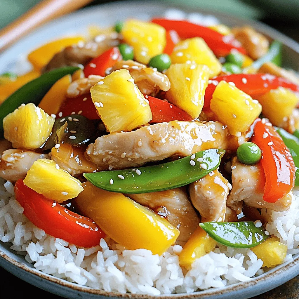 - 1 lb boneless, skinless chicken breast - 1 cup fresh pineapple - Bell pepper (red or yellow) - Snap peas, trimmed - Onion, thinly sliced - Garlic, minced - Fresh ginger, grated - Low sodium soy sauce - Honey or maple syrup (for vegan option) - Cornstarch slurry - Vegetable oil - Sesame oil - Cooked jasmine rice or quinoa - Optional garnishes like green onions and sesame seeds When you make Pineapple Chicken Stir Fry, you want the best ingredients. Start with fresh chicken. I recommend using boneless, skinless chicken breast. This cut cooks fast and stays juicy. Next, grab a cup of fresh pineapple. The sweet and tangy flavor brightens the dish. Choose a ripe pineapple for the best taste. For crunch, add a bell pepper. You can pick red or yellow. Both give a lovely color and flavor. Snap peas add a crisp texture. Make sure to trim them before adding. Onion, garlic, and fresh ginger bring depth. Slice the onion thinly. Mince the garlic finely. Grate the ginger for a strong taste. These aromatics make your stir fry fragrant and delicious. Now, let's talk sauces. Low sodium soy sauce is key. It adds umami without too much salt. Use honey or maple syrup if you want a sweet touch. The cornstarch slurry thickens the sauce. You’ll need vegetable oil for cooking. It has a high smoke point, perfect for stir-frying. Finally, finish your dish with sesame oil for a nutty flavor. For serving, I suggest cooked jasmine rice or quinoa. They soak up the sauce well. Garnish with green onions and sesame seeds for a nice pop. You can find the full recipe for all the steps to bring this dish to life! - First, season the chicken with salt and pepper. - Set it aside for a brief marination. This step adds flavor. - Heat oil in a skillet over medium-high heat. - Stir-fry the chicken until golden brown. This takes about 5-7 minutes. - Sauté the aromatics: onion, garlic, and ginger. - Add bell pepper and snap peas next. Stir them for 3-4 minutes. Keep them crisp! - Reintroduce the cooked chicken back to the skillet. - Add the diced pineapple. Pour in the soy sauce and honey. Mix well for even flavor. - Gradually add the cornstarch slurry into the pan. - Stir continuously until the sauce thickens. This should take about 2 minutes. - For a great presentation, serve in a large bowl. - Spoon the dish over jasmine rice or quinoa. Enjoy your tropical twist! - Garnish with green onions and sesame seeds for extra flair. A lime wedge adds a nice zing! To make a great stir fry, avoid overcrowding the pan. If the pan is too full, food will steam instead of fry. Cook in batches if needed. This keeps everything crispy and flavorful. Keep your vegetables tender-crisp. They should be bright and slightly firm. Stir-fry them quickly over high heat for the best texture. This way, you enjoy the fresh taste of each ingredient. For a nice kick, add chili flakes to your dish. They can spice things up without changing the overall flavor. Start with a small amount, then add more if you like heat. You can also experiment with different vegetables. Try adding broccoli, carrots, or zucchini. Each brings its unique taste. Mixing colors and textures makes your dish even more appealing. Use effective stir-frying methods to get the best results. Heat your pan well before adding oil. A hot pan sears the food, sealing in flavor. High heat is crucial for a successful stir fry. It cooks the food fast, keeping the nutrients intact. This gives you a quick and healthy meal. For the full recipe, check out the Tropical Pineapple Chicken Stir Fry. {{image_4}} You can switch the chicken for shrimp or tofu. Shrimp cooks fast and adds a nice taste. Tofu is great for a vegetarian or vegan meal. Just press and cube it before cooking. Both options keep the dish tasty and fun. Try adding mango or bell peppers for a fresh twist. Mango gives a sweet flavor that pairs well with the pineapple. Bell peppers add crunch and color. You can also use diced apples or peaches to add sweetness. These fruits blend well with the savory sauce. You can adjust the sweetness by adding more or less honey. If you want a different taste, try teriyaki or oyster sauce. These sauces can give a new flavor profile to your dish. Each option makes your Pineapple Chicken Stir Fry unique. For the full recipe, check out the link provided. To keep your pineapple chicken stir fry fresh, store leftovers in airtight containers. This helps lock in flavor and prevent spoilage. I suggest eating leftovers within three to four days for the best taste. You can freeze this dish for meal prep. First, let the stir fry cool completely. Then, transfer it to freezer-safe bags or containers. Label them with the date. This way, you can enjoy it later. To reheat, thaw in the fridge overnight, then heat in a pan over medium heat until warm. Leftover stir fry is very versatile. You can make wraps by adding it to a tortilla with some fresh veggies. Or, toss it on a salad for a refreshing meal. Another fun idea is to mix it into a grain bowl with quinoa or rice. These options can make your leftovers exciting again. For the full recipe, check out the Tropical Pineapple Chicken Stir Fry section. Making Pineapple Chicken Stir Fry is quick and easy. It takes about 10 minutes to prep and 15 minutes to cook. In total, you spend around 25 minutes. This dish is perfect for busy weeknights! Yes, you can! To prep this dish ahead, cook the chicken and veggies. Store them in the fridge for up to two days. When you are ready to eat, just heat it up. Add the pineapple and sauce when reheating to keep everything fresh. Absolutely! To make this dish gluten-free, use tamari instead of soy sauce. Tamari has a similar flavor and works well in this stir fry. Just be sure to check the labels to confirm they are gluten-free. For a complete meal, serve this stir fry over cooked jasmine rice or quinoa. You can also add a side of steamed broccoli or a fresh salad. These sides balance your meal and add more nutrition. Enjoy your tasty creation! This recipe for Pineapple Chicken Stir Fry blends fresh chicken, vibrant veggies, and savory sauce. By marinating the chicken and selecting the right cooking techniques, you ensure a tasty dish. Remember to customize it with your favorite proteins and fruits for variety. Store leftovers for quick meals later, or get creative with wraps and salads. Enjoy your flavorful journey with this easy dish!