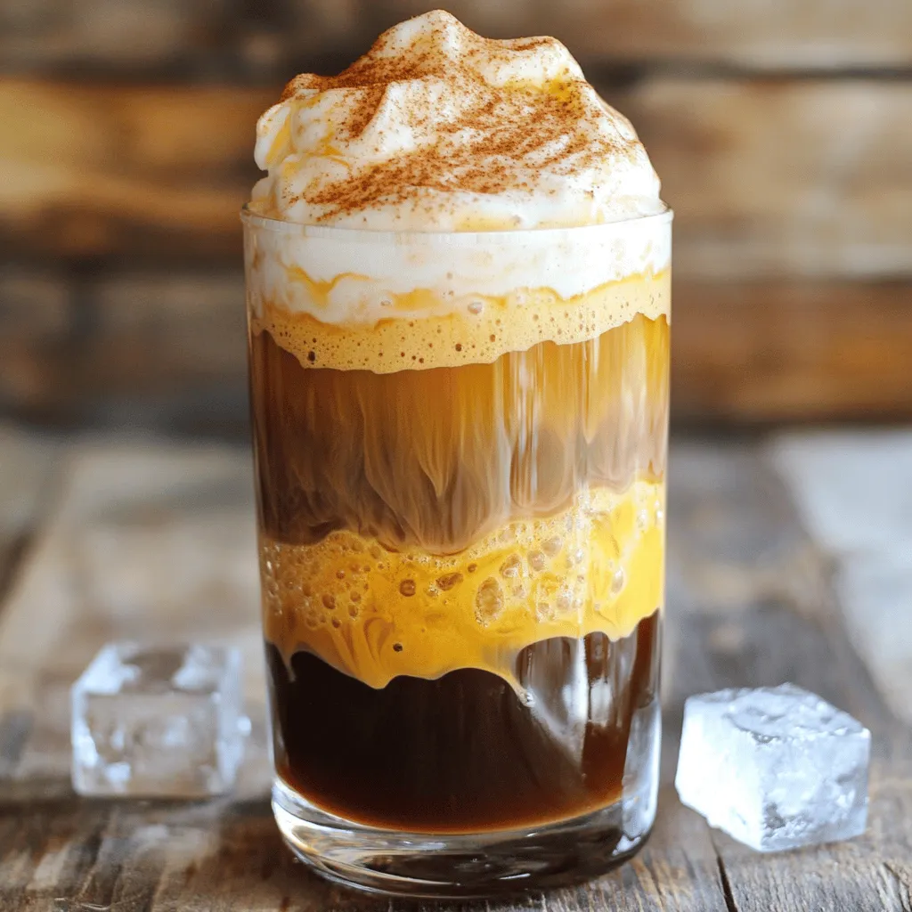 To craft a Pumpkin Spice Cold Foam Float, you need a few key ingredients. Each one plays a special role in making this drink delightful. You can also customize the recipe to fit your taste. - 1 cup freshly brewed cold coffee or cold brew You can use any coffee you love. Dark roasts add bold flavor. - 1/2 cup milk of your choice Pick dairy or non-dairy options like oat or almond milk. Each adds a unique taste. - 1/4 cup heavy cream This gives a rich and creamy texture. For a lighter option, use half-and-half. - 2 tablespoons pure pumpkin puree Pumpkin puree adds the classic flavor. Make sure it’s pure and not sweetened. - 1 tablespoon pure maple syrup This sweetens the drink naturally. You can swap it for honey or agave. - 1 teaspoon pure vanilla extract Vanilla enhances the overall flavor. Use pure for the best taste. - 1/2 teaspoon pumpkin spice blend This spice mix gives warmth. You can add more if you love spice. - Ice cubes Use for chilling the drink. Fresh ice makes it refreshing. - Whipped cream A dollop on top adds extra creaminess. - Extra pumpkin spice for garnish Sprinkle more spice for a pretty finish. - Milk alternatives If lactose intolerant, almond or soy milk works well. - Sweeteners For a sugar-free option, try stevia or erythritol. - Pumpkin puree alternatives If you can’t find pumpkin puree, use butternut squash puree instead. Feel free to mix and match these ingredients to suit your taste. Enjoy creating your perfect Pumpkin Spice Cold Foam Float! To start, brew your favorite coffee. I like using a medium roast for a balanced flavor. Chill the coffee in the fridge until it’s cold. If you're in a hurry, use pre-packaged cold brew coffee instead. This saves time and still tastes great! Once your coffee is ready, fill a tall glass halfway with ice cubes. Pour the cold coffee over the ice, filling the glass about three-quarters full. Now, let's make the foam! In a mixing bowl, combine these ingredients: - 1/2 cup milk of your choice - 1/4 cup heavy cream - 2 tablespoons pure pumpkin puree - 1 tablespoon pure maple syrup - 1 teaspoon pure vanilla extract - 1/2 teaspoon pumpkin spice blend Use a milk frother or a whisk to mix these ingredients. Whisk quickly until the mixture becomes frothy and light. You want it to look like soft whipped cream. This frothy texture gives your drink a fun and creamy feel. Next, we will assemble the float! Gently spoon the pumpkin spice cold foam over the top of your cold coffee. Try to create a distinct layer. This makes the drink look beautiful and gives you a nice texture contrast as you sip. To make it even prettier, sprinkle a dash of pumpkin spice on top of the foam for garnish. If you want to be extra fancy, add a dollop of whipped cream. You can find the full recipe for this delightful treat in the earlier sections. Enjoy this tasty Pumpkin Spice Cold Foam Float right away! To get the best taste from your pumpkin spice cold foam float, choose a good pumpkin spice blend. I recommend using brands that have natural spices without additives. Look for blends that include cinnamon, nutmeg, and ginger. You can also make your own mix at home, which gives you control over the flavors. Balancing sweetness and spice is key. If you find it too sweet, add a pinch of salt. It can help balance the flavor. If you want more spice, add a bit more of your blend. Always taste as you go. Adjusting the flavors to suit your preference makes it special! You don’t need fancy tools to froth milk. You can use a jar with a lid. Just add milk, close the lid, and shake it hard until it foams. Another great method is using a whisk. Whisk quickly in a bowl until you see bubbles and froth. Common mistakes include over-frothing or not frothing enough. If you over-froth, the foam can become too stiff. If you under-froth, it won’t hold its shape. Aim for a light, airy foam. It should float on your coffee nicely. Garnishing can make your drink pop! Try adding a sprinkle of pumpkin spice on top of the foam. A dollop of whipped cream adds a creamy touch. You can also consider using cinnamon sticks for stirring. When it comes to serving vessels, clear glasses work best. They show off the lovely layers. You can decorate your table with small pumpkins or autumn leaves for a seasonal feel. These little touches enhance the overall experience of your float. For the full recipe, check out the details provided earlier. {{image_4}} You can play with flavors in your pumpkin spice cold foam float. Try adding caramel or chocolate for a rich twist. Seasonal fruits, like fresh apples or pears, can add a fun touch. You might also enjoy a hint of mint or even a splash of orange zest for a bright flavor. These small changes can make your drink feel new and exciting every time. For those who want a dairy-free treat, there are many milk choices. Oat milk and almond milk work well in this recipe. Both provide a creamy texture without the dairy. If you want a vegan float, replace the heavy cream with coconut cream. This adds a slight tropical flavor, which can be quite delightful. The coffee you use can change your float’s taste. You can try flavored coffee or espresso for a stronger kick. Light coffee offers a milder flavor, while dark coffee gives a richer taste. Each option has its pros and cons. Light coffee may not stand up to strong flavors, but it can create a delicate balance. Dark coffee pairs well with sweet toppings, making every sip a treat. To keep your leftover pumpkin puree fresh, store it in an airtight container. Seal it tightly and place it in the fridge. Use it within a week for the best taste. You can also freeze it for longer storage. Just scoop it into ice cube trays. Once frozen, pop the cubes into a zip-top bag. This way, you will have ready-to-use portions for future recipes. For opened milk or cream, keep it in its original container. Make sure to close the lid tightly after each use. Store it in the coldest part of your fridge, not in the door. Generally, opened milk lasts about a week. Always check the expiration date and smell before using. You can make the cold coffee ahead of time. Brew your coffee and chill it in the fridge. This saves time when you want to enjoy your float. You can also prepare the pumpkin spice cold foam in advance. Just store it in the fridge in a sealed container. However, do not assemble the float until you are ready to drink it. The foam stays fluffy when fresh. If you mix it too early, it may lose its light texture. Once you make your pumpkin spice cold foam float, enjoy it within a few hours. It tastes best fresh. If you leave it out for more than two hours, it is best to toss it. Look for signs that it has gone bad. If the cold foam separates or smells sour, do not drink it. Always trust your senses. Stay safe and enjoy your tasty treat right away! A Pumpkin Spice Cold Foam Float is a tasty drink made with cold coffee and a frothy pumpkin spice foam. You pour chilled coffee over ice in a tall glass. Then, you add a whipped foam made from milk, pumpkin puree, and spices on top. The layers create a fun drink that looks great and tastes even better. Yes, you can make this drink vegan! Just swap out the milk and cream for non-dairy options. Almond milk, oat milk, or soy milk work well. Instead of heavy cream, use coconut cream or a vegan whipped topping. These options keep the drink creamy and delicious, making it perfect for everyone. You can adjust the sweetness by changing the maple syrup amount. If you like it sweeter, add more syrup. For less sweetness, use less syrup. You can also use sugar substitutes like agave syrup or stevia. These options help you find your perfect sweetness without losing flavor. If you don’t have pumpkin puree, don’t worry! You can use butternut squash puree or sweet potato puree instead. Flavored syrups, like caramel or vanilla, can add a nice twist. A few drops of vanilla or almond extract can also work well. These options keep your drink exciting and unique. This blog post covered everything you need to make a delicious Pumpkin Spice Cold Foam Float. We explored ingredients, detailed each step, and shared tips to enhance flavor and presentation. Remember, customization is key to making it your own. Experiment with different spices, milk types, or coffee bases. Don't rush the frothing to achieve a creamy texture. By following these steps and tips, you can create a drink that warms your spirit. Enjoy making this seasonal delight!
