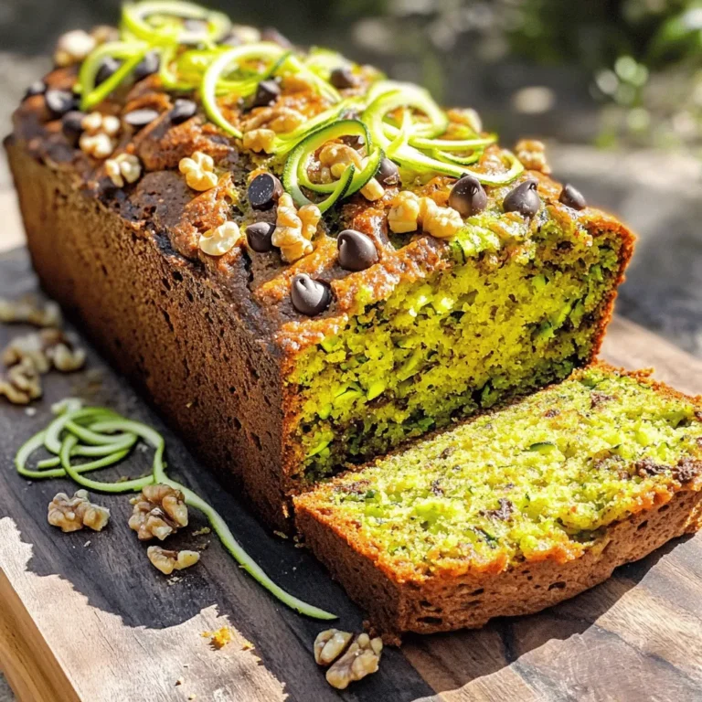 - 2 medium zucchinis, grated - 1 cup granulated sugar - 1/2 cup packed brown sugar - 3 large eggs - 1/2 cup vegetable oil - 1 teaspoon pure vanilla extract - 2 cups all-purpose flour - 1 teaspoon baking soda - 1/2 teaspoon baking powder - 1 teaspoon ground cinnamon - 1/4 teaspoon ground nutmeg - 1/2 teaspoon salt - 1 cup chopped walnuts (optional) - 1/2 cup chocolate chips (optional) I love using fresh zucchinis for this recipe because they add moisture. Grating them makes the bread soft and tasty. The mix of granulated and brown sugar gives a rich flavor. If you want a lighter bread, use less sugar. You will need some eggs for binding. Vegetable oil keeps the bread moist and tender. Vanilla extract adds depth to the flavor. Combine the dry ingredients like flour, baking soda, and spices. Ground cinnamon and nutmeg bring warmth. Adding salt boosts all the flavors. Feel free to add walnuts or chocolate chips to make the bread even more delightful. You can adjust the amount based on your taste. - Mixing bowls - Loaf pan - Whisk - Spatula - Grater Gather your kitchen tools before starting. Mixing bowls help keep things tidy. A loaf pan is essential for shaping the bread. A whisk will blend the wet ingredients well. A spatula is perfect for mixing and pouring. Don't forget a grater for the zucchinis! Check out the Full Recipe for a detailed list and cooking tips! - Preheat the Oven: Start by preheating your oven to 350°F (175°C). This step is key for even baking. Prepare a 9x5 inch loaf pan by greasing it or lining it with parchment paper. This makes for easy removal later. - Prepare the Zucchini Mixture: In a large mixing bowl, combine 2 medium zucchinis, grated, with 1 cup of granulated sugar and 1/2 cup of packed brown sugar. Mix well. Let this sit for about 10 minutes. This helps bring out the zucchini’s moisture, making your bread moist and tasty. - Combine Eggs, Oil, and Vanilla: In a separate bowl, whisk together 3 large eggs, 1/2 cup of vegetable oil, and 1 teaspoon of pure vanilla extract. Blend until smooth. This creates a rich flavor base for your bread. - Sift and Mix Dry Ingredients: In another bowl, sift together 2 cups of all-purpose flour, 1 teaspoon of baking soda, 1/2 teaspoon of baking powder, 1 teaspoon of ground cinnamon, 1/4 teaspoon of ground nutmeg, and 1/2 teaspoon of salt. Sifting ensures even distribution of the leavening agents and spices for a fluffy texture. - Combine Wet and Dry Mixtures: Gradually add the dry ingredients to the zucchini mixture. Stir gently with a spatula or wooden spoon until just combined. Avoid overmixing; this keeps your zucchini bread light and fluffy. - Transfer to Pan and Bake: If you want, fold in 1 cup of chopped walnuts and/or 1/2 cup of chocolate chips at this stage. Pour the batter into the prepared loaf pan. Smooth the top with a spatula and sprinkle some extra walnuts or chocolate chips on top. Place the loaf pan in the preheated oven and bake for 50-60 minutes. Check with a toothpick; it should come out clean with a few moist crumbs. Proper Zucchini Preparation Start with fresh zucchinis. Wash them well and grate them using a box grater. I often leave the skin on for added texture and nutrients. After grating, place the zucchini in a clean towel. Squeeze out excess moisture gently. This step is key to avoid a soggy bread. Avoid Overmixing Mix your batter gently. Overmixing can make your bread tough. Once you combine wet and dry ingredients, stop stirring as soon as you see no dry flour. This keeps your zucchini bread light and airy. Oven Calibration Always check your oven's temperature. An oven thermometer can help ensure accuracy. If your oven runs hot or cold, adjust the baking time. This way, your bread bakes evenly. Toothpick Test Use a toothpick to check doneness. Insert it into the center of the bread. If it comes out clean or with a few moist crumbs, your bread is ready. This simple test helps guarantee perfect results. Best Serving Practices Slice your zucchini bread while it is still warm. This makes for a soft, easy cut. Serve it with a pat of butter or cream cheese on top. Ideal Pairings Pair your zucchini bread with coffee or tea for a delightful snack. You could also enjoy it with a side of fresh fruit. This adds color and flavor to your meal. For more ideas, check the Full Recipe for creative serving suggestions. {{image_4}} Substituting Sugar with Natural Sweeteners You can swap out granulated sugar for natural sweeteners. Options like honey or maple syrup work well. These sweeteners add a unique flavor. Use about 3/4 cup of honey for 1 cup of sugar. Remember, honey makes the bread more moist, so reduce the liquid slightly. Using Whole Wheat Flour Whole wheat flour is a great choice for a healthier bread. It adds fiber and nutrients. You can use half whole wheat and half all-purpose flour for a nice balance. This change gives a deeper, nuttier taste to your zucchini bread. Adding Spices like Ginger or Cloves Spices can take your zucchini bread to the next level. A teaspoon of ground ginger or cloves adds warmth and depth. You can mix and match spices to find your favorite flavor combo. Just a little can make a big difference. Incorporating Dried Fruits Dried fruits like raisins or cranberries add sweetness and texture. Fold in about 1/2 cup of your favorite dried fruit. This twist gives the bread a fun surprise in each bite. Creative Toppings and Spreads Top your warm bread with cream cheese or a sprinkle of nuts. A light spread of butter can enhance the flavor too. You might try a drizzle of honey on top for extra sweetness. These toppings make every slice special. Decorative Serving Tips Serve your zucchini bread on a colorful platter. Adding fresh herbs or thin zucchini ribbons can make it pretty. A simple touch can turn a delicious loaf into an eye-catching centerpiece. To keep your zucchini bread fresh, you can store it at room temperature or in the fridge. If you plan to eat it within a couple of days, wrap it in plastic wrap or foil. This keeps the bread moist. For longer storage, place it in the refrigerator. This helps it stay fresh up to a week. Freezing is a great way to save zucchini bread for later. Here are the best practices: - Wrap it Well: Once cooled, wrap the bread tightly in plastic wrap. Then, place it in a freezer bag. This prevents freezer burn. - Label and Date: Always label your bread with the date. It helps you know when to use it. Thawing Instructions: To thaw, remove the bread from the freezer. Keep it wrapped and let it sit in the fridge overnight. If you need it fast, you can leave it out at room temperature for about two hours. The shelf life of zucchini bread depends on storage. At room temperature, it lasts about 3-4 days. In the fridge, it stays fresh for up to a week. If frozen, you can keep it for 2-3 months. Enjoy your delicious zucchini bread for as long as possible! For the full recipe, check out the Ultimate Zucchini Delight Bread. Sogginess often comes from too much moisture. Here are common causes: - Overripe Zucchini: Use firm zucchinis for the best texture. - Not Draining Zucchini: After grating, let the zucchini sit. Squeeze out excess water. - Too Many Wet Ingredients: Follow the recipe closely. Balance is key. Yes, you can use yellow squash! It works well in this recipe. Yellow squash has a similar texture and taste. You may not notice a big difference. Experiment with both to find your favorite. Check for these signs of proper baking: - Toothpick Test: Insert a toothpick into the center. If it comes out clean or with a few crumbs, it's done. - Golden Brown Top: The top should look golden. A darker crust means it's likely ready. - Spring Back: Gently press the top. If it springs back, your bread is likely cooked. Yes, you can make this recipe vegan! Try these substitutions: - Eggs: Use flax eggs or applesauce. One flax egg equals 1 tablespoon of ground flaxseed mixed with 2.5 tablespoons of water. - Oil: Replace vegetable oil with melted coconut oil or applesauce. - Sugar: Ensure your sugar is vegan-friendly. Most granulated sugars work well. Making mini loaves is easy! Here’s how: - Use Mini Loaf Pans: Adjust the size of your pans to fit. - Baking Time: Bake for about 25-30 minutes. Check for doneness with the toothpick test. - Watch Closely: Mini loaves bake faster, so keep an eye on them. This blog post covered the recipe and tips for making perfect zucchini bread. You learned about the key ingredients, kitchen tools, and step-by-step baking instructions. We discussed how to keep it moist and some variations to try. Lastly, I shared storage tips to keep your bread fresh. Remember, with a little care, your zucchini bread can impress everyone. Enjoy your baking journey and experiment with new flavors!