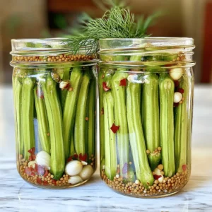 - 1 pound fresh okra, trimmed - 1 cup distilled white vinegar - 1 cup water - 2 tablespoons granulated sugar - 1 tablespoon kosher salt - 4 cloves garlic, peeled and smashed - 1 teaspoon mustard seeds - 1 teaspoon coriander seeds - 1 teaspoon red pepper flakes - 2 sprigs fresh dill - Prep Time: 15 minutes - Total Time: 40 minutes - Servings: 2 pint jars To make quick pickled okra, you need fresh ingredients. Start with one pound of fresh okra. Make sure the okra is trimmed but whole. This will help the flavor soak in better. You will also need a cup of distilled white vinegar and a cup of water. These liquids create the brine. Add two tablespoons of granulated sugar and one tablespoon of kosher salt to the brine. The sugar gives a slight sweetness, while the salt enhances the flavor. Don't skip the garlic! Use four cloves, peeled and smashed. The garlic adds a rich taste. You will also need mustard seeds, coriander seeds, and red pepper flakes. Each spice brings its unique flavor to the mix. Finally, grab two sprigs of fresh dill. Dill adds a fresh and earthy flavor that rounds out the pickles. You can make two pint jars with this recipe, which is perfect for sharing or enjoying over time. The prep time is just 15 minutes, and the total time is 40 minutes. You can dive into this flavorful experience with ease! For the full recipe, check out the Zesty Quick Pickled Okra 🥒. - Whisk together vinegar, water, sugar, and salt. - Heat until the mixture simmers. Start by grabbing a medium saucepan. Measure out 1 cup of distilled white vinegar, 1 cup of water, 2 tablespoons of granulated sugar, and 1 tablespoon of kosher salt. Now, whisk these ingredients together until they blend well. Put the saucepan on medium heat. Watch closely as the mixture heats. You want it to simmer, not boil. Stir continuously until the sugar and salt dissolve completely. This will take just a few minutes. Once done, take it off the heat and let it cool for about 10 minutes. - Trim tops and leave okra whole. - Radically cut down on bitterness. Next, let’s prep the okra. You’ll need 1 pound of fresh okra. Trim the tops off each pod, but keep the okra whole. Leaving them whole helps the flavor soak in better. It also cuts down on the bitterness that okra can sometimes have. This step is key for a tasty pickle! - Distribute spices in jars. - Pack okra and pour pickling liquid. - Seal and cool jars. Now, it’s time to pack everything into jars. Grab two clean pint-sized glass jars. Start by evenly dividing 4 smashed garlic cloves, 1 teaspoon of mustard seeds, 1 teaspoon of coriander seeds, and 1 teaspoon of red pepper flakes between the jars. Next, carefully pack the trimmed okra into the jars, standing them up for a nice look. Once you fill them, pour the warm pickling liquid over the okra. Make sure to cover them fully, but leave about half an inch of space at the top. Finally, seal the jars tightly with their lids and let them cool down to room temperature. This should take around 20-30 minutes. For the best flavor, let the okra sit in the fridge for at least 24 hours. But if you can wait, 3-5 days will give you even more flavor! Check out the Full Recipe for more details. To get the best flavor from your quick pickled okra, let it sit for at least 24 hours. This time allows the brine to soak into the okra. The longer you wait, the better they taste. For a deeper flavor, try to wait 3 to 5 days. This way, the spices will really shine and make each bite even more delicious. When serving pickled okra, think about how it looks. Place them in a nice dish or add them to a charcuterie board for color and flair. They can also be a fun addition to sandwiches, giving a nice crunch and tang. Toss them into salads for a zesty kick. The bright green color will make any plate pop and impress your guests. For more details, check out the Full Recipe for the perfect quick pickled okra! {{image_4}} You can spice up your pickled okra in fun ways. Adding jalapeños or other hot peppers gives a fiery kick. Slice the peppers and toss them into your jars before adding the okra. You can also adjust the red pepper flakes. Want more heat? Just add a bit more! Prefer it mild? Use less. Herbs can change the flavor of your pickled okra. Try using fresh thyme or oregano. These herbs add a nice twist. You can also swap out distilled white vinegar for apple cider vinegar. This swap adds a sweeter, tangy taste that surprises the palate. How sweet do you like your pickles? You can adjust the sugar levels to fit your taste. If you want sweeter okra, add more sugar. If you prefer savory, cut back. You can also experiment with spices like cumin or black pepper. These can bring out new flavors in your okra. For the full recipe, check out the Zesty Quick Pickled Okra. To keep your pickled okra fresh, store it in clean glass jars. Make sure to seal the jars tightly after filling them. Place the jars in the fridge right away. The pickled okra will stay good for about 2 to 3 weeks. Over time, the flavor will grow stronger, so enjoy them while fresh! You should not freeze pickled okra. Freezing can change its texture and make it mushy. The pickling brine does not freeze well either. If you want to save some, try to use it within the fridge's shelf life. If you must freeze it, pack it in airtight containers. When you're ready to eat, thaw it in the fridge overnight. Always check for spoilage before eating pickled okra. Look for any signs of mold or an off smell. If the okra feels slimy or has changed color, discard it. Safety is key! If you’re unsure, it’s best to throw it out. Remember to keep your pickles refrigerated and check them regularly for freshness. Pickling okra takes about 24 hours for basic flavor. However, for the best taste, wait 3 to 5 days. During this time, the okra absorbs the vinegar and spices. This makes it more flavorful and tangy. The longer you wait, the better the taste. You can use frozen okra, but it may change the texture. Freezing breaks down the cell walls. This can make the okra softer after pickling. If you want crunch, fresh okra is best. Frozen okra works in a pinch but may not be as crisp. Leftover pickling liquid is a treasure! Use it in salad dressings for extra flavor. You can also marinate meats or vegetables. It adds a pleasant tang to many dishes. Don't waste it; get creative with how you use it! Pickled okra has some health benefits. It is low in calories and high in fiber. The vinegar may help with digestion and blood sugar control. However, too much salt can be a concern. Enjoy it in moderation for a tasty, healthy treat! You can create delicious pickled okra at home using simple ingredients. We covered the best steps, from preparing the pickling liquid to storing your jars. Remember, letting the okra sit for a few days enhances its flavor. Feel free to experiment with spices and heat levels for a personal touch. Proper storage ensures freshness and safety. With these tips, you’ll enjoy a tasty treat that perks up any meal. Happy pickling!