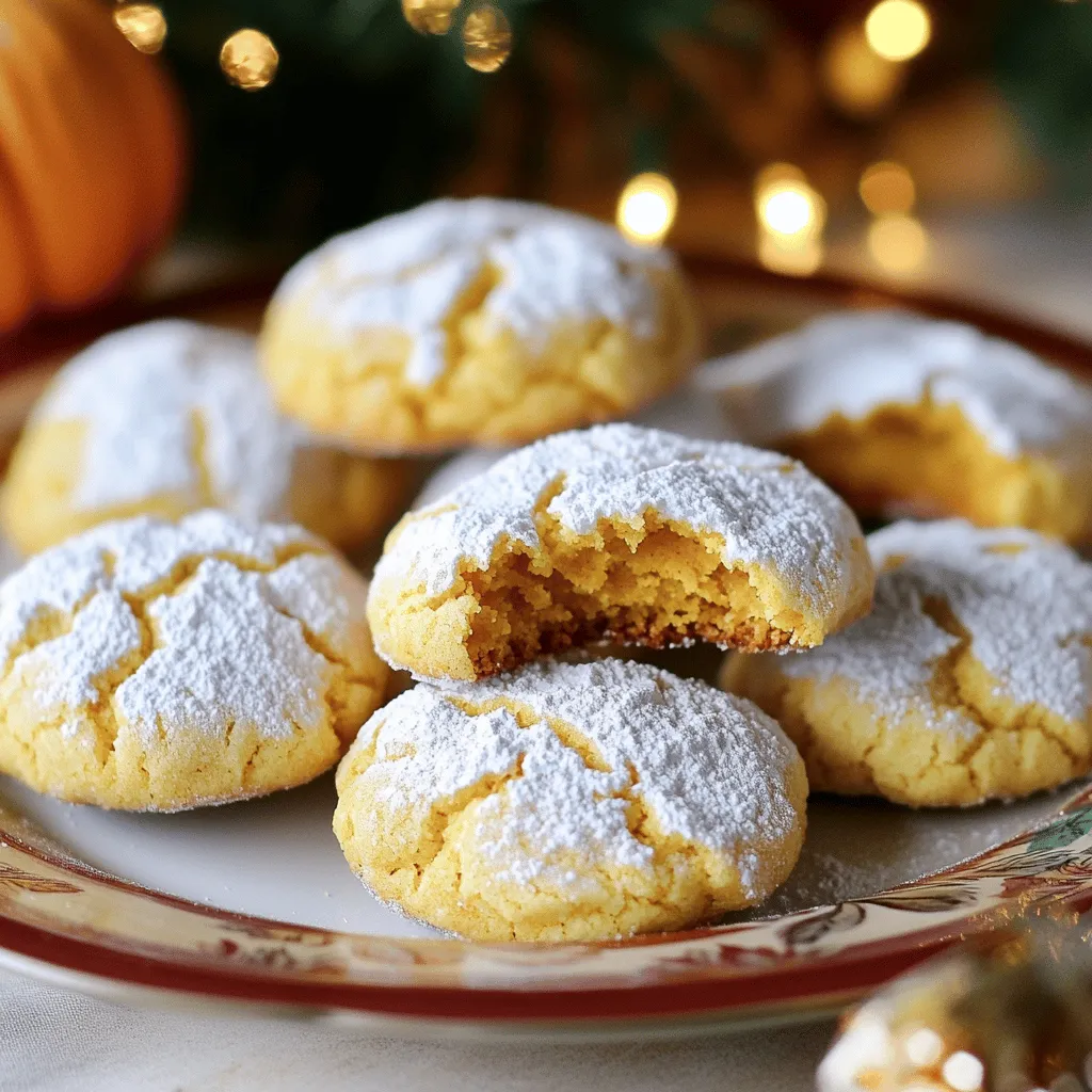- 1 cup pure pumpkin puree - 1/2 cup vegetable oil - 1 cup packed brown sugar - 1/2 cup granulated sugar - 1 large egg - 1 teaspoon pure vanilla extract - 2 cups all-purpose flour - 2 teaspoons baking powder - 1 teaspoon ground cinnamon - 1/2 teaspoon ground nutmeg - 1/4 teaspoon ground ginger - 1/4 teaspoon fine sea salt - 1/2 cup powdered sugar, for dusting These ingredients create a soft, chewy cookie. The pumpkin puree brings moisture. The spices give a warm flavor that reminds us of fall. - 1/2 cup chopped pecans or walnuts - 1/2 cup chocolate chips - 1/2 teaspoon ground cloves - 1/2 teaspoon vanilla bean paste Feel free to mix in chopped nuts for crunch. Chocolate chips can add a sweet twist. Using ground cloves adds more spice depth. - Large mixing bowl - Whisk or electric mixer - Measuring cups and spoons - Parchment paper - Baking sheet - Wire rack Having the right tools makes baking easier. A good whisk helps mix the wet ingredients well. Parchment paper prevents sticking and makes cleanup simple. For the full recipe, check the original details. Start by gathering all your ingredients. You need: - 1 cup pure pumpkin puree - 1/2 cup vegetable oil - 1 cup packed brown sugar - 1/2 cup granulated sugar - 1 large egg - 1 teaspoon pure vanilla extract - 2 cups all-purpose flour - 2 teaspoons baking powder - 1 teaspoon ground cinnamon - 1/2 teaspoon ground nutmeg - 1/4 teaspoon ground ginger - 1/4 teaspoon fine sea salt - 1/2 cup powdered sugar, for dusting Make sure everything is at room temperature. This helps your dough mix well. In a big bowl, add the pumpkin puree and vegetable oil. Use a whisk or an electric mixer. Mix until smooth and creamy. Next, add the brown sugar and granulated sugar. Beat the mixture well. Once it's uniform, crack in the egg and pour in the vanilla extract. Mix until combined, scraping the sides as you go. In another bowl, whisk together the flour, baking powder, and spices. This ensures even flavor. Gradually add the dry mix to the wet mix. Stir gently with a spatula. Be careful not to overmix; your dough should feel slightly sticky. Cover the bowl with plastic wrap. Chill the dough in the fridge for at least 30 minutes. This step helps the cookies keep their shape while baking. When ready, preheat your oven to 350°F (175°C). Line a baking sheet with parchment paper. After chilling, scoop out dough with a tablespoon. Roll it into balls using your hands. Now, roll each ball in powdered sugar until fully coated. Place them on the baking sheet, leaving space between them. Bake for 10-12 minutes. The edges should set, but the centers must stay soft. Let them cool on the baking sheet for about 5 minutes. Then, move them to a wire rack. Enjoy these delightful treats! Don't forget to check out the Full Recipe for more tips. To get the best texture for your Pumpkin Pie Crinkle Cookies, focus on the dough. Chill the dough for at least 30 minutes. This step helps the cookies keep their shape. When mixing the wet and dry ingredients, stir gently. Overmixing makes the cookies tough. Aim for a slightly sticky dough; this will lead to soft, chewy cookies. One common mistake is not chilling the dough. Skipping this step can lead to flat cookies. Another error is not measuring ingredients correctly. Too much flour can make the cookies dry. Always use the spoon and level method for flour. This means spooning flour into the measuring cup and leveling it off with a knife. Accurate measurements make a big difference. For dry ingredients, like flour, use a spoon to scoop it into your measuring cup. Then, level it with a knife. For sticky ingredients, like pumpkin puree, use a liquid measuring cup. Make sure to fill it to the right line. This ensures you have the right amount in your recipe. Following these tips will help you bake perfect cookies every time. For the full recipe, check out the detailed instructions above. {{image_4}} You can make gluten-free pumpkin pie crinkle cookies easily. Replace all-purpose flour with a gluten-free blend. Look for a mix that includes xanthan gum. This will help the cookies hold their shape. The texture will still be soft and chewy, just like the classic version. To create vegan pumpkin pie crinkle cookies, swap the egg for a flax egg. To make this, mix one tablespoon of flaxseed meal with three tablespoons of water. Let it sit for five minutes to thicken. Use a plant-based oil instead of vegetable oil. Coconut oil works great, but make sure it's melted. These changes keep the cookies tasty and animal-friendly. You can boost the flavor of your pumpkin pie crinkle cookies with fun add-ins. Try adding chocolate chips or chopped nuts like walnuts or pecans. A touch of maple syrup can bring a new layer of sweetness. For extra spice, consider adding a dash of allspice or cloves. Each option brings a new twist to this fall favorite. For the full recipe, check the earlier section. Enjoy experimenting with these variations! To keep your Pumpkin Pie Crinkle Cookies fresh, place them in an airtight container. Use wax paper between layers to avoid sticking. Store the container at room temperature. If you have many cookies, use a larger container. This keeps them soft and tasty for days. You can freeze these cookies for later enjoyment. Let them cool completely before freezing. Place the cookies in a single layer on a baking sheet. Freeze for about an hour, then transfer them to a zip-top bag. Remove as much air as possible. Frozen cookies can last for up to three months. These cookies stay fresh for about five days at room temperature. If you want them to last longer, freezing is best. Always check for any signs of moisture or mold before eating. For the best taste, thaw cookies overnight in the fridge before enjoying them again. Check out the Full Recipe for more tips! Pumpkin Pie Crinkle Cookies get their chewy texture from a few key factors. First, the pumpkin puree adds moisture, which keeps the cookies soft. Next, the combination of sugars helps create that perfect chewiness. Using brown sugar instead of all granulated sugar adds more moisture and flavor. Finally, chilling the dough before baking helps the cookies hold their shape and keeps them chewy inside. When you take a bite, you’ll enjoy a soft center with slightly crisp edges. Yes, you can use fresh pumpkin! However, it is important to prepare it correctly. Start by roasting or steaming the pumpkin until it is soft. Once cooked, blend it until smooth. Make sure to drain any excess liquid. Fresh pumpkin may have more water than canned, so it can change your cookie’s texture a bit. If you use fresh, keep an eye on the dough consistency. If it feels too wet, add a little more flour until it’s just right. To know when your cookies are done, look for the edges. They should be set and slightly firm. The centers will still look a bit soft and may appear slightly shiny. Don’t worry; they will firm up as they cool. If you press gently on the center, it should bounce back a little. Set a timer for 10 to 12 minutes. If you want to be sure, you can check one cookie and see how it looks. Trust your instincts! Once you try them, you’ll know when they’re just right. You learned how to make Pumpkin Pie Crinkle Cookies from scratch. We explored the key ingredients, equipment, and step-by-step instructions to guide you. I shared tips for the best texture and common mistakes to avoid. You also discovered tasty variations and how to store your cookies properly. Enjoy baking and savor the delicious results. These cookies will impress friends and family!