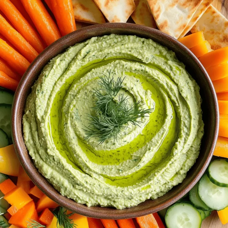 To make the creamy base of our Avocado Dill Hummus, you will need: - 1 ripe avocado - 1 cup canned chickpeas, thoroughly drained and rinsed - 2 tablespoons tahini - 2 tablespoons fresh dill, finely chopped - 2 tablespoons freshly squeezed lemon juice - 2 cloves garlic, finely minced - 2 tablespoons extra virgin olive oil (plus extra for drizzling) - Salt and freshly ground black pepper, to taste - 1 teaspoon ground cumin These ingredients blend together to create a rich and smooth hummus. The avocado adds creaminess, while the dill brings a fresh flavor. For a more vibrant hummus board, consider adding: - Assorted crudités, such as carrot sticks, cucumber slices, and bell pepper strips - Pita bread, cut into triangles These options not only add color but also provide a delightful crunch. They serve as perfect dippers for our hummus. To elevate your hummus board, try these garnishes: - Whole dill sprigs for a touch of green - A drizzle of extra virgin olive oil for shine These garnishes make your dish look more inviting and appetizing. You can follow the full recipe to see how to best arrange everything for a stunning display. First, grab a ripe avocado and cut it in half. Remove the pit and scoop the flesh into your food processor. Next, add one cup of drained and rinsed chickpeas, two tablespoons of tahini, and two tablespoons of fresh lemon juice. Don't forget the two cloves of minced garlic and two tablespoons of extra virgin olive oil. For flavor, add one teaspoon of ground cumin. Now, secure the lid and blend until the mixture is smooth and creamy. If needed, pause to scrape down the sides. This helps mix everything evenly. Once it’s nice and smooth, add the finely chopped dill. Season with salt and freshly ground black pepper to taste. Pulse a few times to mix in the dill without over-blending it. To get that dreamy texture, make sure your chickpeas are well-drained. If the hummus feels too thick, add a little water or olive oil, one teaspoon at a time, while blending. This helps you control the creaminess. If you prefer a chunkier hummus, blend less. Just pulse a few times before serving. Once your hummus is ready, use a spatula to transfer it into a decorative serving bowl. Create a swirl on top with the back of a spoon for a nice look. Drizzle extra olive oil over the hummus and garnish with whole dill sprigs. Now, let’s arrange the board! Use a large wooden board or rustic platter. Place the hummus bowl in the center. Artfully arrange assorted crudités like carrot sticks, cucumber slices, and bell pepper strips around the bowl. Add pita bread triangles for a tasty dipper. This colorful display makes for a fun and inviting treat. For the full recipe, check out the details provided above. Enjoy your fresh and flavorful Avocado Dill Hummus Board! When serving your Avocado Dill Hummus Board, think bright and fresh. Use colorful veggies like carrots, cucumbers, and bell peppers. These add a fun crunch. Pita bread triangles are perfect for dipping. They give a nice chewy texture. You can even add some olives or cherry tomatoes for extra flair. Aim for a mix of colors and shapes to make it pop. Presentation makes your hummus board look inviting. Use a large wooden board or a rustic platter. Place the hummus in the center. Create a small swirl on top for style. Drizzle some olive oil around the edges. Add whole dill sprigs for color. Arrange the veggie sticks and pita around the bowl in a circular pattern. This setup is perfect for sharing and looks great on the table. To boost the flavor, think about what spices you can add. A sprinkle of smoked paprika can add warmth. You might try a pinch of cayenne for a kick. Fresh herbs like parsley or chives can also brighten the taste. Experiment to find what you love. Adding zest from lemon can lift the flavors too. Each small change can make your hummus board truly special. Don't forget to check the [Full Recipe] for more tips and ingredient ideas! {{image_4}} You can change up the avocado dill hummus by swapping some ingredients. Instead of chickpeas, try white beans for a creamier texture. You can also use sunflower seeds instead of tahini. They add a nutty flavor and are great for nut-free diets. For a spicy kick, mix in some diced jalapeños or cayenne pepper. This adds a fun twist to your classic hummus. Hummus can take on flavors from many global cuisines. For a Mediterranean vibe, add olives, feta, and roasted red peppers. An Italian touch can come from basil, sun-dried tomatoes, and a drizzle of balsamic glaze. You can create a Mexican-themed board with corn chips, salsa, and avocado slices. Each culture brings a unique taste that enhances the hummus experience. Seasonal ingredients can elevate your avocado dill hummus board. In spring, consider adding fresh peas or asparagus for crunch. Summer is perfect for ripe tomatoes and cucumbers, which bring brightness. In fall, roasted butternut squash or sweet potatoes add warmth and color. Winter calls for hearty veggies like carrots and kale for a vibrant touch. This keeps your board fresh and exciting throughout the year. For the full recipe, check out the Avocado Dill Hummus Board 🥑. After you enjoy your hummus board, you may have some leftovers. To store leftover hummus, use an airtight container. This keeps air out and helps it stay fresh. Make sure to press plastic wrap against the hummus if you don't have a container. This extra step keeps it from drying out. To keep your ingredients fresh, store them properly. For the avocado, wrap it tightly in plastic wrap to prevent browning. Store chopped veggies in a sealed container with a damp paper towel. This helps maintain their crunch. Keep pita bread in a sealed bag at room temperature. This way, it stays soft and tasty. Hummus can last about 3 to 5 days in the fridge. Always check for off smells or changes in texture. If it looks or smells strange, it’s best to throw it away. Enjoy your hummus within this time frame for the best taste. To serve Avocado Dill Hummus, place it in a bowl at the center of your board. Surround it with colorful dippers. Use fresh veggies like carrot sticks, cucumber slices, and bell pepper strips. Pita bread cut into triangles makes a great addition too. This setup invites everyone to dig in and enjoy. A splash of olive oil on top adds shine and flavor. Yes, you can make Avocado Dill Hummus ahead of time. Prepare the hummus a day or two before your event. Store it in an airtight container in the fridge. To keep it fresh, add a thin layer of olive oil on top. This helps prevent browning. When ready to serve, give it a quick stir. Absolutely! Healthy dippers are key to a tasty hummus board. Here are some great options: - Fresh carrot sticks - Cucumber slices - Bell pepper strips - Cherry tomatoes - Radishes - Celery sticks - Whole grain crackers These choices add crunch and color. They pair well with the creamy hummus. This recipe is already vegan-friendly. It uses plant-based ingredients like chickpeas and avocado. To ensure it stays vegan, use tahini and check the pita bread. Some pita brands may use dairy. By sticking to plant-based items, you enjoy a creamy, flavorful dish without any animal products. Avocado Dill Hummus is easy to make and fun to serve. You learned about key ingredients, preparation steps, and tips for the perfect board. Try different flavors and fresh ingredients to make it your own. Remember to store leftovers correctly for later enjoyment. This hummus will impress your guests and become a favorite. Get creative, and enjoy every bite!