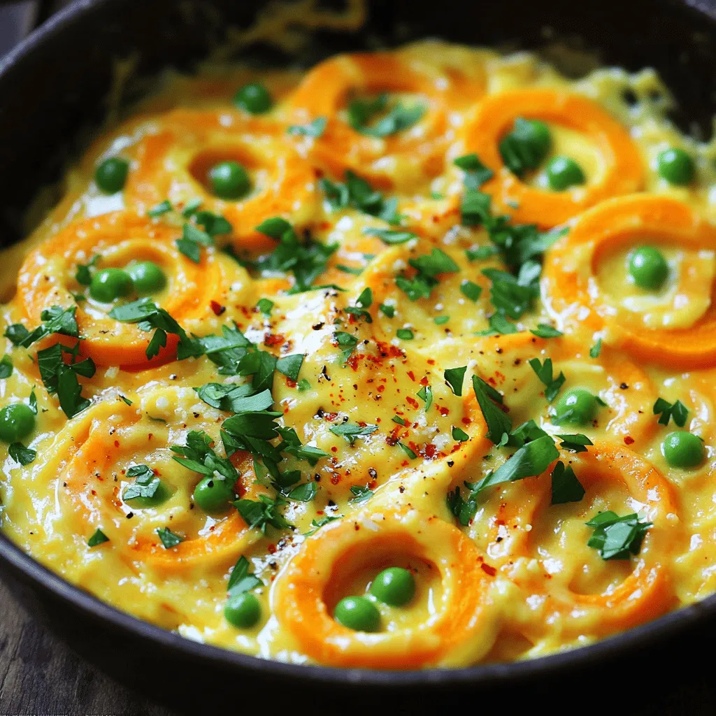 To create a delightful Spiralized Sweet Potato Carbonara, gather the following ingredients: - 2 medium sweet potatoes, spiralized - 2 large eggs - 1/2 cup grated Parmesan cheese (or nutritional yeast for a vegan option) - 1/2 cup peas (fresh or frozen) - 2 cloves garlic, minced - 1 tablespoon olive oil - Salt and pepper to taste - Fresh parsley, chopped (for garnish) - Red chili flakes (optional, for heat) These ingredients come together to form a creamy and satisfying dish. Sweet potatoes provide a naturally sweet base, while eggs and cheese create a rich sauce. Garlic adds depth, and peas bring a pop of color and flavor. You can choose between real cheese or a vegan option, depending on your needs. Each ingredient plays an important role in this recipe, ensuring you get a tasty and balanced meal. For the full recipe, check the details provided. How to spiralize sweet potatoes To start, grab your spiralizer or mandoline slicer. Cut the ends off the sweet potatoes first. Then, secure the sweet potato in the spiralizer. Twist until you create long, curly noodles. This fun shape adds a great touch to your dish. Letting the noodles rest After spiralizing, place the noodles in a bowl. Sprinkle a pinch of salt over them. Let the noodles rest for about 10 minutes. This step is key. It helps draw out extra moisture, making the noodles perfect for cooking. Whisking eggs and cheese While the noodles rest, let’s make the sauce. In a medium bowl, crack the eggs. Add grated Parmesan cheese to the bowl. Whisk them together until smooth. Sprinkle in a bit of salt and pepper. Set this mixture aside while you cook the noodles. Combining ingredients Once the sweet potato noodles are ready, we’ll combine everything. Make sure the egg and cheese mixture is ready to go when the noodles finish cooking. Sautéing garlic and sweet potatoes In a large skillet, heat olive oil over medium heat. Add minced garlic and sauté for 1 to 2 minutes. Stir often until the garlic smells good but does not brown. It’s important to keep the garlic light to avoid any bitter taste. Adding peas and integrating the sauce After the sweet potatoes have rested, drain them. Add the noodles to the skillet with the garlic. Sauté the noodles for about 5 to 7 minutes. They should soften but still have a slight bite. Then, stir in the peas and cook for another 2 minutes. Adjusting seasoning Remove the skillet from the heat. Let it cool for about a minute. Slowly pour in the egg and cheese mixture. Stir quickly to coat the noodles. The heat will cook the eggs, creating a creamy sauce. Finally, taste your dish. Add more salt, pepper, or chili flakes for heat if you like. Toss everything together well. Now, your Spiralized Sweet Potato Carbonara is ready to enjoy! To get the best texture, let the sweet potatoes rest after spiralizing. This step draws out moisture. You want the noodles to be firm and not soggy. It takes about 10 minutes. This makes a big difference in how they cook later. For al dente noodles, cook them for about 5 to 7 minutes. You want them to be soft but still a bit chewy. This gives the dish a nice bite and makes it more enjoyable. You can easily customize your carbonara to fit your taste. Adding extra vegetables is a great way to enhance the dish. Try bell peppers, spinach, or zucchini for added color and nutrition. You can also add cooked chicken or bacon if you want more protein. Adjusting for dietary preferences is simple, too. If you want a vegan option, use nutritional yeast instead of Parmesan. You can also skip the eggs and make a creamy sauce with blended tofu or cashews. This way, everyone can enjoy this tasty meal! {{image_4}} You can make a vegan version of this dish by substituting the eggs and cheese. Instead of using eggs, blend silken tofu with a bit of lemon juice. This gives you a creamy texture without animal products. For cheese, use nutritional yeast. This adds a cheesy flavor and is great for vegans. - Substituting eggs and cheese: Use silken tofu and nutritional yeast. - Adding nutritional yeast: It enhances flavor and makes it creamy. To take your carbonara to the next level, think about adding some spice. Red chili flakes can give it a nice kick. You can also add fresh herbs for garnish. This not only adds flavor but also makes your dish look appealing. - Spicing it up with red chili flakes: Adds heat and depth. - Additional herbs for garnish: Fresh parsley or basil can brighten the dish. To keep your Spiralized Sweet Potato Carbonara fresh, use an airtight container. This helps prevent moisture loss and keeps the dish tasty. Store it in the fridge for up to three days. When you want to enjoy it again, reheat it gently. Place the carbonara in a skillet over low heat. Stir often to stop it from sticking. This method helps maintain the creamy texture. You can freeze your carbonara for later meals. First, let it cool completely. Then, portion it into freezer-safe bags or containers. Squeeze out the air before sealing. This helps prevent freezer burn. You can freeze it for up to three months. When you're ready to eat, thaw it in the fridge overnight. After it’s thawed, reheat it in a skillet over low heat. Stir in a splash of water or broth if it looks dry. This will help bring back its creamy consistency. Enjoy your delicious meal anytime! Yes, you can use regular potatoes. But the flavor and texture will change. Sweet potatoes have a natural sweetness that regular potatoes lack. This dish will taste less sweet and more earthy. The texture will also be different. Sweet potatoes are creamier and softer when cooked. Regular potatoes tend to be firmer. For the best results, I recommend sticking with sweet potatoes for this recipe. To make this dish gluten-free, you need to check the ingredients. The sweet potatoes already make it gluten-free. However, ensure your Parmesan cheese is gluten-free. Most cheeses are, but it’s always good to read the label. If you want a vegan option, use nutritional yeast instead. This way, you can enjoy a rich flavor without gluten. Yes, you can prep this dish ahead of time. Spiralize the sweet potatoes and store them in the fridge. Keep them in an airtight container. They will stay fresh for a few days. You can also prepare the carbonara sauce in advance. Just mix the eggs and cheese, then store it separately. When you are ready to cook, combine everything. This makes it easy to enjoy a quick meal on busy nights. This blog post covered how to make a healthy and tasty sweet potato carbonara. We discussed the main ingredients, preparation methods, and cooking steps. You learned tips for texture and ways to customize the dish. We also explored vegan options and storage methods for leftovers. Now, you have all the tools to enjoy this delicious meal. Get creative with flavors and enjoy your cooking journey!