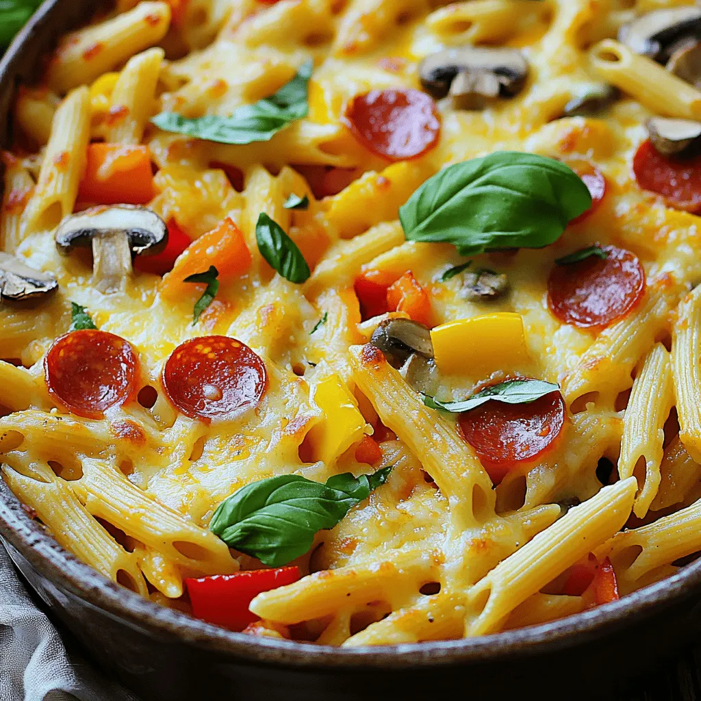 - 2 cups cooked pasta (penne or rotini) - 1 cup marinara sauce - 1 cup pizza sauce - 1 cup mozzarella cheese, shredded - 1 cup pepperoni slices - 1/2 cup bell peppers, diced - 1/2 cup mushrooms, sliced - 1/4 cup black olives, sliced - 1 teaspoon dried oregano - 1 teaspoon garlic powder - Salt and pepper to taste - Fresh basil leaves for garnish (optional) To create a tasty pizza pasta bake, you need simple but flavorful ingredients. Start with 2 cups of cooked pasta. I like using penne or rotini. They hold sauce well and give great texture. Then, grab 1 cup each of marinara and pizza sauce. These add a rich, tangy flavor to the dish. Cheese is vital, so don't skip the 1 cup of shredded mozzarella. It melts beautifully and gives that gooey, cheesy texture we all love. For that classic pizza taste, use 1 cup of pepperoni slices. You can also add veggies like 1/2 cup of diced bell peppers and 1/2 cup of sliced mushrooms. They not only add color but also a fresh taste. Don't forget the 1/4 cup of black olives for a salty kick. Season with 1 teaspoon of dried oregano and 1 teaspoon of garlic powder. A little salt and pepper will enhance all the flavors. If you want a pop of green, add fresh basil leaves as a garnish when serving. Gather these items and get ready to make a delightful meal that your family will love. For the full recipe, check out the details above. - Preheat oven to 350°F (175°C). - Grease the baking dish. Start by preheating your oven to 350°F (175°C). This sets the stage for a warm, bubbly dish. Next, grab your baking dish and lightly grease it. This step helps the pasta bake come out easily after cooking. - Combine cooked pasta with marinara and pizza sauce. - Fold in cheese, meats, and veggies. In a large bowl, mix 2 cups of cooked pasta with 1 cup of marinara sauce and 1 cup of pizza sauce. Use a spatula to stir it well. The pasta should be coated in sauce. Now, add 1 cup of shredded mozzarella cheese, 1 cup of pepperoni slices, 1/2 cup of diced bell peppers, 1/2 cup of sliced mushrooms, and 1/4 cup of sliced black olives. Sprinkle in 1 teaspoon each of dried oregano and garlic powder. Add salt and pepper to taste. Gently fold everything together until it's evenly mixed. - Pour mixture into the baking dish and add cheese topping. - Cover with foil and bake for 25 minutes, then uncover and bake additional 10-15 minutes. Now, pour your pasta mixture into the greased baking dish. Spread it out evenly. For a cheesy topping, add a bit more mozzarella cheese on top. If you want, place some extra pepperoni slices on the surface for fun. Cover the dish with aluminum foil to keep it moist while baking. Place it in the preheated oven and bake for 25 minutes. After that, carefully remove the foil. Bake for another 10 to 15 minutes until the cheese is melted and golden. Once it’s done, let it cool for a few minutes. This makes it easier to serve and lets the flavors mix. Enjoy your Easy Pizza Pasta Bake! - Cover your dish with foil. This keeps moisture in while baking. - Watch the dish closely. You want perfect melting and browning. - Add extra herbs or spices. This gives your bake more flavor. - Feel free to swap ingredients. Use what you like best. - Pair your pasta bake with a fresh salad. Garlic bread also makes a great side. - For a nice look, add fresh basil on top. It adds color and flavor. Make sure to check out the Full Recipe for more details! {{image_4}} You can easily change up your Easy Pizza Pasta Bake. Start by using different pasta types or shapes. Spiraled fusilli or bow-tie pasta can add fun. Each shape holds sauce differently. Next, think about your toppings. Want a twist? Try BBQ sauce instead of marinara. You can also swap out meats. Use chicken or turkey instead of pepperoni for a lighter dish. If you want a vegetarian version, you have great options. Replace pepperoni with mushrooms, bell peppers, or zucchini. These veggies add flavor and color. You can also use plant-based cheese alternatives. They melt well and keep the dish creamy. This version is just as tasty and suits many diets. For a gluten-free option, you can still enjoy this dish. Use gluten-free pasta and sauces. Many brands offer great flavors that work well. Just check the labels to ensure they fit your needs. This way, everyone can enjoy a slice of comfort without worry. For the full recipe, check out the complete guide. After enjoying your pizza pasta bake, let it cool completely. This step helps keep the texture nice. Once cool, transfer it to airtight containers. These containers keep your dish fresh and tasty for later. To reheat, I suggest using the oven. This method gives the best texture and keeps the cheese melty. Preheat your oven to 350°F (175°C) and place the pasta in a baking dish. Cover it with foil to avoid drying out. Heat for about 15-20 minutes. If you need a quick fix, you can use a microwave. Just place a portion in a microwave-safe dish and heat in short bursts. Stir in between to ensure even heating. You can freeze this dish before or after baking. If freezing before baking, cover the dish tightly with foil. If you freeze after baking, let it cool first. Use freezer-safe containers and label them clearly with the date. This way, you won’t forget what’s inside! Yes, you can prep this dish ahead of time. Just prepare everything and store it in the fridge. This makes it easy to bake later. The flavors will blend nicely, making your dish even better. To add some heat, include red pepper flakes. You can also use spicy sausage. Both options will kick up the flavor. Adjust the spice level to your taste. I recommend using penne or rotini. These shapes hold sauce well and add a nice bite. They make every forkful packed with flavor. This recipe combines pasta, sauces, cheese, and toppings for a tasty dish. You learned the key ingredients, kitchen tools, and how to bake it perfectly. Remember to experiment with flavors and variations. You can even make it vegetarian or gluten-free. Store leftovers properly for later enjoyment. This is a fun meal, great for any get-together. Try it out and make it your own! Happy cooking!