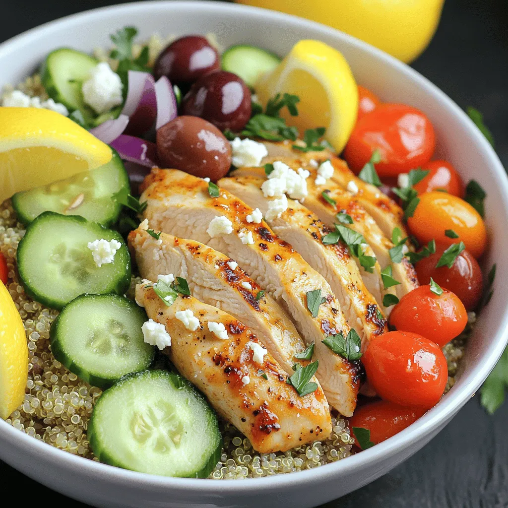 - 1 pound boneless, skinless chicken breasts - 1 cup quinoa - Fresh vegetables like cucumber and cherry tomatoes - 2 tablespoons extra virgin olive oil - 2 teaspoons dried oregano - 1 teaspoon garlic powder - Salt and pepper to taste - 1/2 cup feta cheese, crumbled - 1 cup Kalamata olives, pitted and halved - Juice of 1 fresh lemon - 1/4 cup fresh parsley, chopped Greek chicken bowls are colorful and tasty. The main ingredients create a hearty base. I love using boneless, skinless chicken breasts for their lean protein. Quinoa adds a nutty flavor and is packed with nutrients. Fresh vegetables like cucumber and tomatoes add crunch and color. For the marinade, I mix olive oil, dried oregano, garlic powder, salt, and pepper. This combination gives the chicken a lovely flavor. Marinating the chicken makes it juicy and tender, perfect for grilling. When it comes to toppings, feta cheese and Kalamata olives are a must. They bring a salty kick that pairs well with the chicken. Fresh lemon juice adds brightness. I sprinkle parsley on top for a fresh finish. You can find the full recipe in the previous section. Enjoy making this healthy meal! First, I prepare the marinade. In a medium bowl, I whisk together two tablespoons of extra virgin olive oil, two teaspoons of dried oregano, one teaspoon of garlic powder, and a good pinch of salt and pepper. This mix smells amazing! Next, I add one pound of boneless, skinless chicken breasts. I turn the chicken to coat it well with the marinade. For the best flavor, I cover it and let it marinate. I leave it at room temperature for at least 30 minutes or refrigerate it for up to two hours. Now, it’s time to cook the quinoa! In a medium saucepan, I bring two cups of vegetable broth to a boil. Using broth adds a great flavor to the quinoa. Once boiling, I add one cup of rinsed quinoa. I stir the quinoa in and reduce the heat to low. I cover the pot and let it simmer for about 15 minutes. When the liquid is absorbed, I take it off the heat and fluff the quinoa with a fork. Next, I preheat the grill to medium heat. I take the chicken out of the marinade and place it on the grill. I cook each breast for about 6 to 7 minutes on each side. I check that the internal temperature hits 165°F (75°C). Once done, I transfer the chicken to a cutting board. I let it rest for five minutes before slicing it into thin strips. It’s assembly time! In four serving bowls, I layer the cooked quinoa as the base. I then add the grilled chicken slices. Next, I top the bowls with diced cucumber, halved cherry tomatoes, sliced red onion, Kalamata olives, and crumbled feta cheese. For a lovely finish, I drizzle each bowl with fresh lemon juice. If I want, I add a splash of red wine vinegar. I love to sprinkle chopped parsley on top for a burst of color and flavor. - Presentation Tips: I serve each bowl with a lemon wedge and a sprig of fresh parsley. For a creamy touch, I sometimes add a scoop of tzatziki sauce on top or on the side. This makes the dish even better! For the complete list of ingredients and steps, check out the Full Recipe. To ensure your chicken is cooked through, use a meat thermometer. Cook until the internal temperature reaches 165°F (75°C). This step keeps your meal safe and juicy. After grilling, let the chicken rest for 5 minutes. This lets the juices settle. For perfect quinoa, rinse it thoroughly before cooking. This removes the bitter coating called saponin. When it’s done, fluff it with a fork. This makes it light and airy. Preparing ingredients in advance saves time during the week. Chop vegetables like cucumber and red onion ahead of time. Store them in airtight containers in the fridge. This keeps them fresh and crisp. To store leftovers, keep each component separate. Use glass containers for easy reheating. Properly stored, leftovers can last up to three days. Enhance your bowls with extra toppings. Try adding sliced avocado or roasted red peppers for more flavor. Fresh herbs like dill or mint can also brighten up the dish. When serving, add a wedge of lemon on the side. This gives a fresh kick. A scoop of tzatziki sauce makes a creamy addition that complements the chicken well. For a fun twist, serve with pita chips for crunch. For the full recipe, check out the Mediterranean Chicken Quinoa Bowls. {{image_4}} You can make Greek chicken bowls vegetarian by using chickpeas or tofu. Both options add protein and texture. Chickpeas have a nutty flavor, while tofu absorbs sauces well. Season them with dried oregano and garlic powder to match the chicken's taste. This way, you keep the flavor profile close to the original. You can also add a bit of smoked paprika for more depth. If you want to switch things up, try couscous or rice instead of quinoa. Couscous cooks quickly and has a light texture. Rice can add a heartier feel to your bowl. You can explore different grains like farro or bulgur for more variety. Each grain has its unique taste and can change the bowl's overall texture. Incorporate seasonal vegetables for freshness. In spring, use asparagus or peas; in summer, add bell peppers or zucchini. Adjust your dressings based on what's available, too. A light lemon vinaigrette works well with summer veggies. In winter, a richer dressing can enhance root vegetables like carrots or beets. By using seasonal ingredients, you create a bowl that's fresh and vibrant all year long. For the full recipe, check out the Mediterranean Chicken Quinoa Bowls. Store any leftovers in an airtight container. Make sure the chicken and quinoa cool down first. They will stay fresh for about three to four days. Always check for any odd smells before eating. If it smells off, throw it away. You can freeze the chicken and quinoa separately. Place them in freezer-safe bags or containers. Make sure to label them with dates. The chicken can last up to three months in the freezer. Quinoa will stay good for about two months. To thaw, move the chicken and quinoa to the fridge a day before you want to eat. For quick results, use the microwave on low power. Heat until warm, then enjoy your tasty Greek chicken bowls again. Yes, you can prepare these bowls ahead of time. Meal prep makes weeknight dinners easy. Cook the chicken and quinoa in advance. Store them in separate containers in the fridge. This way, they stay fresh for up to four days. When you are ready to eat, just reheat the chicken and quinoa. Then, assemble your bowls with fresh veggies and toppings. This keeps everything crisp and tasty. If you prefer something other than quinoa, there are great options. You can use brown rice, farro, or couscous. Each grain brings its own flavor and texture. For a low-carb option, consider cauliflower rice. It cooks quickly and soaks up flavors well. Just make sure to adjust cooking times. These alternatives can make your Greek chicken bowls unique. To make Greek chicken bowls gluten-free, choose gluten-free grains. Quinoa is already gluten-free. If you substitute, use gluten-free rice or gluten-free couscous. Double-check any packaged ingredients. Always look for gluten-free labels on items like feta cheese and olives. This ensures you enjoy a safe and tasty meal. Serve your Greek chicken bowls with refreshing sides. A simple Greek salad pairs well. You can also offer tzatziki sauce for dipping. For drinks, try sparkling water with lemon or a light white wine. These choices complement the flavors of your meal. They add a nice touch to your dining experience. This article covered how to make Greek chicken bowls with tasty ingredients. You learned about marinating chicken, cooking quinoa, and assembling your dish. I shared tips for meal prep and tasty variations too. Now, you can create your own bowls with fresh flavors and healthy options. Enjoy experimenting with the toppings, bases, and ingredients. These bowls make great meals for any day. Make them your own for a fun and delicious experience!