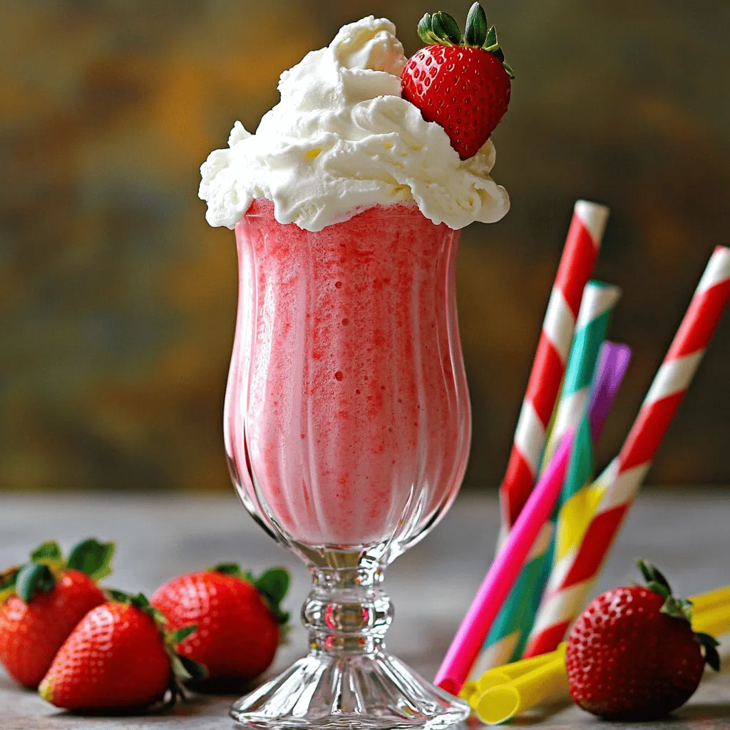 You need ripe, fresh strawberries for the best flavor. Aim for about 2 cups of strawberries. Make sure to hull and slice them before blending. This helps them mix well. Choose strawberries that are bright red and fragrant. They should feel firm but slightly soft to the touch. For a creamy texture, use about 2 cups of vanilla ice cream. You can pick regular or dairy-free options. If you want a lighter treat, consider frozen yogurt. This can give you a similar taste with less fat. Vanilla ice cream adds richness, while strawberry ice cream boosts the berry flavor. Milk adds smoothness to your milkshake. Use 1 cup of whole milk for a classic taste. If you prefer dairy-free, almond milk works great too. It has a nutty flavor that pairs well with strawberries. You can also try oat milk or coconut milk for a different twist. Each option creates a unique taste, making your milkshake special. Remember, you can find the Full Recipe at the beginning of this section. To start, wash your fresh strawberries under cool water. Remove the green tops, called hulls, and slice the berries into small pieces. This makes it easier to blend them later. Fresh strawberries give your milkshake the best flavor. If you can, choose ripe ones for a sweeter taste. Now it's time to blend! In a high-speed blender, add the sliced strawberries, creamy vanilla ice cream, whole milk, honey, and pure vanilla extract. Blend these ingredients on high until the mix is smooth and creamy. Stop the blender a few times to scrape down the sides. This ensures everything gets mixed well and no chunks remain. Want your milkshake thicker? Add another scoop of ice cream. For a thinner shake, pour in a bit more milk. Blend again until you reach the texture you love. Always taste your shake. If you want it sweeter, add more honey or agave syrup. When it’s perfect, pour the milkshake into tall glasses. Top each with whipped cream and a fresh strawberry for a lovely look. Enjoy this delightful treat! To make the best strawberry milkshake, start with fresh, ripe strawberries. Look for berries that are bright red and firm. Avoid any that are mushy or have dark spots. If you can, pick them in the morning when they are most flavorful. If you can’t find fresh ones, frozen strawberries also work well. Just make sure to thaw them first for easy blending. You need a few basic tools to whip up your milkshake. A high-speed blender is key for a smooth drink. It helps blend the ice cream and strawberries evenly. Use tall glasses to serve your milkshake, making it look extra inviting. A straw is a fun touch, too! If you want to add whipped cream, have a spatula or spoon handy to help. Sweetness can make or break your milkshake. When mixing, taste as you go. Start with the honey or agave syrup. You can always add more if needed. If you find it too sweet, add a splash of milk to balance it out. Remember, everyone's taste is different. Make it just right for you! For the best results, follow the Full Recipe to ensure a delightful treat. {{image_4}} You can easily make a vegan strawberry milkshake. Just swap regular ice cream for a plant-based option. Use almond milk or coconut milk instead of whole milk. This change keeps it creamy while being dairy-free. For sweetness, try maple syrup instead of honey. Blend it just like the original recipe, and enjoy a cool treat. To make a healthier version, use Greek yogurt instead of ice cream. This choice adds protein and cuts down on sugar. You can also use unsweetened almond milk to lower calories. Fresh strawberries add fiber and vitamins. If you want sweetness, use ripe bananas instead of syrup. This will give you a creamy taste without extra sugar. You can get creative with flavors! Try adding a scoop of peanut butter for a nutty twist. Mixing in a bit of cocoa powder makes a chocolate-strawberry delight. For a tropical vibe, blend in some mango or pineapple. Each mix gives a new taste and fun look. Experiment and find your favorite combo. The full recipe offers a classic base to start your journey. If you have extra milkshake, store it in a sealed container. This keeps it fresh. Place the container in the fridge. It will stay good for up to 24 hours. When you want to enjoy it again, give it a little stir. You may need to add a splash of milk to bring it back to life. You can freeze the leftover strawberry milkshake. Pour it into ice cube trays first. Once frozen, store the cubes in a zip-top bag. This way, you can use them later in smoothies or shakes. Strawberries can also be frozen. Wash, hull, and slice them before freezing. Place them in a single layer on a baking sheet. Once frozen, transfer them to a bag. This keeps them fresh for up to six months. To thaw your frozen milkshake cubes, place them in the fridge overnight. If you're in a hurry, use a microwave. Heat in short bursts, checking often. You want it cold and creamy, not hot. For thawed strawberries, just let them sit at room temperature. They will be ready for use in no time. To make a strawberry milkshake thicker, add more ice cream. Ice cream gives it a rich, creamy texture. You can also blend in some frozen strawberries. They will chill the shake and add thickness. If you want to adjust it later, add more liquid slowly. Yes, you can use frozen strawberries. They work great in milkshakes. Frozen berries add chill and thickness without needing ice. This also keeps your shake smooth. Just remember to blend longer to break them down well. Serve a strawberry milkshake in tall, chilled glasses. This makes it look fancy and keeps it cold. Top it with whipped cream for a fun touch. You can also add fresh strawberries on the rim for decoration. Use colorful straws to make it more inviting. For the full recipe, check out the complete instructions above. You now have the tools to make a great strawberry milkshake. We explored fresh strawberries, various ice cream options, and milk alternatives. Follow the simple steps to prepare and blend your ingredients. Remember the tips for choosing quality strawberries and adjusting sweetness to your taste. Get creative with variations like vegan or healthy options. Store any leftovers properly and enjoy them later. Making a delicious milkshake is easy and rewarding. Dive in and enjoy your yummy creation!