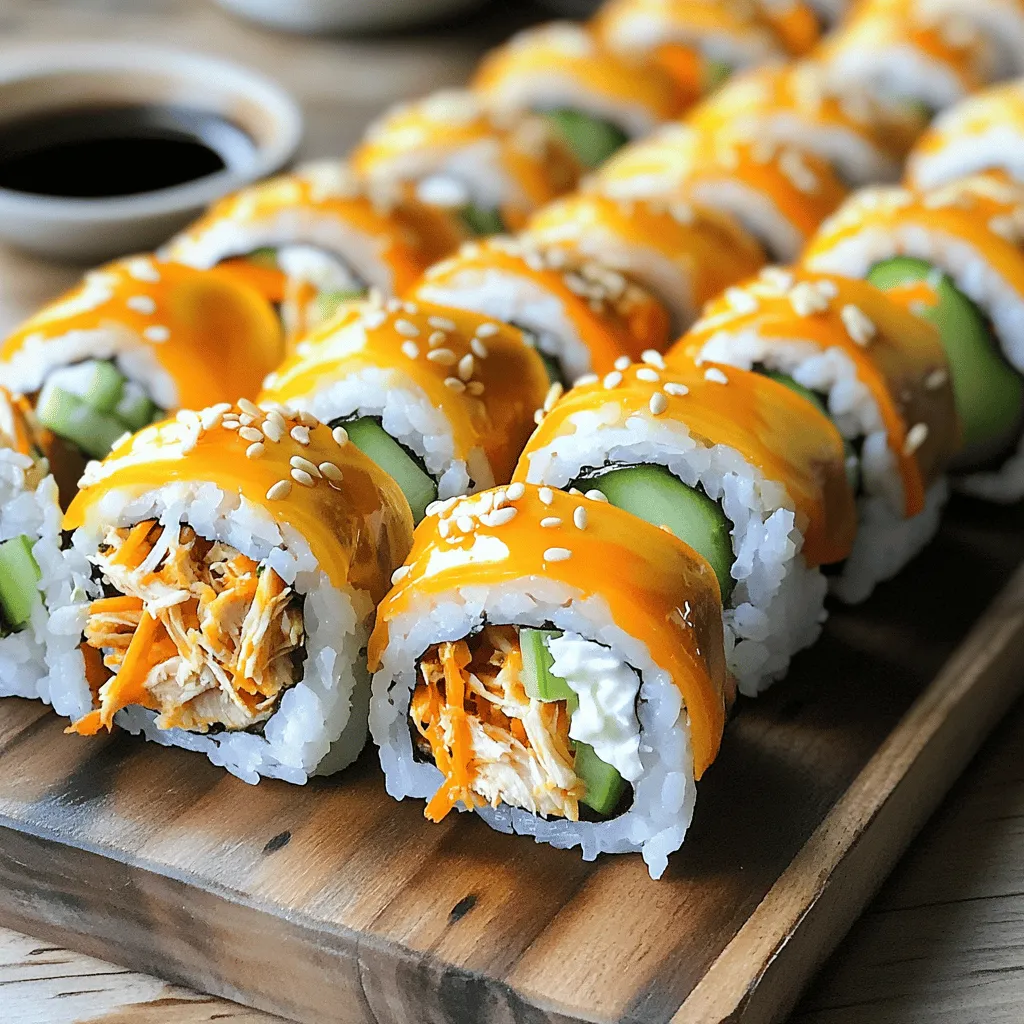 - 2 cups cooked sushi rice - 1 lb grilled chicken breast, shredded - 1/2 cup buffalo sauce - 1/2 cup cream cheese, softened - 1/4 cup green onions, thinly sliced - 1/2 cup shredded carrots - 1 large cucumber, cut into thin strips - 4 sheets of nori (seaweed) - Sesame seeds for garnish - Soy sauce for serving The star of this dish is the sushi rice. You need to cook it just right. It should be sticky but not too wet. After cooking, let it cool for about 10-15 minutes. This cooling time helps you handle the rice without burning your hands. Next, the grilled chicken shines in this recipe. Shredding it makes it mix well with the buffalo sauce. You can use any leftover chicken you have, too. Just make sure to mix it well with the sauce. You want every piece coated. Buffalo sauce adds heat and flavor. Adjust it based on how spicy you like your food. Remember, you can always add more but can’t take it away. Cream cheese brings a nice creaminess to these rolls. It balances the heat from the buffalo sauce. Make sure it's softened to mix easily with the chicken. The green onions, carrots, and cucumber add crunch and color. You can slice the green onions very thin to mix in well. The carrots and cucumbers should be cut into strips. This will make them easy to roll. Lastly, the nori holds everything together. When you roll it, the nori helps wrap the sushi tightly. Sesame seeds can add a nice touch when you serve your rolls with soy sauce. Check out the Full Recipe for more details on how to bring all these flavors together into delicious Tailgate Buffalo Chicken Sushi Rolls! To start, cook 2 cups of sushi rice according to the package directions. Once it's done, let the rice cool for about 10 to 15 minutes. You want it warm but not hot. This cooling step makes it easier to handle when rolling. Next, grab a large mixing bowl. Combine 1 pound of shredded grilled chicken with 1/2 cup of buffalo sauce. Mix it well until the chicken is fully coated. If you like it hotter, add more buffalo sauce. Adjust the spice to fit your taste. Now, it’s time to assemble! Place a bamboo sushi mat on a clean surface. Lay down one sheet of nori with the shiny side facing down. With wet hands, take about 1 cup of cooled sushi rice and spread it evenly over the nori. Leave a 1-inch border at the top. In the center of the rice, layer the buffalo chicken mixture, a dollop of cream cheese, sliced green onions, shredded carrots, and cucumber strips. Start rolling from the bottom edge of the mat. Gently tuck the filling in as you roll. Keep light pressure to contain the filling. Roll until you reach the edge of the nori without rice. To seal the roll, moisten the uncovered edge of the nori with a bit of water. Press gently to secure it. Using a sharp, wet knife, slice the roll into 6 to 8 pieces. Wipe the knife with a damp cloth between cuts. This keeps the edges clean and neat. Arrange the sushi rolls on a platter. Sprinkle sesame seeds on top for extra flavor and crunch. Serve with soy sauce for dipping. Enjoy your Tailgate Buffalo Chicken Sushi Rolls! For more details, check the Full Recipe. How to prevent sushi rice from sticking: To keep your sushi rice from sticking, rinse it well. This removes extra starch. Use cold water until the water runs clear. After cooking, let the rice cool slightly. Wet your hands before handling the rice. This helps you avoid sticky fingers. Ensuring rolls stay tight and sealed: When rolling, start with the edge closest to you. Tuck the filling in as you roll. Apply light pressure, but not too hard. Use a small amount of water on the edge of the nori to seal it. This makes for a neat, tight roll. Using additional toppings or sauces: You can add more flavor with toppings. Try drizzling extra buffalo sauce on top. You can also use ranch or blue cheese dressing for a nice twist. Fresh herbs like cilantro or parsley can brighten the dish. Suggestions for complementary side dishes: Serve your sushi rolls with crunchy veggie sticks. Carrots, celery, or bell peppers work well. A light salad with a tangy dressing pairs nicely too. You can also include chips or pretzels for some crunch. Best ways to serve at tailgating events: For tailgating, cut the rolls into bite-sized pieces. Place them on a large platter for easy access. You can use colorful toothpicks to make them fun. Keep soy sauce in small cups for dipping. Pairing with drinks or other appetizers: These rolls go well with cold drinks. Try pairing them with light beers or sparkling water. You can also serve them with other snacks like wings or sliders. This makes for a fun, tasty tailgate spread. {{image_4}} You can switch up the protein in your sushi rolls for a new twist. Consider using smoked chicken or rotisserie chicken. These options add a nice depth of flavor. If you're looking for a vegetarian choice, try using tofu or tempeh. Both work well with buffalo sauce and give you that satisfying texture. To keep things exciting, you can change the sauces! While buffalo sauce is classic, ranch or teriyaki sauce can add a fun twist. Don't forget about the veggies! You can mix in bell peppers, avocado, or even jalapeños for an extra kick. Experimenting with different flavors will keep your taste buds happy. Presentation matters, especially for parties! You can serve your sushi rolls on a large platter, maybe with a drizzle of extra sauce on top. For a fun idea, try bento box style serving. Arrange the rolls with some fresh fruit, veggies, and even dipping sauces. This makes for a colorful and inviting spread that everyone will love. For the full recipe, check out the details above. To keep your buffalo chicken sushi rolls fresh, place them in an airtight container. This keeps out air and moisture. Store the rolls in the fridge for up to three days. After that, the rice can dry out, and flavors may fade. If you want to save sushi for later, freezing works well. Wrap each roll tightly in plastic wrap. Then, place them in a freezer bag. They can last in the freezer for up to three months. To eat, remove the rolls and let them thaw in the fridge overnight. If you want to eat them warm, heat them gently in the microwave for about 30 seconds. Keep sushi safe by storing it at the right temperature. Sushi should not sit out for more than two hours. Check for signs that sushi is no longer good. If the rice smells sour or looks dry, it’s best to throw it out. Always trust your senses to keep your meals safe. To make sushi rice stick, you need the right texture. Use short-grain rice that is sticky. Rinse the rice until the water runs clear. This removes extra starch. Cook the rice with slightly less water than usual. After cooking, let it cool for about 10-15 minutes. Stir in a mix of rice vinegar, sugar, and salt for flavor. This not only adds taste but helps the rice bond together. Yes, you can use precooked chicken. Leftover grilled chicken works great. Just shred it into small pieces. Mix it with buffalo sauce in a bowl. This will add flavor without extra cooking time. Using precooked chicken makes this recipe faster and easy. If you don’t like nori, don’t worry. You can use soy paper or rice paper instead. These options are easy to find and tasty. You can also try lettuce leaves for a fresh twist. Each option gives your sushi a unique taste and texture. The spice level depends on the buffalo sauce you use. You can adjust how much sauce you add. For mild rolls, use less sauce. For spicy rolls, add more. Always taste as you mix to find the perfect heat for you. Tailgate Buffalo Chicken Sushi Rolls go well with many sides. Try crispy potato chips for crunch. Veggie sticks with ranch dip add freshness. You can also serve a light salad for balance. These sides make a fun and tasty tailgate spread. In this post, we explored how to create Tailgate Buffalo Chicken Sushi Rolls. We covered ingredients, from sushi rice to chicken and nori. I shared step-by-step instructions for preparing, mixing, assembling, and slicing. You learned tips to avoid common mistakes and enhance flavors. Finally, we discussed variations and storage options. Tailgate Buffalo Chicken Sushi Rolls are fun and delicious. They’re perfect for any gathering. Enjoy your sushi adventure, and don’t hesitate to make it your own.