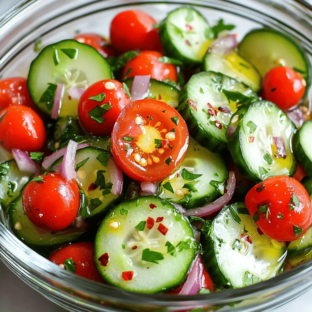 - 2 large cucumbers, thinly sliced - 2 cups cherry tomatoes, halved - 1/4 red onion, thinly sliced - 1/4 cup fresh parsley, finely chopped - 1/4 cup extra virgin olive oil - 3 tablespoons apple cider vinegar - 1 tablespoon honey (or maple syrup for a vegan option) - 1 teaspoon dried oregano - Salt and freshly cracked black pepper to taste - 1/4 teaspoon red pepper flakes (optional for a spicy kick) - Fresh herbs like basil or mint - A pinch of cayenne for extra spice When slicing cucumbers, aim for thin, even pieces. This helps the flavors soak in well. For tomatoes, halving cherry tomatoes keeps their juicy goodness. Use ripe ingredients for the best taste. Fresh herbs add bright notes. Always wash your veggies before slicing to keep them clean. To start, you need to slice the cucumbers and tomatoes. Take two large cucumbers and cut them into thin rounds. This will help them soak up the dressing better. Next, grab two cups of cherry tomatoes. Halve each tomato and add them to a big mixing bowl. This mix will look bright and colorful. Now, let’s prepare the red onion. Take 1/4 of a red onion and slice it thinly. Thin slices make it easier to eat and blend flavors well. Add the red onion to the bowl with the cucumbers and tomatoes. Now, it's time to make the dressing. In a small bowl, combine 1/4 cup of extra virgin olive oil, 3 tablespoons of apple cider vinegar, and 1 tablespoon of honey. Use honey or maple syrup if you want a vegan option. Next, add 1 teaspoon of dried oregano and a pinch of salt and pepper. If you like a bit of heat, toss in 1/4 teaspoon of red pepper flakes. Whisk these ingredients together until they blend well. This process is called emulsifying. A good dressing should look smooth and unified. Next, drizzle your dressing over the cucumber and tomato mix. Use gentle motions to toss the vegetables. Make sure every piece gets coated in that zesty dressing. Then, fold in 1/4 cup of finely chopped fresh parsley. This adds a lovely green touch and flavor. Cover the bowl with plastic wrap or transfer the salad to an airtight container. Place it in the fridge for at least 30 minutes. This marination time lets the flavors mingle and become even tastier. Before serving, give it a gentle toss again and taste. Adjust with more salt or pepper if needed. For the full recipe, check out the details above. To make your zesty marinated cucumbers and tomatoes shine, think about adding spices. Try garlic powder or cumin for a new twist. A little fresh mint can add a nice touch too. To balance acidity and sweetness, taste your dressing. If it feels too tangy, add a bit more honey. If it’s too sweet, add a splash of vinegar. This salad pairs well with grilled chicken or fish. The bright flavors cut through rich dishes nicely. For a beautiful presentation, serve it in a clear bowl. This lets the colors pop. You can also sprinkle feta cheese or extra parsley on top for a fancy look. One big mistake is over-marinating. If you leave it too long, the veggies can get mushy. Aim for about 30 minutes to 1 hour. Another issue is incorrect seasoning. Always start with a small pinch of salt. You can add more later, but it’s hard to fix if you add too much at first. {{image_4}} You can use many veggies in this zesty salad. Carrots add crunch, while bell peppers bring sweetness. Radishes give a peppery bite, and zucchini can add a fresh twist. Feel free to swap out ingredients based on the season. In summer, try adding fresh corn or snap peas. In fall, consider using roasted butternut squash for a warm touch. If you want to make the dressing vegan, replace honey with maple syrup. This keeps the flavor bright without any animal products. For those on a gluten-free diet, this recipe is naturally gluten-free. Just check your vinegar and sauces to ensure they meet your needs. You can play with flavors in fun ways. If you prefer sweet, add a touch more honey or even diced fruits like peaches or mangoes. For crunch, sprinkle in some toasted nuts or seeds. This adds a delightful texture that contrasts with the soft veggies. Adjusting these elements lets you create a dish that fits your taste perfectly. For the full recipe, you can explore the entire process in detail. To keep your zesty marinated cucumbers and tomatoes fresh, use an airtight container. Glass containers work best as they do not retain odors. You can also use plastic containers, but ensure they are BPA-free. Store the salad in the fridge for up to three days. This keeps the flavors vibrant and the veggies crisp. You can freeze marinated vegetables, but the texture may change. For best results, do not freeze the cucumbers and tomatoes together. Instead, freeze the dressing separately. To thaw, place the container in the fridge overnight. Serve the thawed salad cold for a refreshing treat. To keep your ingredients fresh longer, store cucumbers and tomatoes separately. Wrap cucumbers in paper towels to absorb moisture. Keep tomatoes at room temperature for better flavor. Signs of spoilage include soft spots and a sour smell. If you notice these, it’s best to discard the vegetables. Enjoy your zesty marinated cucumbers and tomatoes with proper care! The best marinating time is 30 minutes. This gives the cucumbers and tomatoes time to soak up the flavors. If you have more time, letting it sit for a few hours enhances the taste even more. Yes, you can use different vinegars like balsamic or red wine vinegar. Each type adds a unique twist. Balsamic brings sweetness, while red wine adds a richer flavor. Experiment and find your favorite! The salad lasts about 2 to 3 days in the fridge. To keep the flavor fresh, store it in an airtight container. Avoid adding too much dressing before storing, as it can make the veggies soggy. To add heat, try these options: - Add more red pepper flakes. - Mix in sliced jalapeños. - Use a splash of hot sauce. These ingredients bring a nice kick without overpowering the fresh flavors. In this blog post, we explored how to prepare a delicious marinated salad. We covered key ingredients like cucumbers, tomatoes, and fresh herbs, along with tips for slicing and dressing. You learned how to enhance flavors, avoid common mistakes, and store leftovers properly. Remember, the best salads balance taste and freshness. Experiment with different ingredients and techniques to make it your own. This simple dish can fit any meal and impress your guests. Enjoy your salad-making journey!