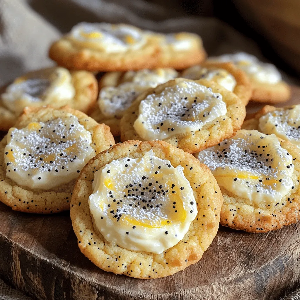 For these tasty cookies, you need some key ingredients. Here’s what you will gather: - 1 cup cream cheese, softened to room temperature - 1/2 cup unsalted butter, softened - 3/4 cup granulated sugar - 1 large egg, at room temperature - 1 tablespoon fresh lemon zest - 2 tablespoons freshly squeezed lemon juice - 1 1/2 cups all-purpose flour - 1/2 teaspoon baking powder - 1/4 teaspoon baking soda - 1/4 teaspoon fine salt - 2 tablespoons poppy seeds - Powdered sugar, for dusting These ingredients blend well to create a creamy, zesty dough. The cream cheese gives a rich flavor, while lemon zest and juice add a bright kick. You can enhance the taste with a few optional ingredients. Some great choices include: - 1 teaspoon vanilla extract - A pinch of almond extract - Chopped nuts, like walnuts or pecans These extras can add depth and a unique twist to your cookies. Feel free to mix and match to find your favorite blend! To bake these cookies, you’ll need some basic kitchen tools: - Mixing bowls - Electric mixer - Measuring cups and spoons - Baking sheets - Parchment paper - Cooling rack Having these tools ready makes the baking process smooth and easy. It helps you focus on creating those delicious lemon poppy seed cheesecake cookies. For the full recipe, don't forget to check out the detailed steps later! Before we start, I want to make sure everything is ready. Gather your ingredients on the counter. You will need: - 1 cup cream cheese, softened to room temperature - 1/2 cup unsalted butter, softened - 3/4 cup granulated sugar - 1 large egg, at room temperature - 1 tablespoon fresh lemon zest - 2 tablespoons freshly squeezed lemon juice - 1 1/2 cups all-purpose flour - 1/2 teaspoon baking powder - 1/4 teaspoon baking soda - 1/4 teaspoon fine salt - 2 tablespoons poppy seeds - Powdered sugar, for dusting Now, preheat your oven to 350°F (175°C). Line two baking sheets with parchment paper. This makes for easy cleanup later. In a large bowl, mix the softened cream cheese and unsalted butter. Use an electric mixer on medium speed. Mix until the blend is smooth and creamy. This takes about 2 minutes. Next, slowly add the granulated sugar to the bowl. Keep mixing until the mixture gets light and fluffy. This should take another 2-3 minutes. Now, add the egg, lemon zest, and lemon juice. Mix everything until it is well combined. In a separate bowl, whisk together the all-purpose flour, baking powder, baking soda, and fine salt. Carefully add the dry mix to the wet mix. Stir gently until just combined. Be careful not to overmix. This keeps your cookies nice and tender. Finally, fold in the poppy seeds evenly. Using a tablespoon, scoop out portions of the dough. Place them on the prepared baking sheets. Leave about 2 inches between each cookie. This space allows them to spread while baking. Bake the cookies in your preheated oven for about 12-15 minutes. Look for lightly golden edges and set centers. When done, let them cool on the baking sheets for 5 minutes. Then, transfer them to a wire rack to cool completely. Once cooled, dust them lightly with powdered sugar for a beautiful finish. Enjoy the delicious lemon poppy seed flavor in every bite. For the full recipe, check out the detailed instructions. Baking can be tricky, but I have tips to help. First, always measure your ingredients properly. Use a kitchen scale or dry measuring cups for accuracy. Too much flour makes cookies dry. Another common mistake is overmixing the dough. Mix until just combined to keep cookies tender. Also, avoid skipping the chilling step if you do. Chilling dough helps cookies spread less during baking. To get the right texture, focus on your cream cheese and butter. They should be at room temperature. This helps them mix smoothly. Also, don't forget to fold in the poppy seeds gently. Overworking the dough makes cookies tough. Bake until the edges are lightly golden. This gives a crisp outside and a soft inside. Presentation matters! Arrange your cookies on a nice platter. Add lemon slices or zest curls for a pop of color. Dusting with powdered sugar gives a lovely finish. Serve them with a cup of tea for a cozy touch. For a fun twist, try pairing them with lemon curd. These details make your cookies shine at any gathering. For the complete recipe, check the Full Recipe. {{image_4}} You can change the flavor of your cookies easily. Try using orange zest and juice instead of lemon. This twist gives the cookies a sweet and fresh taste. Orange poppy seed cookies are a fun option for a change. Just replace the lemon juice and zest with orange. The rest of the recipe stays the same. If you need a gluten-free version, swap all-purpose flour for a gluten-free blend. Make sure it has a good mix of starches and flours. For dairy-free cookies, use vegan cream cheese and dairy-free butter. This way, you can enjoy the same great taste without the dairy. Let your creativity shine by adding extras. You can fold in chocolate chips for a rich flavor. Dark or white chocolate works great. Nuts like walnuts or pecans add a nice crunch. Just remember to chop them finely before mixing. These additions make each bite even more exciting. For the full recipe of Lemon Poppy Seed Cheesecake Cookies, check the section above. To keep your cookies fresh, store them in an airtight container. This ensures they stay soft and tasty. You can layer the cookies between sheets of parchment paper. This helps avoid sticking. Keep the container in a cool, dry place. If you want to enjoy them later, consider freezing. You can freeze these cookies to enjoy later. First, let the cookies cool completely. Then, place them in a single layer on a baking sheet. Freeze until firm, about one hour. After that, transfer the cookies to a freezer-safe bag or container. Make sure to label it with the date. They can stay frozen for up to three months. These cookies stay fresh for about one week at room temperature. If you store them properly, they will taste great. For the best flavor, eat them within the first few days. If you freeze them, let them thaw at room temperature. This keeps the texture nice and soft. Enjoy these delicious treats from the [Full Recipe]! Yes, you can use mascarpone or ricotta cheese. Both add creaminess and flavor. However, each cheese will change the cookie’s taste slightly. I recommend sticking with cream cheese for the best results. Look for golden edges and set centers. The cookies should not be too soft in the middle. They will firm up as they cool. If you see slight browning, they are ready to come out. You can use sesame seeds or chia seeds. Both will add a nice crunch. If you want, you could skip the seeds altogether for a smoother texture. I love the flavor and look of poppy seeds, but alternatives work well too. For the full recipe, check out the details above and start baking! You learned how to make delicious lemon poppy seed cheesecake cookies. We covered the main ingredients and tools you need. I guided you through the steps to bake them perfectly. I also shared tips to avoid common mistakes and improve texture. You can even try fun flavor changes or storage tips. Baking is easy and fun with the right knowledge. Enjoy your cookies fresh or stored. Happy baking!