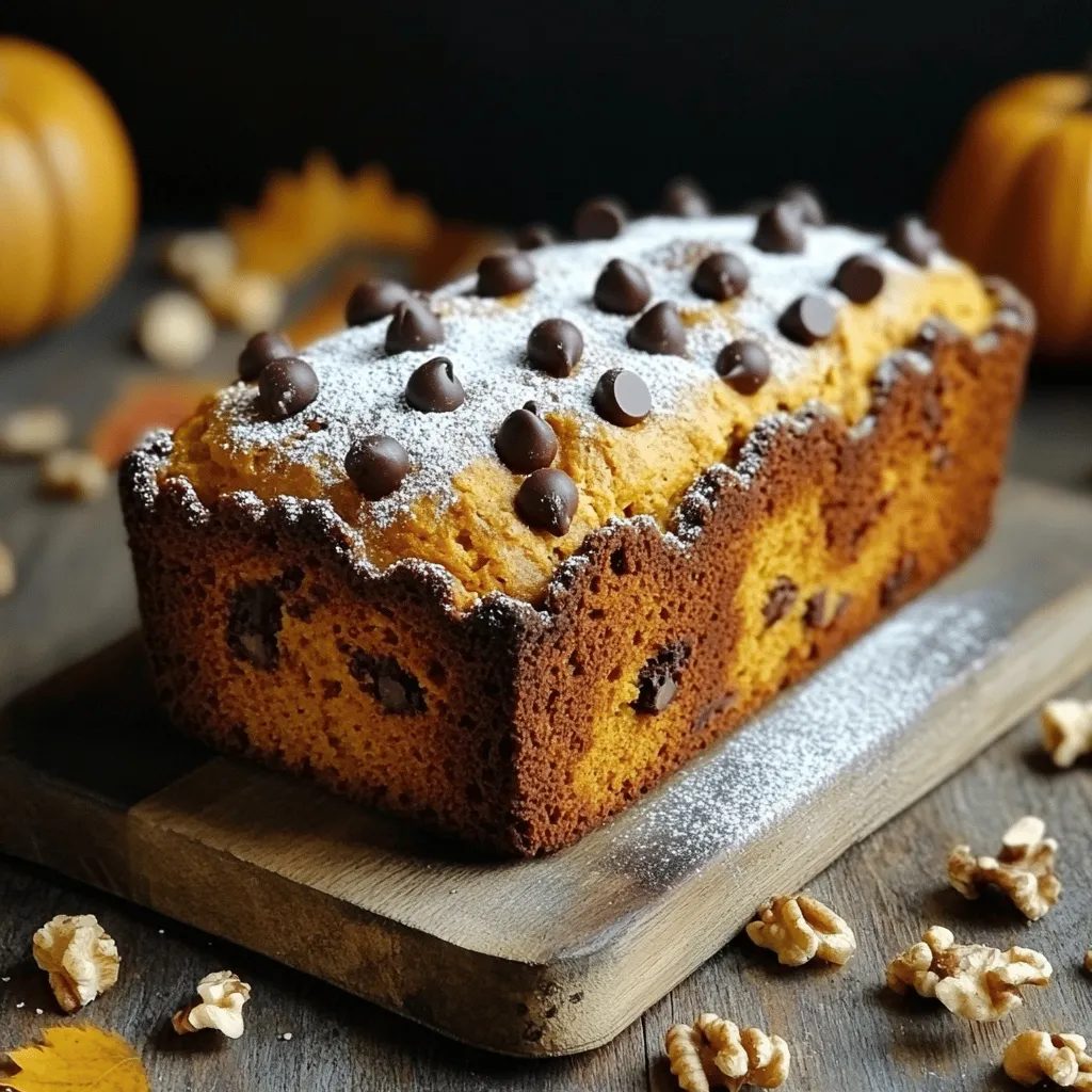 To make a rich and tasty pumpkin loaf, you need: - 1 ½ cups all-purpose flour - 1 teaspoon baking powder - 1 teaspoon baking soda - ½ teaspoon salt - Spices: 1 teaspoon ground cinnamon, ½ teaspoon ground nutmeg, ½ teaspoon ground ginger These dry ingredients create the perfect base. The flour gives structure. Baking powder and baking soda help it rise. The salt and spices add flavor and balance. Next, you need the wet ingredients: - ½ cup unsweetened applesauce - 1 cup pure pumpkin puree - ¾ cup granulated sugar - ½ cup packed brown sugar - 2 large eggs - ½ cup vegetable oil - 1 teaspoon vanilla extract These ingredients bring moisture and sweetness. The applesauce and pumpkin puree keep the loaf soft. The sugars add sweetness and a nice golden color. For extra flavor and texture, consider these add-ins: - ½ cup chopped walnuts or pecans - ½ cup chocolate chips These add-ins can make the loaf even more special. Nuts give a nice crunch, while chocolate adds a sweet surprise. You can mix and match based on your taste. For the full recipe, check out the complete guide to making this delicious treat. - Preheat to 350°F (175°C) - Grease or line a 9x5-inch loaf pan Start by preheating your oven to 350°F (175°C). This step is key for even baking. While the oven heats, grab your 9x5-inch loaf pan. You can grease it with a bit of oil or line it with parchment paper. Lining helps with easy removal after baking. - Combine flour, baking powder, baking soda, salt, and spices In a medium bowl, mix the dry ingredients. Combine 1 ½ cups of all-purpose flour, 1 teaspoon of baking powder, 1 teaspoon of baking soda, and ½ teaspoon of salt. Add in 1 teaspoon of ground cinnamon, ½ teaspoon of ground nutmeg, and ½ teaspoon of ground ginger. Whisk them together well, so there are no clumps. Set this bowl aside for later. - Mix applesauce, pumpkin puree, sugars, eggs, oil, and vanilla Now, let’s make the wet mixture. In a large bowl, combine ½ cup of unsweetened applesauce and 1 cup of pure pumpkin puree. Add ¾ cup of granulated sugar and ½ cup of packed brown sugar. Crack in 2 large eggs, then pour in ½ cup of vegetable oil and 1 teaspoon of vanilla extract. Beat this mixture until it's smooth and well mixed. - Fold dry mixture into wet mixture, avoiding overmixing Next, it’s time to bring the two mixtures together. Take the dry mixture and gradually fold it into the wet mixture. Use a silicone spatula to gently combine them. It’s okay if some lumps remain. Avoid overmixing; this keeps the loaf soft and moist. - Incorporate nuts or chocolate chips gently If you want to add some fun, now is the time! Fold in ½ cup of chopped walnuts or pecans, or ½ cup of chocolate chips if you like. Be gentle to keep the batter fluffy and light. - Pour batter into the pan and bake for 55-65 minutes Pour your batter into the prepared loaf pan. Use a spatula to smooth out the top. Place the loaf pan in your preheated oven. Bake for 55 to 65 minutes. To check if it’s done, insert a toothpick into the center. It should come out clean. If the top gets too brown, cover it loosely with foil for the last 10-15 minutes. To make your pumpkin loaf super moist, avoid overmixing. When you mix the wet and dry ingredients, do it gently. This keeps the loaf light and fluffy. Also, use fresh pumpkin puree if you can. It adds a richer flavor and moisture compared to canned puree. Watch your loaf while it bakes. If it gets too brown on top, cover it with aluminum foil. This helps it cook evenly without burning. To check if it’s done, insert a toothpick in the center. It should come out clean. If it has batter on it, bake a bit longer. Slice your warm loaf and serve it with butter or cream cheese. These pair well with the pumpkin flavor. For a nice touch, sprinkle powdered sugar on top. This adds a sweet finish and makes it look lovely. Enjoy each bite of this tasty treat, and share it with friends! {{image_4}} To make a gluten-free version, swap all-purpose flour with a gluten-free flour blend. Look for blends that include xanthan gum, as it helps with texture. You can measure it the same way as regular flour. This change keeps your loaf soft and moist. If you need a dairy-free option, replace eggs with flax eggs. Mix one tablespoon of ground flaxseed with three tablespoons of water. Let it sit for five minutes to thicken. For oil, use coconut oil or avocado oil instead of vegetable oil. Both will keep your loaf rich and tasty. To make your loaf even more exciting, add some citrus zest. A teaspoon of orange or lemon zest brightens the flavor. You can also fold in dried fruits like cranberries or raisins. They add sweetness and texture to the loaf. This way, you can customize your pumpkin loaf to fit your taste. For the complete recipe, check out the Full Recipe section. You can keep your pumpkin loaf fresh for three days. Wrap it well in plastic wrap. This helps lock in moisture. Place it in a cool, dry place. Avoid direct sunlight. If you notice it getting stale, you can toast slices for a warm treat. To store your loaf in the fridge, wrap it tightly in plastic wrap. This keeps it from drying out. It’s best to eat it within a week. You can also use an airtight container for extra protection. Just remember to let it cool before wrapping. Freezing your pumpkin loaf is a great option for later. First, slice the loaf into pieces. Wrap each slice in plastic wrap tightly. Then, place them in a freezer bag. This helps save space. When you want to enjoy a slice, take it out of the freezer. Let it thaw in the fridge or on the counter for a few hours. Enjoy the fresh taste! To make your pumpkin loaf extra moist, focus on key techniques and ingredients. First, use fresh pure pumpkin puree or a good quality canned one. This adds moisture and flavor. Next, add unsweetened applesauce; it keeps the loaf soft. Using vegetable oil instead of butter also helps. Oil locks in moisture better. Finally, avoid overmixing the batter. This keeps the loaf light and fluffy, resulting in a perfect texture. Yes, you can substitute unsweetened applesauce with other ingredients. Use mashed bananas or yogurt for a similar effect. Both will add moisture and flavor. You can also try pureed prunes for added sweetness. Each option will change the taste slightly, but they will keep your loaf moist. To enhance the flavor of your pumpkin loaf, consider adding spices and mix-ins. You can add chopped nuts like walnuts or pecans for a nice crunch. Chocolate chips are another great option for a sweet twist. Try adding spices like clove or allspice for an extra kick. If you love citrus, a bit of orange zest brightens the loaf beautifully. When stored properly, the pumpkin loaf lasts about 3-5 days at room temperature. Keep it in an airtight container to maintain moisture. If you want it to last longer, refrigerate it for up to a week. For longer storage, you can freeze it. Wrap it well and it can last for up to three months. Yes, you can make mini pumpkin loaves! Use a mini loaf pan instead of a standard one. Adjust the baking time to about 25-30 minutes. Check for doneness with a toothpick. When it comes out clean, the mini loaves are ready. This is a fun way to share them with friends! In this post, we covered the essential ingredients for a moist pumpkin loaf, how to bake it, and tips for perfecting your recipe. With this guide, you can make a delicious treat that’s great for any occasion. Remember to store your loaf well to ensure it stays fresh. Try different variations and enjoy the process. Baking is fun, and your pumpkin loaf will impress everyone. Happy baking!