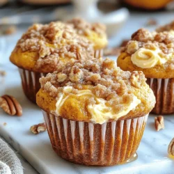 - 1 ½ cups all-purpose flour - 1 teaspoon baking powder - 1 teaspoon baking soda - ½ teaspoon salt - 1 teaspoon ground cinnamon - ½ teaspoon ground nutmeg - ½ teaspoon ground ginger - 1 cup canned pumpkin puree - ½ cup vegetable oil - 2 large eggs - ½ cup granulated sugar - ½ cup packed brown sugar - 1 teaspoon vanilla extract - 4 oz cream cheese, softened to room temperature - 1 tablespoon powdered sugar - ½ cup chopped pecans (optional) The combination of these ingredients creates a rich and flavorful muffin. The dry ingredients bring structure, while the wet ones add moisture and sweetness. The cream cheese filling gives a delightful surprise in each bite. Using canned pumpkin puree makes it easy to enjoy that rich pumpkin flavor without the fuss. You can find it in most grocery stores. The spices—cinnamon, nutmeg, and ginger—add warmth and depth. For the cream cheese filling, make sure it’s soft. This helps it blend well with the powdered sugar. You can add chopped pecans for a crunchy streusel topping if you like. To make these muffins, gather all your ingredients. Each plays a key role in making them a delicious treat. Check out the Full Recipe for specific amounts and instructions to create this cozy delight. - Preheat oven to 350°F (175°C). - Prepare muffin tin with paper liners. Before you start, set your oven. This helps muffins rise well. I always use paper liners. They make cleanup easy and help with sticking. - Combine dry and wet ingredients separately. - Fold in wet ingredients into dry mixture. In one bowl, mix flour, baking powder, baking soda, salt, and spices. In another bowl, whisk together the sugars, pumpkin, oil, eggs, and vanilla. Now, gently add the wet mix to the dry mix. Stir until just combined. It’s okay if it’s a bit lumpy! - Whip cream cheese and powdered sugar. - Assemble muffins with pumpkin batter and cream cheese. In a small bowl, beat the cream cheese with powdered sugar until smooth. Next, fill each muffin liner halfway with pumpkin batter. Spoon in some cream cheese, then add more batter. Aim for about ¾ full in each liner. - Prepare streusel topping. - Sprinkle streusel on filled muffin liners. For the streusel, mix flour, brown sugar, and butter in a small bowl. Use a fork to combine until crumbly. If you like, add chopped pecans for crunch. Now, sprinkle this topping over the muffins. - Bake muffins and check doneness. - Cool down before serving. Put the muffin tin in the oven and bake for 20-22 minutes. Check doneness with a toothpick. If it comes out clean, they are ready! Let them cool in the tin for 5 minutes. Then, move them to a wire rack to cool completely. Enjoy your delicious muffins! For more details, check the Full Recipe. To make the best streusel pumpkin cream cheese muffins, focus on two key points. First, avoid overmixing the batter. This keeps your muffins light and fluffy. Stir just until you see no dry flour. A few lumps are okay; they help keep the muffins tender. Second, ensure the cream cheese is at room temperature. Soft cream cheese blends well with sugar, making a smooth filling. Cold cream cheese will form lumps, which you want to avoid. Once your muffins are baked, think about how to serve them. A drizzle of honey or maple syrup adds sweetness and moisture. This little touch brings out the pumpkin flavors. You can also garnish with a sprinkle of cinnamon. It not only looks nice but adds a warm spice aroma that fits perfectly. To boost the flavor of your muffins, use fresh spices. Ground spices can lose their strength over time. Freshly ground cinnamon, nutmeg, and ginger will make a big difference. You can also consider alternative sweeteners for the filling. Honey or agave syrup can give a different taste. These tweaks will make your muffins stand out even more. For the full recipe, check out the instructions provided. {{image_4}} You can easily change the taste of these muffins. Add chocolate chips for a sweet twist. Dried cranberries also give a nice tart flavor. You could even try different nuts. Walnuts or almonds work well. Just chop them up and mix them in. If you prefer gluten-free muffins, use gluten-free all-purpose flour. This swap keeps the muffins tasty. You might need to adjust the baking time slightly. Keep an eye on them to avoid overbaking. Want a different filling? Swap the cream cheese for ricotta or mascarpone. Both make the muffins rich and creamy. You can also try flavored cream cheese. This adds a fun twist to the classic recipe. For the full recipe, check the details above. Store your muffins in an airtight container at room temperature. This keeps them fresh and tasty. Enjoy them within 2-3 days for the best quality. If you want to keep them longer, refrigerate the muffins for up to a week. For even more time, freeze them. They can last for up to 3 months in the freezer. When you're ready to enjoy a muffin, warm it up in the microwave or the oven. If you freeze them, let them thaw first. This refreshes their texture and makes them taste fresh again. For the full recipe, check out the section above. Yes, you can prepare the batter a day in advance. Store the batter in the fridge. When you are ready to bake, take it out to warm slightly. This helps the muffins rise well. You can also bake them and keep them in an airtight container for a few days. If you want a different filling, try ricotta or mascarpone cheese. Greek yogurt can work too, though it may be a bit tangy. Just mix it with some sugar to sweeten it up. This keeps the muffins moist and tasty. To check for doneness, insert a toothpick into the center of a muffin. If it comes out clean, they are ready. If it has wet batter on it, bake a few more minutes. Keep an eye on them, so they don’t overbake. Yes, you can use fresh pumpkin puree. First, cook the pumpkin until soft, then mash or blend it. You may need a bit more or less than the canned version, so adjust the liquid in the recipe. Watch the baking time, as it may change. If your muffins turn out dense, try these tips. Make sure to measure your flour correctly. Overmixing can also cause this, so stir gently. Adding a bit more baking powder may help as well. This will make your muffins lighter and fluffier. This blog post guides you through making delicious pumpkin muffins with cream cheese filling. We explored dry and wet ingredients, including canned pumpkin and spices. You learned step-by-step instructions for mixing and baking, plus tips for perfect muffins. Variations let you customize flavors, while storage tips keep them fresh. In the end, these muffins are not just tasty; they’re fun to make. Enjoy sharing them with friends and family!
