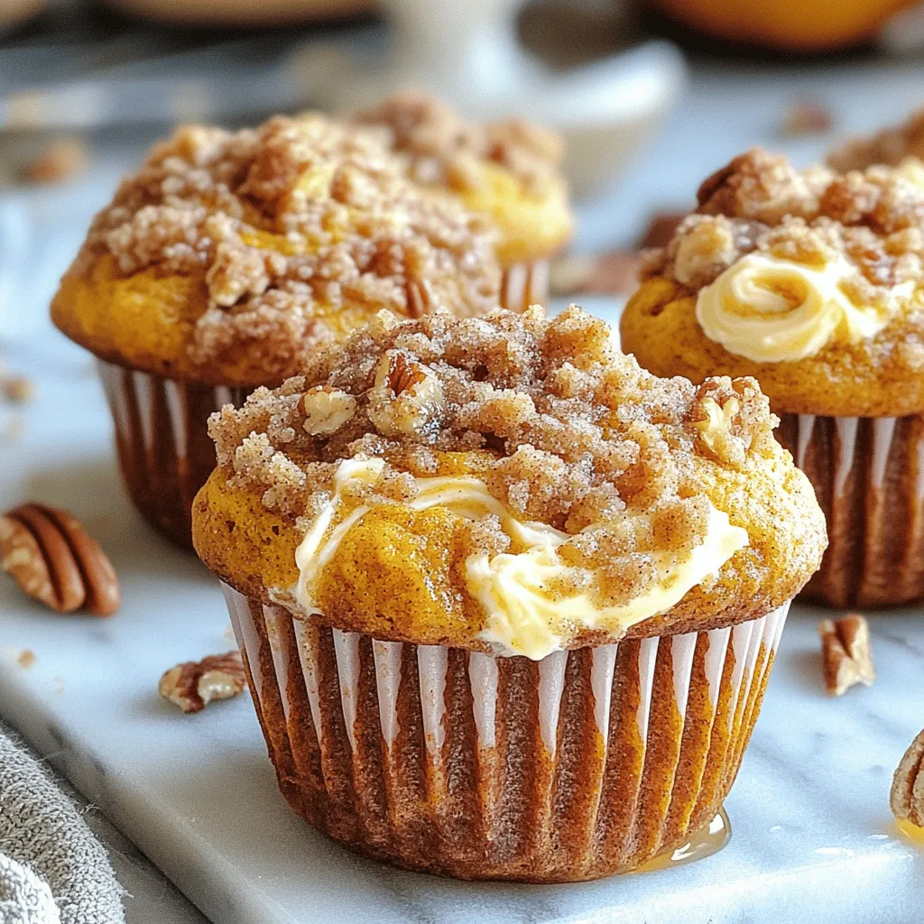 - 1 ½ cups all-purpose flour - 1 teaspoon baking powder - 1 teaspoon baking soda - ½ teaspoon salt - 1 teaspoon ground cinnamon - ½ teaspoon ground nutmeg - ½ teaspoon ground ginger - 1 cup canned pumpkin puree - ½ cup vegetable oil - 2 large eggs - ½ cup granulated sugar - ½ cup packed brown sugar - 1 teaspoon vanilla extract - 4 oz cream cheese, softened to room temperature - 1 tablespoon powdered sugar - ½ cup chopped pecans (optional) The combination of these ingredients creates a rich and flavorful muffin. The dry ingredients bring structure, while the wet ones add moisture and sweetness. The cream cheese filling gives a delightful surprise in each bite. Using canned pumpkin puree makes it easy to enjoy that rich pumpkin flavor without the fuss. You can find it in most grocery stores. The spices—cinnamon, nutmeg, and ginger—add warmth and depth. For the cream cheese filling, make sure it’s soft. This helps it blend well with the powdered sugar. You can add chopped pecans for a crunchy streusel topping if you like. To make these muffins, gather all your ingredients. Each plays a key role in making them a delicious treat. Check out the Full Recipe for specific amounts and instructions to create this cozy delight. - Preheat oven to 350°F (175°C). - Prepare muffin tin with paper liners. Before you start, set your oven. This helps muffins rise well. I always use paper liners. They make cleanup easy and help with sticking. - Combine dry and wet ingredients separately. - Fold in wet ingredients into dry mixture. In one bowl, mix flour, baking powder, baking soda, salt, and spices. In another bowl, whisk together the sugars, pumpkin, oil, eggs, and vanilla. Now, gently add the wet mix to the dry mix. Stir until just combined. It’s okay if it’s a bit lumpy! - Whip cream cheese and powdered sugar. - Assemble muffins with pumpkin batter and cream cheese. In a small bowl, beat the cream cheese with powdered sugar until smooth. Next, fill each muffin liner halfway with pumpkin batter. Spoon in some cream cheese, then add more batter. Aim for about ¾ full in each liner. - Prepare streusel topping. - Sprinkle streusel on filled muffin liners. For the streusel, mix flour, brown sugar, and butter in a small bowl. Use a fork to combine until crumbly. If you like, add chopped pecans for crunch. Now, sprinkle this topping over the muffins. - Bake muffins and check doneness. - Cool down before serving. Put the muffin tin in the oven and bake for 20-22 minutes. Check doneness with a toothpick. If it comes out clean, they are ready! Let them cool in the tin for 5 minutes. Then, move them to a wire rack to cool completely. Enjoy your delicious muffins! For more details, check the Full Recipe. To make the best streusel pumpkin cream cheese muffins, focus on two key points. First, avoid overmixing the batter. This keeps your muffins light and fluffy. Stir just until you see no dry flour. A few lumps are okay; they help keep the muffins tender. Second, ensure the cream cheese is at room temperature. Soft cream cheese blends well with sugar, making a smooth filling. Cold cream cheese will form lumps, which you want to avoid. Once your muffins are baked, think about how to serve them. A drizzle of honey or maple syrup adds sweetness and moisture. This little touch brings out the pumpkin flavors. You can also garnish with a sprinkle of cinnamon. It not only looks nice but adds a warm spice aroma that fits perfectly. To boost the flavor of your muffins, use fresh spices. Ground spices can lose their strength over time. Freshly ground cinnamon, nutmeg, and ginger will make a big difference. You can also consider alternative sweeteners for the filling. Honey or agave syrup can give a different taste. These tweaks will make your muffins stand out even more. For the full recipe, check out the instructions provided. {{image_4}} You can easily change the taste of these muffins. Add chocolate chips for a sweet twist. Dried cranberries also give a nice tart flavor. You could even try different nuts. Walnuts or almonds work well. Just chop them up and mix them in. If you prefer gluten-free muffins, use gluten-free all-purpose flour. This swap keeps the muffins tasty. You might need to adjust the baking time slightly. Keep an eye on them to avoid overbaking. Want a different filling? Swap the cream cheese for ricotta or mascarpone. Both make the muffins rich and creamy. You can also try flavored cream cheese. This adds a fun twist to the classic recipe. For the full recipe, check the details above. Store your muffins in an airtight container at room temperature. This keeps them fresh and tasty. Enjoy them within 2-3 days for the best quality. If you want to keep them longer, refrigerate the muffins for up to a week. For even more time, freeze them. They can last for up to 3 months in the freezer. When you're ready to enjoy a muffin, warm it up in the microwave or the oven. If you freeze them, let them thaw first. This refreshes their texture and makes them taste fresh again. For the full recipe, check out the section above. Yes, you can prepare the batter a day in advance. Store the batter in the fridge. When you are ready to bake, take it out to warm slightly. This helps the muffins rise well. You can also bake them and keep them in an airtight container for a few days. If you want a different filling, try ricotta or mascarpone cheese. Greek yogurt can work too, though it may be a bit tangy. Just mix it with some sugar to sweeten it up. This keeps the muffins moist and tasty. To check for doneness, insert a toothpick into the center of a muffin. If it comes out clean, they are ready. If it has wet batter on it, bake a few more minutes. Keep an eye on them, so they don’t overbake. Yes, you can use fresh pumpkin puree. First, cook the pumpkin until soft, then mash or blend it. You may need a bit more or less than the canned version, so adjust the liquid in the recipe. Watch the baking time, as it may change. If your muffins turn out dense, try these tips. Make sure to measure your flour correctly. Overmixing can also cause this, so stir gently. Adding a bit more baking powder may help as well. This will make your muffins lighter and fluffier. This blog post guides you through making delicious pumpkin muffins with cream cheese filling. We explored dry and wet ingredients, including canned pumpkin and spices. You learned step-by-step instructions for mixing and baking, plus tips for perfect muffins. Variations let you customize flavors, while storage tips keep them fresh. In the end, these muffins are not just tasty; they’re fun to make. Enjoy sharing them with friends and family!