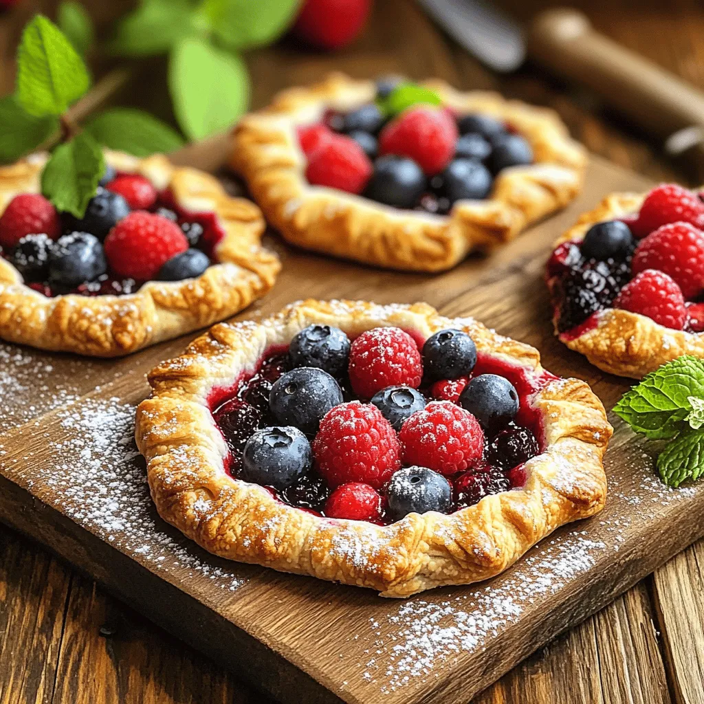 To make Summer Berry Mini Galettes, you need some simple and fresh ingredients. Here’s what you will need: - 1 ½ cups all-purpose flour - ½ teaspoon salt - 1 tablespoon granulated sugar - ½ cup cold unsalted butter, cut into small cubes - 4-5 tablespoons ice-cold water - 1 cup mixed summer berries (such as blueberries, raspberries, and diced strawberries) - 2 tablespoons granulated sugar (for the berry filling) - 1 tablespoon cornstarch - 1 teaspoon pure vanilla extract - 1 egg, beaten (for egg wash) - Turbinado sugar, for sprinkling Each ingredient plays a key role in creating the perfect balance of flavors and textures. The all-purpose flour gives the crust structure, while the cold butter makes it flaky. Ice-cold water helps keep the dough firm, ensuring a crisp base. Using mixed summer berries makes these galettes bright and juicy. You can choose your favorites, but a mix brings the best taste. The sugar and cornstarch help sweeten and thicken the berry filling. Finally, an egg wash makes the crust shine, while turbinado sugar adds a nice crunch. For the complete details on how to bring these flavors together, check out the Full Recipe. With these ingredients, you’ll create a dessert that is not only beautiful but also delicious! - Mixing dry ingredients: Start by taking a large bowl. Whisk together 1 ½ cups of all-purpose flour, ½ teaspoon of salt, and 1 tablespoon of granulated sugar. This mix gives your crust the right flavor and texture. - Incorporating butter into the mixture: Next, add ½ cup of cold unsalted butter, cut into small cubes. Use a pastry cutter or your fingertips. Mix until you see coarse crumbs with small pieces of butter. This step is key for a flaky crust. - Forming the dough: Gradually add 4-5 tablespoons of ice-cold water. Mix gently with a fork after each tablespoon. Stop when the dough starts to come together. Wrap it in plastic wrap and chill for at least 30 minutes. - Combining berries with sugars and cornstarch: In a separate bowl, take 1 cup of mixed summer berries. Add 2 tablespoons of sugar, 1 tablespoon of cornstarch, and 1 teaspoon of pure vanilla extract. - Gently mixing without crushing berries: Toss the berries carefully. You want to coat them well without smashing them. This keeps the filling fresh and juicy. - Rolling out the dough: Preheat your oven to 375°F (190°C). On a floured surface, roll out the chilled dough to about 1/8 inch thick. Use a round cutter or a plate to cut out 5-inch circles. - Filling and shaping the galettes: Place a generous tablespoon of the berry filling at the center of each dough circle. Fold the edges up towards the center, creating a rustic look while leaving the center open. Pinch the edges to hold. - Applying egg wash and sprinkling sugar: Brush each galette's surface with a beaten egg. Sprinkle turbinado sugar over the top for extra sweetness and a nice crunch. After following these steps, your Summer Berry Mini Galettes will be ready to bake! For the complete process, check the Full Recipe. - Set your oven to 375°F (190°C). This temperature gives a nice bake. - To get that golden color, watch the galettes closely. They should bake for 25-30 minutes. - Keep your butter cold. This helps make a flaky crust. Store the butter in the fridge until you are ready to use it. - If you don't have a rolling pin, use a wine bottle. Just be sure to flour it first. - Present your galettes on a rustic wooden board. Dust them with powdered sugar for a pretty look. - Pair them with whipped cream or ice cream for a special treat. You can also add fresh mint leaves for a pop of color. These tips will help you create the perfect Summer Berry Mini Galettes. For the full recipe, check the previous section! {{image_4}} You can swap berries for other fruits. Peaches and cherries work great too. Each fruit brings a new taste. Just remember to adjust the sugar based on how sweet your fruit is. For tart berries, add more sugar. For sweet fruits, you can cut back. Want to kick it up a notch? Add spices like cinnamon or nutmeg. Just a pinch can bring warm notes to your dessert. You can also infuse the crust with flavors. Try adding lemon zest or almond extract to the dough. Both will make your galettes extra special. If you need a gluten-free option, use almond flour or a gluten-free blend. Just be aware that it may change the texture a bit. For vegan galettes, replace the butter with coconut oil. Use a flax egg or applesauce instead of the regular egg wash. These adjustments make it easy for everyone to enjoy. Check out the Full Recipe for detailed steps to make your Summer Berry Mini Galettes irresistible! To keep your Summer Berry Mini Galettes fresh, store them properly. First, let them cool completely on a wire rack. Once cooled, place them in an airtight container. They will stay fresh in the fridge for about 3 days. If you want to keep them longer, you can freeze them. To freeze, wrap each galette in plastic wrap. Then place them inside a freezer-safe bag or container. This way, they can last up to 3 months. When ready to enjoy, you can thaw them overnight in the fridge. Reheating your galettes is simple and can bring back their crispy crust. The best way to reheat them is in the oven. Preheat your oven to 350°F (175°C). Place the galettes on a baking sheet and warm them for about 10-15 minutes. This method helps keep the crust crunchy and the filling warm. You can also use a microwave, but this may make the crust soft. If you choose the microwave, heat them in 30-second bursts until warm. However, for the best texture, stick to the oven method. These tips will help you enjoy your Summer Berry Mini Galettes at their best! For the complete recipe, check the Full Recipe section. Summer Berry Mini Galettes stay fresh for about 2–3 days. Store them in an airtight container at room temperature. They taste best when eaten fresh, but they can still be enjoyed later. If stored in the fridge, they may last up to a week, but the crust might lose some crispness. Yes, you can make the dough ahead of time. Wrap it tightly in plastic wrap and keep it in the fridge for up to 2 days. This helps the flavors develop and makes it easier to work with. You can also freeze the dough for up to a month. Just thaw it in the fridge before using. To thaw frozen galettes, place them in the fridge overnight. This method preserves their texture and taste. If you need them faster, you can leave them at room temperature for about 1–2 hours, but this may affect the crust's crispness. Yes, frozen berries work great in this recipe. They are often picked at peak ripeness and frozen quickly, so they taste amazing. Just make sure to drain any excess liquid before mixing them with sugar and cornstarch. This will help keep your galette from becoming too runny. To prevent sogginess, use a few simple tricks. First, sprinkle a bit of cornstarch on the dough before adding the filling. This creates a barrier that helps absorb excess juice. Second, avoid overfilling the galette. Lastly, bake them long enough to ensure the crust is golden and crisp. For more tips, check out the Full Recipe. In this post, we covered how to make delicious summer berry mini galettes. You learned about the key ingredients, step-by-step instructions, and helpful tips. Variations let you customize your galette with different fruits or dietary needs. Storing and reheating methods keep your dessert fresh for later. Remember, baking is fun and creative. Experiment with flavors and enjoy every bite of your galette!