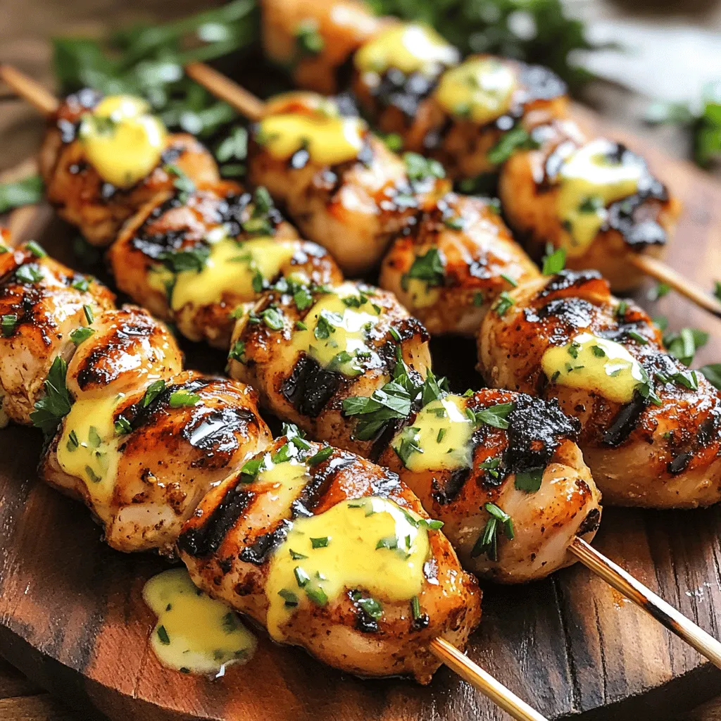 For these skewers, you need simple, fresh ingredients. Here's what to gather: - 1 lb boneless, skinless chicken thighs, cut into 1-inch cubes - 1/2 cup unsalted butter, softened to room temperature - 2 tablespoons extra virgin olive oil - 4 cloves garlic, finely minced - 1 tablespoon fresh parsley, chopped - 1 tablespoon fresh chives, finely chopped - 2 teaspoons smoked paprika - 1 teaspoon onion powder - 1 teaspoon cayenne pepper (adjust according to desired heat level) - Salt and pepper to taste - Zest and juice of 1 lemon - Skewers (if wooden, soaked in water for 30 minutes) These ingredients create the base for your Cowboy Butter and chicken. The chicken thighs are juicy, and the butter adds rich flavor. Spices and seasonings make this dish special. Here are the key players: - Smoked paprika gives a nice smoky flavor. It adds depth and warmth to the dish. - Onion powder adds sweetness without the texture of fresh onions. - Cayenne pepper gives a kick. You can adjust it to make it milder or spicier. - Garlic is a must. It brings a robust flavor that pairs well with chicken. - Fresh herbs like parsley and chives brighten the dish. They add color and freshness. Using these spices enhances the chicken's taste and creates a flavorful Cowboy Butter that coats it perfectly. Want to take your skewers to the next level? Here are some optional additions: - Add lemon zest for extra brightness. It enhances the flavors in the butter. - Toss in some other herbs, like thyme or rosemary, for a unique twist. - Try adding vegetables like bell peppers or onions on the skewers. They grill nicely and add color. These additions can enhance the dish and make it more fun. Get creative and adjust the flavors to your liking! For the full recipe, check out the details above. To start, grab a large mixing bowl. You’ll need to mix the softened butter and olive oil. Add in the minced garlic, chopped parsley, chives, smoked paprika, onion powder, and cayenne pepper. Squeeze in the lemon juice and zest. Season with salt and pepper. Stir until you have a smooth and fragrant Cowboy Butter mixture. This step is key for flavor! Next, cut the chicken thighs into 1-inch cubes. Add these pieces to your Cowboy Butter mixture. Toss them well to coat each piece in the mix. For the best taste, cover the bowl with plastic wrap. Let it chill in the fridge for at least 30 minutes, or up to 2 hours if you can wait. This marinating time allows the flavors to sink in. Now, preheat your grill to medium-high heat. If you’re using a charcoal grill, wait until the coals are white ash covered. Once marinated, take your chicken cubes and thread them onto skewers. Leave a little space between each piece to cook evenly. Place the skewers on the hot grill. Cook them for about 12-15 minutes. Remember to turn them often for even cooking. Your chicken is done when it reaches an internal temperature of 165°F (75°C). After grilling, let the skewers rest for a few minutes. This helps keep the chicken juicy. For a tasty presentation, drizzle any extra Cowboy Butter over the skewers. Add fresh herbs for color. Enjoy your meal! For the full recipe, check out the section above. To grill chicken well, start with a clean grill. Heat it to medium-high. This helps the chicken cook evenly. Use a meat thermometer to check the temperature. Chicken should reach 165°F (75°C). For extra flavor, brush the chicken with Cowboy Butter while grilling. This adds a rich taste and helps with browning. To keep chicken juicy, marinate it first. The Cowboy Butter mix adds moisture and flavor. Let the chicken sit in the marinade for at least 30 minutes. If you can, go for two hours. When cooking, do not overcrowd the grill. Give each piece space to breathe. This helps them cook evenly and stay moist. After grilling, let the skewers rest for a few minutes. This allows the juices to settle. For a great meal, serve the skewers on a large platter. Drizzle leftover Cowboy Butter over the chicken for extra flavor. Garnish with fresh herbs like parsley and chives. This adds color and freshness. Pair the skewers with grilled veggies or garlic bread. A fresh salad also works well. These sides balance the rich flavors of the chicken. For the full recipe, check out the details provided earlier. {{image_4}} You can swap chicken for other proteins. Try shrimp, beef, or pork. Each protein brings unique flavors. Shrimp cooks fast and adds a sweet touch. Beef works well with the butter's richness. Pork absorbs flavors and stays juicy. Use the same marinade for these proteins to keep that Cowboy Butter taste. Vegetarians can enjoy skewers too! Use hearty vegetables for great flavor and texture. Bell peppers, zucchini, and mushrooms are perfect choices. Cut them into bite-sized pieces. Toss them in the Cowboy Butter mix. You can also add tofu for protein. Grill until tender and slightly charred for a tasty bite. Change the flavor by using different marinades. Try a spicy Asian marinade with soy sauce and ginger. For a Mediterranean twist, use lemon and herbs. You can even make a sweet marinade with honey and mustard. Each variation brings new joy to your skewers. The key is to let the proteins soak up those flavors before grilling. For the full recipe, check out the Grilled Cowboy Butter Chicken Skewers instructions. After enjoying your grilled cowboy butter chicken skewers, you may have some left. To keep them fresh, place the cooled skewers in an airtight container. You can store them in the fridge for up to three days. If you want to keep them longer, consider freezing instead. When you are ready to enjoy your leftovers, reheating is key. For the best taste, use an oven or grill. Preheat your oven to 350°F (175°C). Place the skewers on a baking tray and cover them with foil. Heat for about 10-15 minutes until warmed through. On the grill, cook on low heat for about 5-7 minutes, turning regularly to avoid drying out. Freezing your skewers is a great way to save time. Wrap each skewer tightly in plastic wrap or foil. Place them in a freezer-safe bag or container. Mark the date and use them within three months for the best taste. When ready to use, thaw in the fridge overnight before reheating. This way, you keep the flavors fresh and tasty for your next meal. For complete details on making these delicious skewers, check out the Full Recipe. Cowboy butter is a mix of butter and spices. It adds a rich, tasty flavor. You make it by blending softened butter with garlic, herbs, and spices. The mix gives grilled meats a bold taste. It is great for chicken, steak, or even veggies. You can adjust the spices to fit your taste. Use this simple recipe to whip up some Cowboy Butter for your skewers. Yes, you can use chicken breast. Chicken thighs are juicy and flavorful. But chicken breast works well too. Just keep in mind that breast meat can dry out faster. If you choose breast, marinate it for a bit longer. This helps keep it moist and tasty. Cut the chicken into 1-inch cubes for even cooking, just like with thighs. The best way to check chicken is with a meat thermometer. Insert it into the thickest part of the chicken. The chicken is done when it reaches 165°F (75°C). If you don’t have a thermometer, cut a piece open. The meat should be white, with no pink inside. Let the skewers rest for a few minutes after grilling. This keeps them juicy and delicious. Grilled Cowboy Butter Chicken Skewers are a tasty treat. We explored key ingredients, spices, and optional flavors to enhance your dish. I shared step-by-step tips for marinating and grilling chicken perfectly. You learned smart grilling techniques for juicy results and fun serving ideas. We even discussed variations, storage, and common questions about the recipe. This dish is great for any cook. Enjoy experimenting with flavors, and have fun grilling!