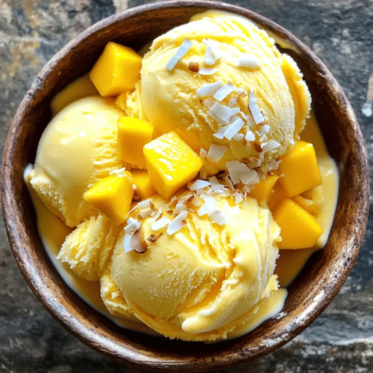 To make creamy mango ice cream, you will need: - 3 ripe mangoes, peeled and diced into small pieces - 1 cup heavy cream, chilled - 1 cup coconut milk, full-fat for richer flavor - 3/4 cup sweetened condensed milk - 1 tablespoon fresh lime juice - 1 teaspoon pure vanilla extract - A small pinch of salt Using ripe mangoes is key for great flavor. If you can’t find fresh mangoes, you can use frozen ones. They work well too. For dairy-free ice cream, swap heavy cream and coconut milk for almond or oat milk. Sweetened condensed milk can be replaced with agave syrup or maple syrup for a healthier option. Lime juice adds a fresh twist. You can use lemon juice if needed. Mangoes are not just tasty; they are good for you too! They are packed with vitamins A and C. These vitamins help your skin stay healthy. Mangoes also have antioxidants that fight free radicals. Eating mango can improve your digestion thanks to the fiber they contain. They are low in calories, so they make a nice treat without the guilt. Enjoying creamy mango ice cream means you get a delicious dessert and some health benefits too! To start, gather your ingredients. You need ripe mangoes, chilled heavy cream, coconut milk, sweetened condensed milk, lime juice, vanilla extract, and a pinch of salt. Next, peel and dice the mangoes into small pieces. Place these mango pieces into a blender. Add the heavy cream, coconut milk, sweetened condensed milk, lime juice, vanilla extract, and salt. Blend everything on high speed until the mixture is smooth and creamy. You want it lump-free. After blending, taste it. If you want it sweeter, add more sweetened condensed milk or some sugar. Blend again to mix. Now, pour this smooth mango mixture into your ice cream maker. Follow your ice cream maker's instructions. Usually, it takes about 20 to 25 minutes to churn until it looks like soft-serve ice cream. For a creamy texture, make sure your heavy cream is very cold. This helps the ice cream whip up nicely. Use ripe mangoes for the best flavor and smoothness. If your blender struggles, add a little more coconut milk to help it blend. Blend until it's silky; a bit of patience goes a long way here. Once the mixture is churned, transfer it to an airtight container. Use a spatula to smooth the top. Freeze this container for at least 4 hours. This allows the ice cream to firm up. When you're ready to serve, take it out of the freezer. Let it sit for a few minutes. This helps soften it for easier scooping. You can now enjoy your creamy mango ice cream! To make your mango ice cream creamy, use ripe mangoes. They add natural sweetness and smooth texture. Blend the mangoes well with heavy cream and coconut milk. Ensure there are no lumps in the mix. Churning at the right speed also helps. If your ice cream maker is slow, it might not mix well. Churn until it looks fluffy and soft, similar to soft-serve. Avoid using unripe mangoes. They can make your ice cream taste sour. Don’t skip the heavy cream or coconut milk. These add richness and creaminess. If the mixture is too sweet, it can freeze hard. Taste it before freezing. If it’s too sweet, adjust with lime juice or salt. Finally, don’t rush the freezing process. Give it enough time to firm up for the best scoop. Store your ice cream in an airtight container. This keeps it fresh and prevents ice crystals. To avoid freezer burn, press plastic wrap onto the surface before sealing. Keep your ice cream in the back of the freezer. This spot stays colder than the door. Remove it from the freezer a few minutes before serving for easy scooping. Enjoy your creamy mango ice cream! Find the full recipe [here](#). {{image_4}} You can make a dairy-free version of mango ice cream. Use coconut cream instead of heavy cream. This keeps the creaminess while making it dairy-free. Use the same amount of coconut cream as heavy cream in the recipe. The coconut milk adds a tropical twist. You can also use almond milk for a lighter option. Blend it with the mango and follow the same steps as in the Full Recipe. Want to change the flavor a bit? Add fresh lime juice for a zesty pop. This brightens the mango taste. You can also mix in shredded coconut for added texture. Stir in about 1/2 cup of coconut when blending. If you love spices, try adding a pinch of cardamom or cinnamon. These spices add warmth and depth to your ice cream. Mixing mango with other fruits creates exciting new flavors. Combine mango with ripe pineapple for a tropical twist. Blend equal parts of diced mango and pineapple. This combo gives a sweet and tangy flavor. You can also try blending mango with berries like strawberries or blueberries. This adds a splash of color and a hint of tartness. Finding creamy mango ice cream is easy. You have many choices, from brands to local shops. When I think of creamy mango ice cream, a few brands stand out. Look for: - Häagen-Dazs: Their mango flavor is rich and smooth. - Ben & Jerry's: They often have mango flavors, too! - Talenti: Their gelato offers a unique, creamy texture. These brands are available in many grocery stores. Check the ice cream aisle for them. Local ice cream shops are gems for finding mango ice cream. They often make small batches with fresh ingredients. Ask around for shops that offer mango flavors. Many places have rotating flavors. Some shops to explore: - Scoop Shops: Look for small, artisan shops in your area. - Gelato Stores: They often have tropical flavors, including mango. - Farmers’ Markets: Vendors may sell homemade mango ice cream. Support local businesses and enjoy fresh tastes! If you prefer shopping online, you can find creamy mango ice cream there, too. Websites like Amazon or Instacart let you order from various brands. Some specialty ice cream companies ship directly to your door. Look for: - Jeni's Splendid Ice Creams: They offer unique flavors, including mango. - Salt & Straw: Known for creative flavors, they sometimes have mango options. Make sure to check shipping options and delivery times! For a delicious homemade option, don't forget to check out the Full Recipe. To store homemade mango ice cream, use an airtight container. This keeps air out and helps keep ice crystals from forming. Make sure to smooth the top before sealing. If you have space, cover the ice cream with plastic wrap before closing the lid. This extra layer seals in freshness. Yes, you can use frozen mango. Just thaw the mango pieces first. This helps blend them smoothly. Frozen mango can be just as tasty as fresh. Be sure to check the sweetness of the frozen mango. You may need to adjust the sweetened condensed milk in the recipe. Homemade mango ice cream lasts about two weeks in the freezer. After that, it may lose its texture and flavor. To enjoy the best taste, try to eat it within that time. Always check for any ice crystals or off flavors before serving. In this post, we explored how to make creamy mango ice cream. We discussed the essential ingredients and their health benefits. The step-by-step instructions ensure your ice cream turns out creamy every time. Tips and tricks helped you avoid common mistakes. We also shared variations and where to find the best mango ice cream. Making ice cream at home can be fun and rewarding. Enjoy experimenting with flavors and sharing your creations. You'll impress friends and family with your skills and delicious treats.