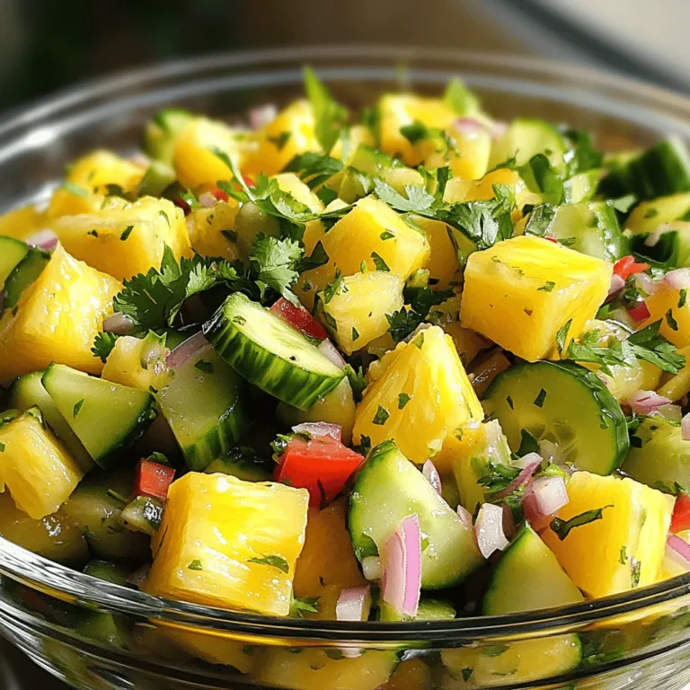 - Ripe pineapple - Large cucumber - Red bell pepper - Red onion This salad starts with ripe pineapple. Choose one that feels heavy and smells sweet. The large cucumber adds a crisp bite. I prefer Persian or English cucumbers because they have fewer seeds. Next, we add red bell pepper for color and sweetness. Lastly, a bit of red onion gives a nice crunch. It balances the sweet and savory notes. - Jalapeño - Fresh cilantro For a spicy kick, you can add jalapeño. Be sure to seed it before chopping. Fresh cilantro adds a bright taste. I love how it enhances the pineapple's sweetness. Feel free to leave out either if you prefer a milder salad. - Fresh lime juice - Honey or agave syrup - Salt The dressing is simple but tasty. Start with fresh lime juice for zesty flavor. You can use honey or agave syrup to add sweetness. A pinch of salt brings all the flavors together. This dressing will make your salad pop! For the full details, check the Full Recipe. 1. In a large mixing bowl, combine the diced pineapple, cucumber, red bell pepper, and red onion. 2. If you enjoy a bit of heat, add the minced jalapeño into the mix for an extra layer of flavor. 3. In a separate small bowl, whisk together the freshly squeezed lime juice, honey, and a pinch of salt until the honey dissolves. This creates a bright and zesty dressing. 4. Drizzle the dressing over the combined salad ingredients. 5. Gently toss everything together with a spatula or wooden spoon. Make sure all components are well-coated with the dressing. 1. Toss the salad again to combine all ingredients well. 2. Stir in the freshly chopped cilantro, giving the salad another light toss to mix in the herbs evenly. 3. Allow the salad to rest at room temperature for about 10 minutes. This helps the flavors meld and enhances the overall taste. 1. To serve, present the salad in a large bowl or individual dishes. 2. Garnish with extra cilantro leaves and a wedge of lime on the side. This adds color and offers an option for extra freshness. Try this Pineapple Cucumber Salad recipe for a refreshing dish that is perfect for any occasion. For the full recipe, check out the details above. Choosing a ripe pineapple A ripe pineapple is sweet and juicy. Look for a golden color on the outside. The leaves should be green and fresh. Press gently on the skin; it should yield slightly. Smelling the base can also help. If it smells sweet, it’s ready! Selecting the best cucumber For this salad, choose a large cucumber. Persian or English cucumbers are great options. They have fewer seeds and a thinner skin. Look for firm cucumbers with a bright color. Avoid ones with soft spots or wrinkles. Adjusting sweetness and sourness The balance of sweet and sour is key. Start with two tablespoons of lime juice. Add honey for sweetness, about one tablespoon. Taste as you go. If it’s too sweet, add more lime juice. If it’s too sour, add more honey. Find your perfect mix! Substituting vegan options You can easily make this salad vegan. Instead of honey, use agave syrup. It adds sweetness without any animal products. This simple swap keeps the salad fresh and tasty for everyone. Adding more herbs Herbs can take your salad to the next level. Try adding mint or basil for a fresh twist. Just chop them finely and mix them in. This adds depth and complexity to the dish. Complementing with proteins Adding proteins can make this salad a meal. Grilled chicken or shrimp pairs well with the flavors. For a vegan option, try chickpeas or tofu. Both add texture and nutrients, making the salad more filling. {{image_4}} You can change this salad with seasonal fruits. In summer, add juicy peaches or ripe strawberries. These fruits bring sweetness and a nice color. For fall, try diced apples or pears. They add crunch and a sweet flavor. For vegetables, you can swap in colorful bell peppers. Yellow or orange peppers taste sweet and look great. You can also use radishes for a spicy bite. They add a fun twist to your salad. A bright citrus-based dressing works wonders. Mix orange juice with lime for a fresh taste. You can also add a splash of lemon juice for extra zing. If you like it spicy, try a dressing with chili oil. Just a few drops can add the heat you crave. You could mix honey with sriracha for a sweet and spicy kick. This combination adds depth to the flavors. Try different dressings to find your favorite blend. Grilled chicken is an easy way to make this salad a meal. Chop the chicken into bite-sized pieces. Toss it in with the other ingredients for a filling dish. If you prefer plant-based options, add chickpeas or black beans. They boost protein and fiber. You could also try cubed tofu, which soaks up flavors well. Mix and match until you find what you love. For the complete recipe, check out the [Full Recipe]. To keep your Pineapple Cucumber Salad fresh, store it in an airtight container. This helps seal in moisture and flavor. Place the container in the fridge right after serving. The salad lasts about 2-3 days in the fridge, but it tastes best when fresh. To maintain the bright flavors, avoid mixing the dressing with the salad until ready to eat. If you store it together, the cucumber may get soggy. When you’re ready to serve, give it a gentle toss after adding the dressing. This keeps the salad crisp and vibrant. For easy meal prep, chop your pineapple, cucumber, and other veggies ahead of time. Store each in separate containers. On the day you plan to serve, mix the ingredients and add the dressing. This keeps everything fresh and helps save time. Enjoy the bright taste of this salad without the rush! How can I make Pineapple Cucumber Salad spicier? You can add more jalapeño or include some chopped chili. For heat lovers, try a pinch of cayenne pepper. Mix it in slowly to get the right spice level for you. Can I make this salad ahead of time? Yes, you can prep the salad a few hours in advance. Just wait to add the dressing until right before serving. This keeps the salad fresh and crisp. What are some good pairings for this salad? This salad pairs well with grilled fish or chicken. You can also serve it alongside tacos or rice dishes for a bright contrast. What are the health benefits of pineapple and cucumber? Pineapple is full of vitamin C and helps with digestion. Cucumber adds hydration and is low in calories. Together, they make a light and healthy dish. Is this salad suitable for a vegan diet? Yes! This salad is vegan-friendly. Just swap out honey for agave syrup in the dressing for a sweet taste without the animal product. What can I use instead of honey? You can use agave syrup or maple syrup. Both will add sweetness without changing the salad's taste. How can I replace cilantro if I dislike it? If you don’t like cilantro, try parsley or green onions. Both add a fresh taste without being overpowering. This blog post explored how to make a refreshing Pineapple Cucumber Salad. We covered the main ingredients and optional additions that enhance flavors. I shared simple steps for preparation, mixing, and serving. You can also customize the dressing and make it your own. Remember to store leftovers properly and feel free to experiment with seasonal ingredients. Enjoy this salad on hot days or any time you want a light, tasty dish. Keep it fun and personal by adding your favorite ingredients. Happy salad-making!