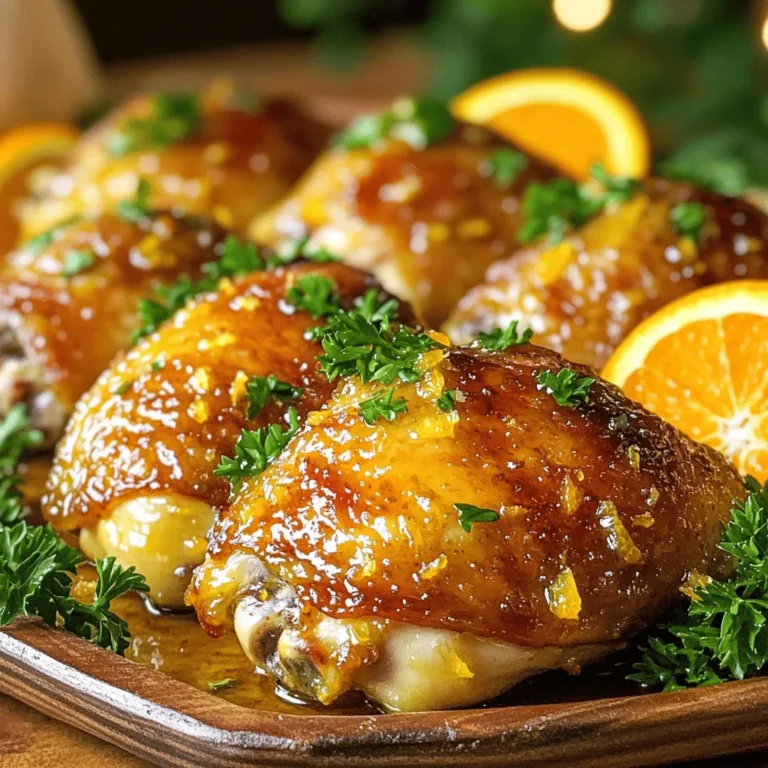 - 4 chicken thighs (skin-on, bone-in) - 1 large orange (for juice and zest) - 2 tablespoons high-quality olive oil - 3 cloves garlic, finely minced - 1 tablespoon fresh ginger, finely grated - 2 tablespoons honey (preferably raw) - 1 tablespoon soy sauce (or tamari for gluten-free) - 1 teaspoon smoked paprika - 1 teaspoon sea salt - ½ teaspoon freshly cracked black pepper - Fresh parsley - Orange slices for presentation The main ingredients form the heart of this dish. The chicken thighs give you rich flavor and tenderness. The orange juice and zest add a bright, citrusy kick. Olive oil helps the chicken crisp up nicely. Garlic and ginger introduce warmth. Honey balances flavors, while soy sauce adds depth. Smoked paprika brings a hint of smokiness. Salt and pepper enhance overall taste. For garnishes, fresh parsley adds color and freshness. Orange slices make your dish look inviting and tasty. Using these ingredients makes the roasted orange chicken a simple yet delicious meal. Don’t forget to check the Full Recipe for easy steps to follow! 1. Preheat your oven to 400°F (200°C). This step warms the oven for even cooking. 2. In a bowl, mix together the juice and zest of the orange. Add 2 tablespoons of olive oil, 3 minced garlic cloves, and 1 tablespoon of grated ginger. 3. Next, stir in 2 tablespoons of honey, 1 tablespoon of soy sauce, 1 teaspoon of smoked paprika, 1 teaspoon of sea salt, and ½ teaspoon of black pepper. Whisk until smooth. 1. Take 4 chicken thighs and place them in a large baking dish. 2. Pour the marinade over the chicken. Make sure each piece is well coated. 3. Let the chicken sit for at least 30 minutes at room temperature. For better flavor, refrigerate it for up to 2 hours. 1. After marinating, place the chicken skin-side up in the baking dish. Spread them out for even roasting. 2. Place the dish in the preheated oven. Roast the chicken for 35-40 minutes. 3. Use a meat thermometer to ensure the chicken reaches 165°F (75°C). This ensures it is safe to eat. 4. Once done, take the chicken out and let it rest for about 5 minutes. This helps keep the meat juicy. 5. Garnish with fresh parsley before serving. This adds color and freshness to your dish. For the full recipe, check the details above. For the best crispy skin, always place the chicken skin-side up. This allows the heat to circulate, crisping the skin perfectly. Make sure to space the chicken thighs well in the baking dish. If they are too close, they will steam instead of roast, and you’ll miss that amazing crunch. Marinating the chicken is key. I recommend marinating for at least 30 minutes. For even better flavor, let it sit in the fridge for up to 2 hours. After marinating, let the chicken rest for about 5 minutes before serving. This helps the juices settle, making every bite tender and juicy. A meat thermometer is your best friend. It helps ensure your chicken is cooked safely. The internal temperature should reach at least 165°F (75°C). This way, you avoid undercooked chicken and keep everyone safe. Plus, it helps you achieve that perfect doneness every time. {{image_4}} You can make roasted orange chicken using different cuts. Chicken breasts or drumsticks work well. If you use chicken breasts, they may cook faster. Keep an eye on them to avoid dryness. Drumsticks will give you juicy meat and crispy skin. Both options will soak up the orange flavor nicely. Want a kick? Add chili flakes or sriracha to the marinade. This heat pairs well with the sweet orange taste. Start with a pinch and add more if you like it spicy. This twist makes the dish exciting and fun for those who love heat. You can switch up the citrus fruits in this recipe. Try using lemon or lime instead of orange. They add a bright, zesty flavor. Lemon gives a fresh taste, while lime adds a tangy kick. Both options keep the recipe interesting and unique. To store leftover roasted orange chicken, let it cool first. Place the chicken in an airtight container. Store it in the fridge for up to three days. Make sure to keep the chicken away from strong-smelling foods. This helps to keep its flavor intact. Freezing is a great option if you want to save some chicken for later. First, let the chicken cool completely. Wrap each piece tightly in plastic wrap, then place in a freezer bag. Remove as much air as you can from the bag. You can freeze roasted orange chicken for up to three months. Label the bag with the date for easy tracking. When it’s time to enjoy your chicken again, reheating is key. The best method is to use the oven. Preheat your oven to 350°F (175°C). Place the chicken on a baking sheet and cover it with foil. Heat for about 15-20 minutes until warmed through. This keeps the chicken juicy and tasty. You can also use a microwave, but it may not keep the skin crispy. If you do use a microwave, heat in short bursts to avoid overcooking. Enjoy your delicious roasted orange chicken again! Roasted orange chicken takes about 50 minutes to cook. This includes 10 minutes of prep and 35-40 minutes of roasting. The size of the chicken thighs can change timing. Use a meat thermometer to check if the internal temperature hits 165°F (75°C). If the pieces are larger, they may need more time. Yes, you can use chicken breast. Chicken breasts cook faster than thighs. They can dry out if overcooked. For best results, reduce the cooking time to about 25-30 minutes. The flavor also differs; thighs are richer and juicier. Breasts are leaner, but they will still taste great in this dish. Several sides complement roasted orange chicken well. Here are some tasty options: - Steamed broccoli - Roasted sweet potatoes - Garlic mashed potatoes - A fresh green salad - Quinoa with herbs These sides enhance the meal and add vibrant colors to your plate. Enjoy experimenting with flavors! You learned how to make roasted orange chicken. We covered ingredients, step-by-step instructions, and tips. Crispy skin and rich flavor are key goals. Experiment with different chicken cuts or citrus fruits for variety. Don’t forget to store leftovers well for later enjoyment. Now, it’s your turn to try this recipe. Enjoy the bright flavor and take pride in your cooking!