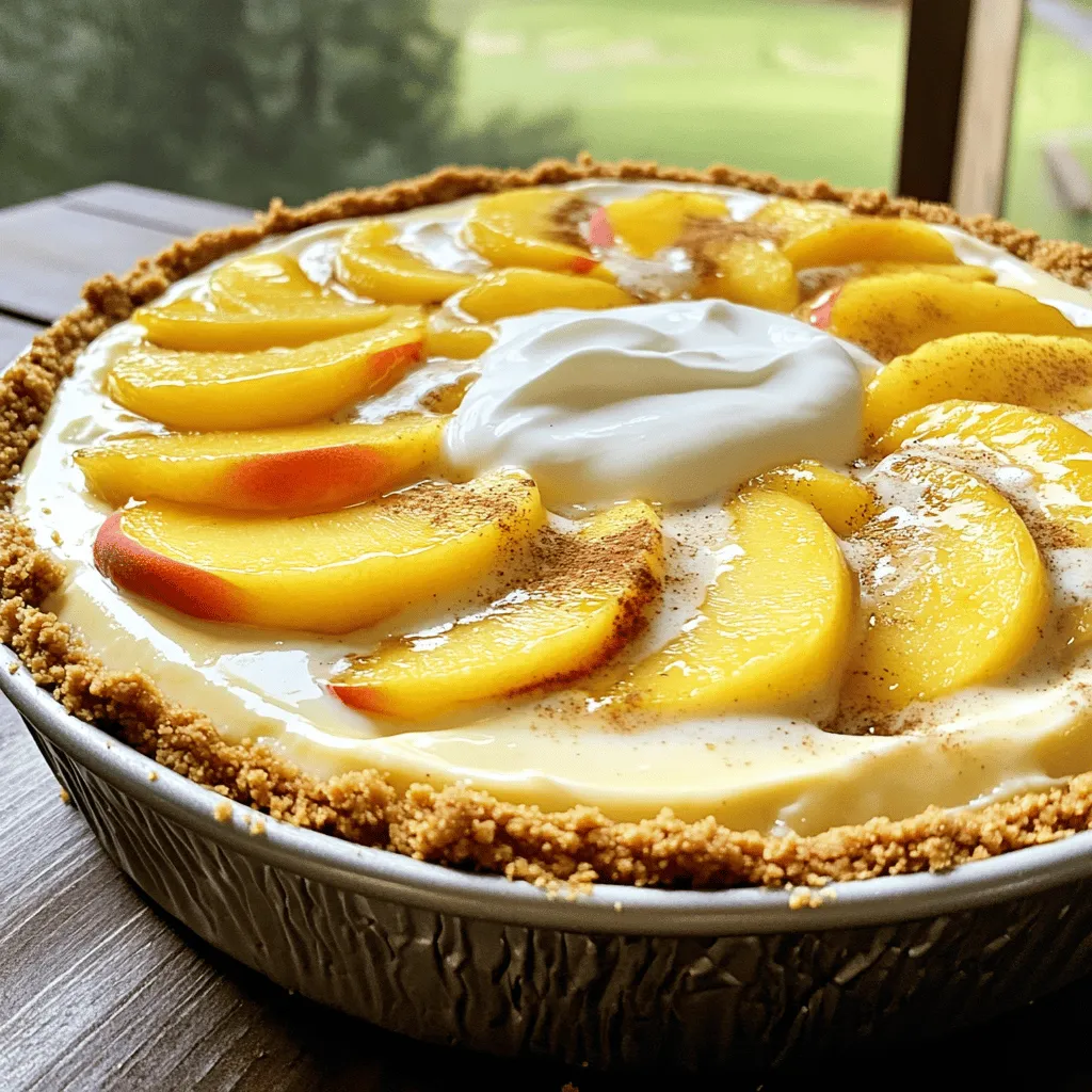 - 1 ½ cups crushed graham crackers - ½ cup unsalted butter, melted - 2 cups cream cheese, softened to room temperature - 1 cup granulated sugar - 1 teaspoon pure vanilla extract - 3 large eggs, at room temperature - 2 cups fresh peaches, peeled and sliced - 1 teaspoon ground cinnamon - ½ teaspoon ground nutmeg - 1 cup sour cream, softened - ¼ cup brown sugar For this Peach Cobbler Cheesecake, the key ingredients make it shine. The crushed graham crackers give a nice base. The melted butter binds them well. Cream cheese is essential for a creamy texture. Granulated sugar sweetens the filling just right. Fresh peaches bring a fruity burst. The spices, like cinnamon and nutmeg, add warmth. Sour cream gives a smooth finish, while brown sugar adds a hint of caramel. You can get creative with toppings! Here are some great options: - Extra sliced peaches for garnish - Whipped cream for a light touch - A sprinkle of cinnamon for flavor - Chopped nuts for crunch Pair your cheesecake with these treats for a special touch: - Vanilla ice cream for a cool contrast - A dollop of whipped cream for extra fluff - Fresh mint leaves for a pop of color - A drizzle of caramel sauce for sweetness These options will enhance your Peach Cobbler Cheesecake experience. Make it your own and enjoy every bite! For the full recipe, check the section above. Preheat your oven to 325°F (160°C). In a mixing bowl, combine the crushed graham crackers and melted butter. Stir the mixture until it looks like wet sand. Next, press this mixture firmly into the bottom of a 9-inch springform pan. Make sure it is even all over. Bake the crust for 8-10 minutes, or until it turns a light golden brown. Once baked, remove it from the oven and let it cool while you prepare the cheesecake filling. In a large mixing bowl, beat the softened cream cheese with the granulated sugar. Use an electric mixer on medium speed until it becomes smooth and creamy. Add the vanilla extract and mix until well combined. Now, add the eggs one at a time. Make sure each egg is fully mixed in before adding the next one. This step is key for a smooth texture in your cheesecake. Now, gently fold in the fresh peach slices, ground cinnamon, and nutmeg into the cheesecake mixture. Use a spatula for this to keep the peaches intact. Once everything is well mixed, carefully pour the filling over the cooled crust. Spread it out evenly. Place the cheesecake in the oven and bake for 50-60 minutes. The center should be just set but still jiggle slightly. Once done, let the cheesecake cool at room temperature for about an hour. Afterward, transfer it to the refrigerator. Chill it for at least 4 hours, or overnight for the best results. You can find the Full Recipe at the beginning of this article. To get the best texture in your peach cobbler cheesecake, use room temperature ingredients. Cream cheese blends better when it’s not cold. It helps to create a smooth filling. Also, avoid overmixing your batter. Mixing too much adds air and can cause cracks. One common mistake is baking too long. Keep an eye on your cheesecake. It should have a slight jiggle in the center when done. This means it will set perfectly as it cools. Skipping the chilling step is another big no. Chilling is key for a firm cheesecake, so resist the urge to cut it too soon. For the best taste, serve your cheesecake cold. This enhances all the flavors. Ideal garnishes include fresh peach slices or a sprinkle of cinnamon. Both add a nice touch and flavor boost. You can even drizzle some caramel sauce for extra sweetness. {{image_4}} You can change the flavor of your Peach Cobbler Cheesecake in fun ways. Try adding other fruits. Fresh blueberries or raspberries give a nice twist. Sliced strawberries also add a bright flavor. Mix and match to find your favorite! You can also infuse your cheesecake with spices. Nutmeg adds warmth and depth. Ginger gives a nice zing. Just a pinch of these spices can enhance the peach flavor. Experiment a little to see what you like best! If you need a gluten-free dessert, you can make a simple change. Use gluten-free graham crackers for the crust. They work well and taste just as good. For vegan options, replace cream cheese with a plant-based version. You can also use flax eggs instead of regular eggs. This keeps the texture creamy and rich. Make sure to check the labels to ensure all ingredients are vegan! Mini cheesecakes are a great option for parties. You can use a muffin tin to make them. Just use cupcake liners for easy removal. They bake faster, so check them at 25 to 30 minutes. Adjust your baking time to make sure they set properly. You want them to jiggle slightly but not be runny. Let them cool and chill as you would the larger cheesecake! To keep your Peach Cobbler Cheesecake fresh, use an airtight container. Glass or plastic containers work well. Make sure the cheesecake cools before sealing it. This step helps prevent moisture buildup. Store it in the refrigerator. It will stay fresh and tasty for up to five days. If you want to save some for later, freezing is a great option. First, let the cheesecake cool completely. Wrap it tightly in plastic wrap. Then, cover it with aluminum foil. This method keeps flavors intact and prevents freezer burn. To thaw, place it in the fridge overnight. This slow thawing keeps the texture smooth and creamy. How long does Peach Cobbler Cheesecake last in the fridge? It lasts about five days when stored properly. Always check for signs of spoilage. Look for mold or an off smell. If the texture seems grainy or watery, it’s best to discard it. Enjoy this delicious treat while it’s fresh! For the full recipe, check the earlier section. Peach cobbler cheesecake is a sweet dessert that mixes two favorites. It has a creamy cheesecake layer topped with fresh peaches and spices. The base is crispy, made from crushed graham crackers and butter. Each bite gives you the taste of peach cobbler with the smoothness of cheesecake. It’s a perfect treat for summer or any gathering. Yes, you can use canned peaches. They are convenient and save time. However, canned peaches may be softer and have more juice. This can change the texture of the cheesecake. If you use canned peaches, drain them well to avoid a soggy filling. Fresh peaches offer a firmer texture and brighter flavor. To check if your cheesecake is done, look for a slight jiggle in the center. The edges should be set while the middle wobbles just a bit when you move the pan. It will continue to cook as it cools. Avoid overbaking, as it can crack and become dry. Remember, a well-made cheesecake should be creamy and smooth. Yes, this cheesecake is great for make-ahead desserts. You can bake it a day before your event. After cooling, chill it in the fridge for at least four hours or overnight. This allows the flavors to blend well. Just add the topping close to serving time for freshness. This way, you can enjoy your gathering without stress. For the complete recipe, check the Full Recipe link. This blog post gave you a clear guide to making Peach Cobbler Cheesecake. You learned about the key ingredients and step-by-step instructions. I shared tips to avoid common mistakes and ways to customize your dessert. Don’t forget the storage info for leftovers and answers to your frequently asked questions. Making this cheesecake can be fun and rewarding. Enjoy telling everyone about your sweet creation. Happy baking!